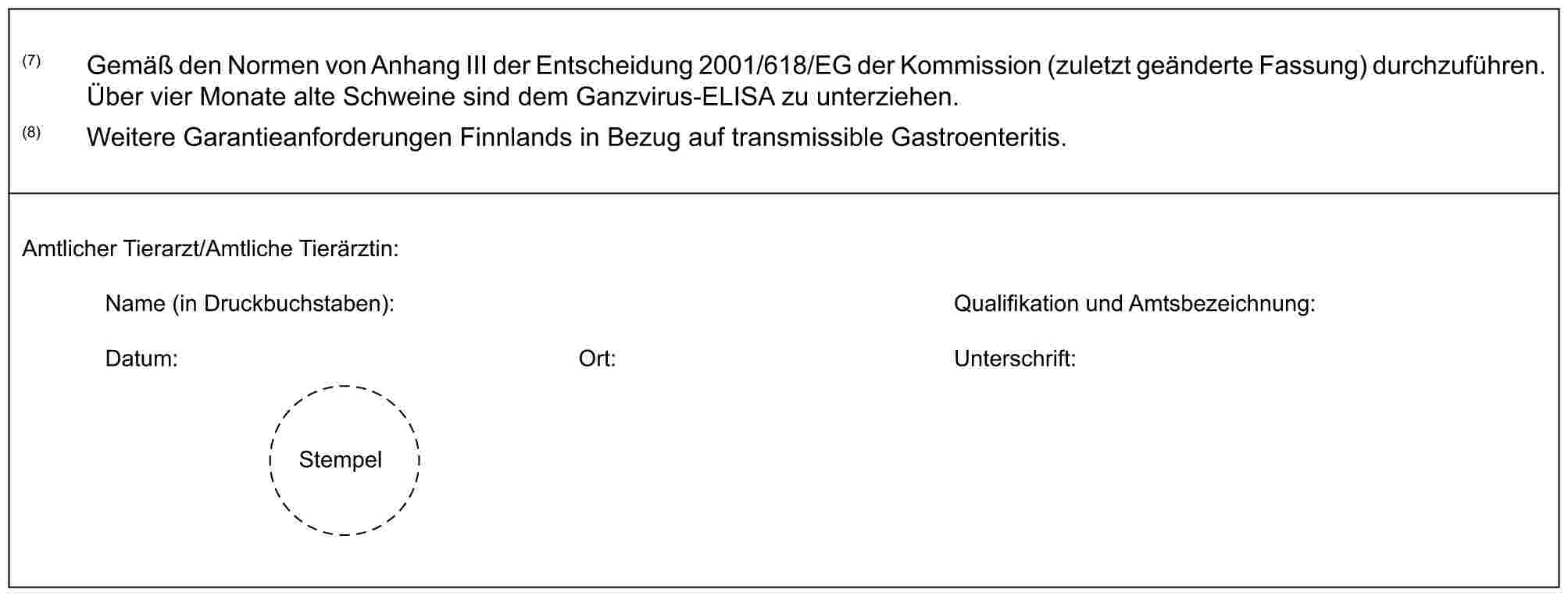 (7) Gemäß den Normen von Anhang III der Entscheidung 2001/618/EG der Kommission (zuletzt geänderte Fassung) durchzuführen. Über vier Monate alte Schweine sind dem Ganzvirus-ELISA zu unterziehen.(8) Weitere Garantieanforderungen Finnlands in Bezug auf transmissible Gastroenteritis.Amtlicher Tierarzt/Amtliche Tierärztin:Name (in Druckbuchstaben): Qualifikation und Amtsbezeichnung:Datum: Ort: Unterschrift:Stempel