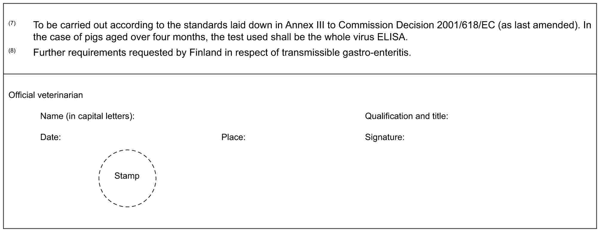 (7) To be carried out according to the standards laid down in Annex III to Commission Decision 2001/618/EC (as last amended). In the case of pigs aged over four months, the test used shall be the whole virus ELISA.(8) Further requirements requested by Finland in respect of transmissible gastro-enteritis.Official veterinarianName (in capital letters): Qualification and title:Date: Place: Signature:Stamp
