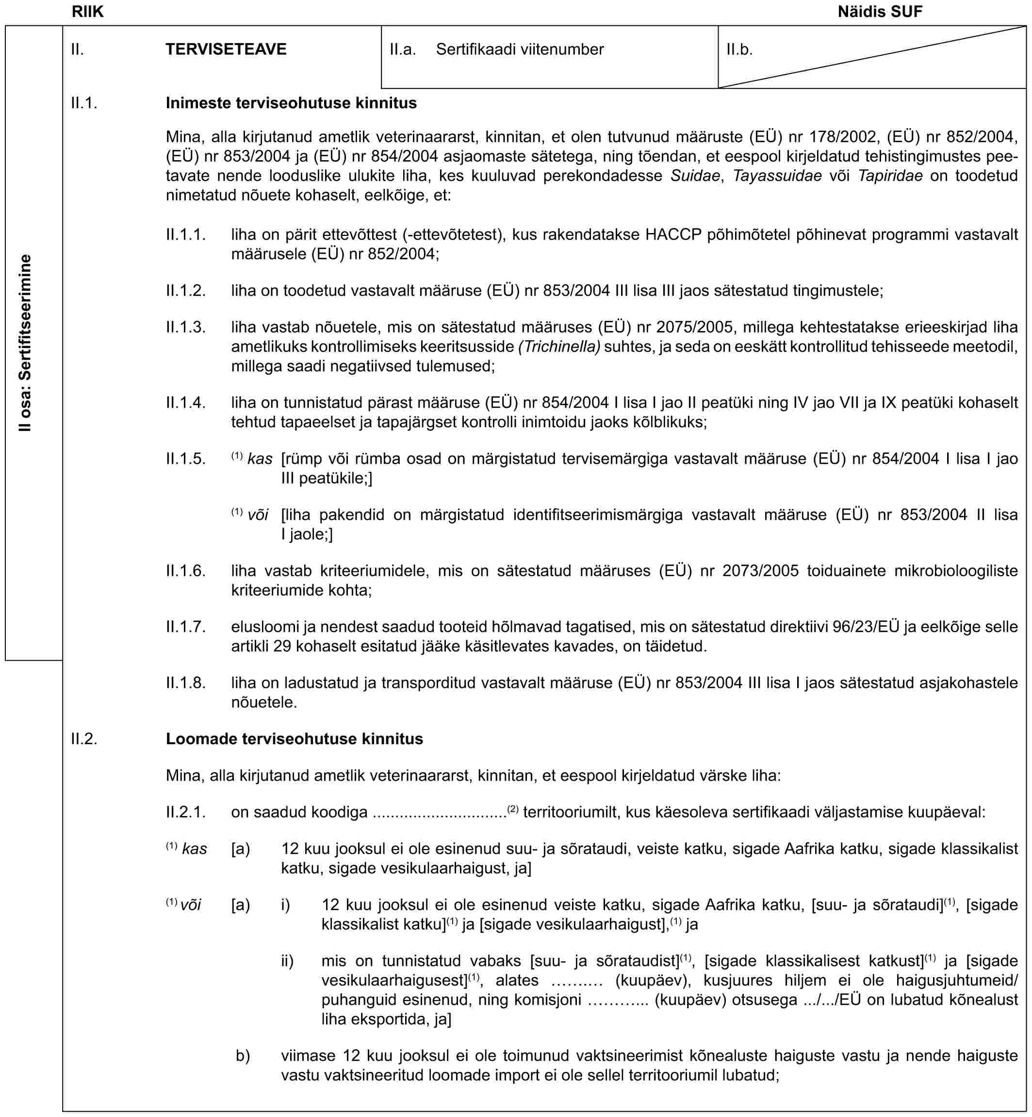 RIIK Näidis SUFII osa: SertifitseerimineII. TERVISETEAVEII.a. Sertifikaadi viitenumberII.b.II.1. Inimeste terviseohutuse kinnitusMina, alla kirjutanud ametlik veterinaararst, kinnitan, et olen tutvunud määruste (EÜ) nr 178/2002, (EÜ) nr 852/2004, (EÜ) nr 853/2004 ja (EÜ) nr 854/2004 asjaomaste sätetega, ning tõendan, et eespool kirjeldatud tehistingimustes peetavate nende looduslike ulukite liha, kes kuuluvad perekondadesse Suidae, Tayassuidae või Tapiridae on toodetud nimetatud nõuete kohaselt, eelkõige, et:II.1.1. liha on pärit ettevõttest (-ettevõtetest), kus rakendatakse HACCP põhimõtetel põhinevat programmi vastavalt määrusele (EÜ) nr 852/2004;II.1.2. liha on toodetud vastavalt määruse (EÜ) nr 853/2004 III lisa III jaos sätestatud tingimustele;II.1.3. liha vastab nõuetele, mis on sätestatud määruses (EÜ) nr 2075/2005, millega kehtestatakse erieeskirjad liha ametlikuks kontrollimiseks keeritsusside (Trichinella) suhtes, ja seda on eeskätt kontrollitud tehisseede meetodil, millega saadi negatiivsed tulemused;II.1.4. liha on tunnistatud pärast määruse (EÜ) nr 854/2004 I lisa I jao II peatüki ning IV jao VII ja IX peatüki kohaselt tehtud tapaeelset ja tapajärgset kontrolli inimtoidu jaoks kõlblikuks;II.1.5. (1) kas [rümp või rümba osad on märgistatud tervisemärgiga vastavalt määruse (EÜ) nr 854/2004 I lisa I jao III peatükile;](1) või [liha pakendid on märgistatud identifitseerimismärgiga vastavalt määruse (EÜ) nr 853/2004 II lisa I jaole;]II.1.6. liha vastab kriteeriumidele, mis on sätestatud määruses (EÜ) nr 2073/2005 toiduainete mikrobioloogiliste kriteeriumide kohta;II.1.7. elusloomi ja nendest saadud tooteid hõlmavad tagatised, mis on sätestatud direktiivi 96/23/EÜ ja eelkõige selle artikli 29 kohaselt esitatud jääke käsitlevates kavades, on täidetud.II.1.8. liha on ladustatud ja transporditud vastavalt määruse (EÜ) nr 853/2004 III lisa I jaos sätestatud asjakohastele nõuetele.II.2. Loomade terviseohutuse kinnitusMina, alla kirjutanud ametlik veterinaararst, kinnitan, et eespool kirjeldatud värske liha:II.2.1. on saadud koodiga ..............................(2) territooriumilt, kus käesoleva sertifikaadi väljastamise kuupäeval:(1) kas [a) 12 kuu jooksul ei ole esinenud suu- ja sõrataudi, veiste katku, sigade Aafrika katku, sigade klassikalist katku, sigade vesikulaarhaigust, ja](1) või [a) i) 12 kuu jooksul ei ole esinenud veiste katku, sigade Aafrika katku, [suu- ja sõrataudi](1), [sigade klassikalist katku](1) ja [sigade vesikulaarhaigust],(1) jaii) mis on tunnistatud vabaks [suu- ja sõrataudist](1), [sigade klassikalisest katkust](1) ja [sigade vesikulaarhaigusest](1), alates . (kuupäev), kusjuures hiljem ei ole haigusjuhtumeid/puhanguid esinenud, ning komisjoni …... (kuupäev) otsusega .../.../EÜ on lubatud kõnealust liha eksportida, ja]b) viimase 12 kuu jooksul ei ole toimunud vaktsineerimist kõnealuste haiguste vastu ja nende haiguste vastu vaktsineeritud loomade import ei ole sellel territooriumil lubatud;