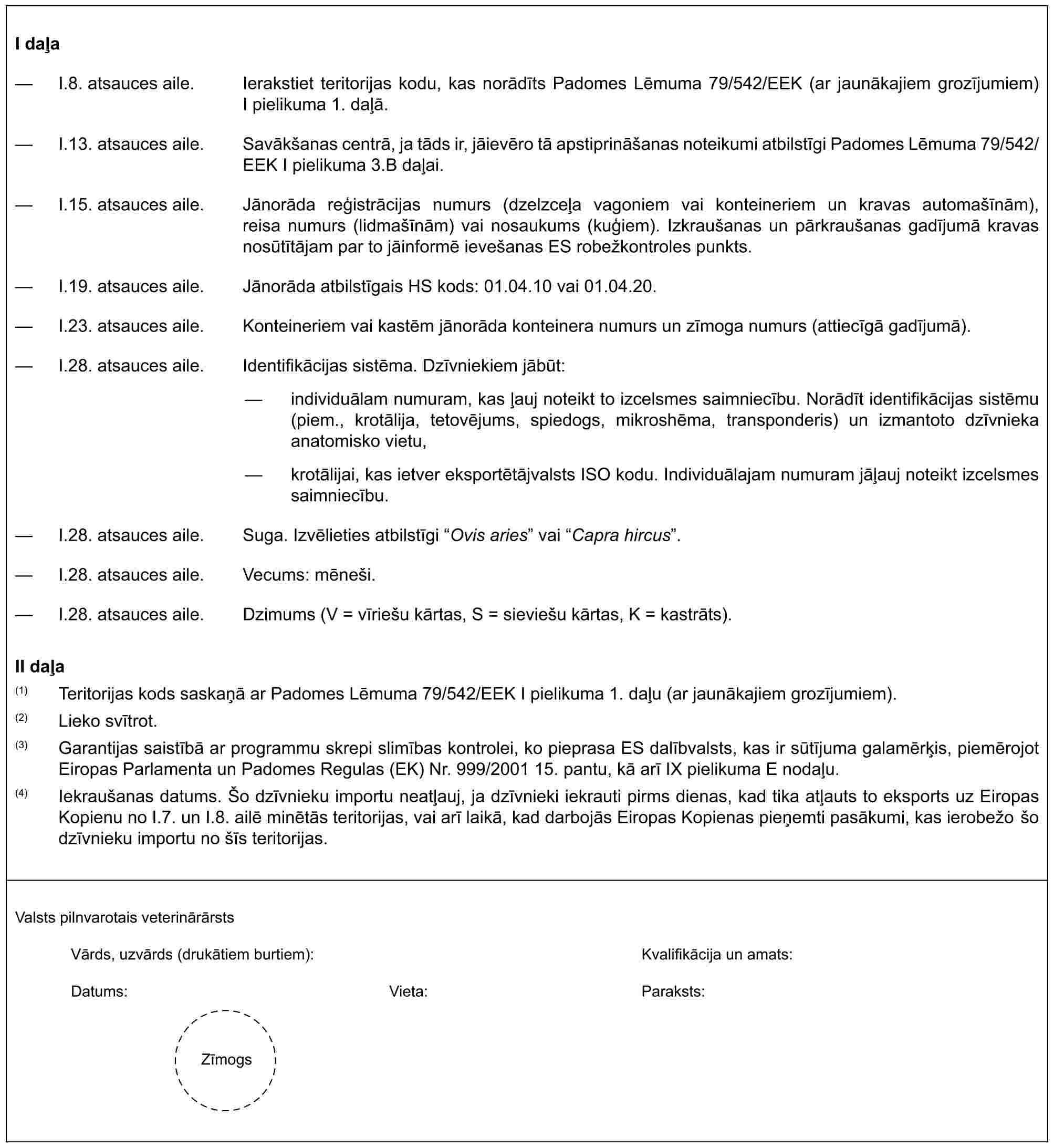 I daļa— I.8. atsauces aile. Ierakstiet teritorijas kodu, kas norādīts Padomes Lēmuma 79/542/EEK (ar jaunākajiem grozījumiem) I pielikuma 1. daļā.— I.13. atsauces aile. Savākšanas centrā, ja tāds ir, jāievēro tā apstiprināšanas noteikumi atbilstīgi Padomes Lēmuma 79/542/EEK I pielikuma 3.B daļai.— I.15. atsauces aile. Jānorāda reģistrācijas numurs (dzelzceļa vagoniem vai konteineriem un kravas automašīnām), reisa numurs (lidmašīnām) vai nosaukums (kuģiem). Izkraušanas un pārkraušanas gadījumā kravas nosūtītājam par to jāinformē ievešanas ES robežkontroles punkts.— I.19. atsauces aile. Jānorāda atbilstīgais HS kods: 01.04.10 vai 01.04.20.— I.23. atsauces aile. Konteineriem vai kastēm jānorāda konteinera numurs un zīmoga numurs (attiecīgā gadījumā).— I.28. atsauces aile. Identifikācijas sistēma. Dzīvniekiem jābūt:— individuālam numuram, kas ļauj noteikt to izcelsmes saimniecību. Norādīt identifikācijas sistēmu (piem., krotālija, tetovējums, spiedogs, mikroshēma, transponderis) un izmantoto dzīvnieka anatomisko vietu,— krotālijai, kas ietver eksportētājvalsts ISO kodu. Individuālajam numuram jāļauj noteikt izcelsmes saimniecību.— I.28. atsauces aile. Suga. Izvēlieties atbilstīgi “Ovis aries” vai “Capra hircus”.— I.28. atsauces aile. Vecums: mēneši.— I.28. atsauces aile. Dzimums (V = vīriešu kārtas, S = sieviešu kārtas, K = kastrāts).II daļa(1) Teritorijas kods saskaņā ar Padomes Lēmuma 79/542/EEK I pielikuma 1. daļu (ar jaunākajiem grozījumiem).(2) Lieko svītrot.(3) Garantijas saistībā ar programmu skrepi slimības kontrolei, ko pieprasa ES dalībvalsts, kas ir sūtījuma galamērķis, piemērojot Eiropas Parlamenta un Padomes Regulas (EK) Nr. 999/2001 15. pantu, kā arī IX pielikuma E nodaļu.(4) Iekraušanas datums. Šo dzīvnieku importu neatļauj, ja dzīvnieki iekrauti pirms dienas, kad tika atļauts to eksports uz Eiropas Kopienu no I.7. un I.8. ailē minētās teritorijas, vai arī laikā, kad darbojās Eiropas Kopienas pieņemti pasākumi, kas ierobežo šo dzīvnieku importu no šīs teritorijas.Valsts pilnvarotais veterinārārstsVārds, uzvārds (drukātiem burtiem):Kvalifikācija un amats:Datums:Vieta:Paraksts:Zīmogs