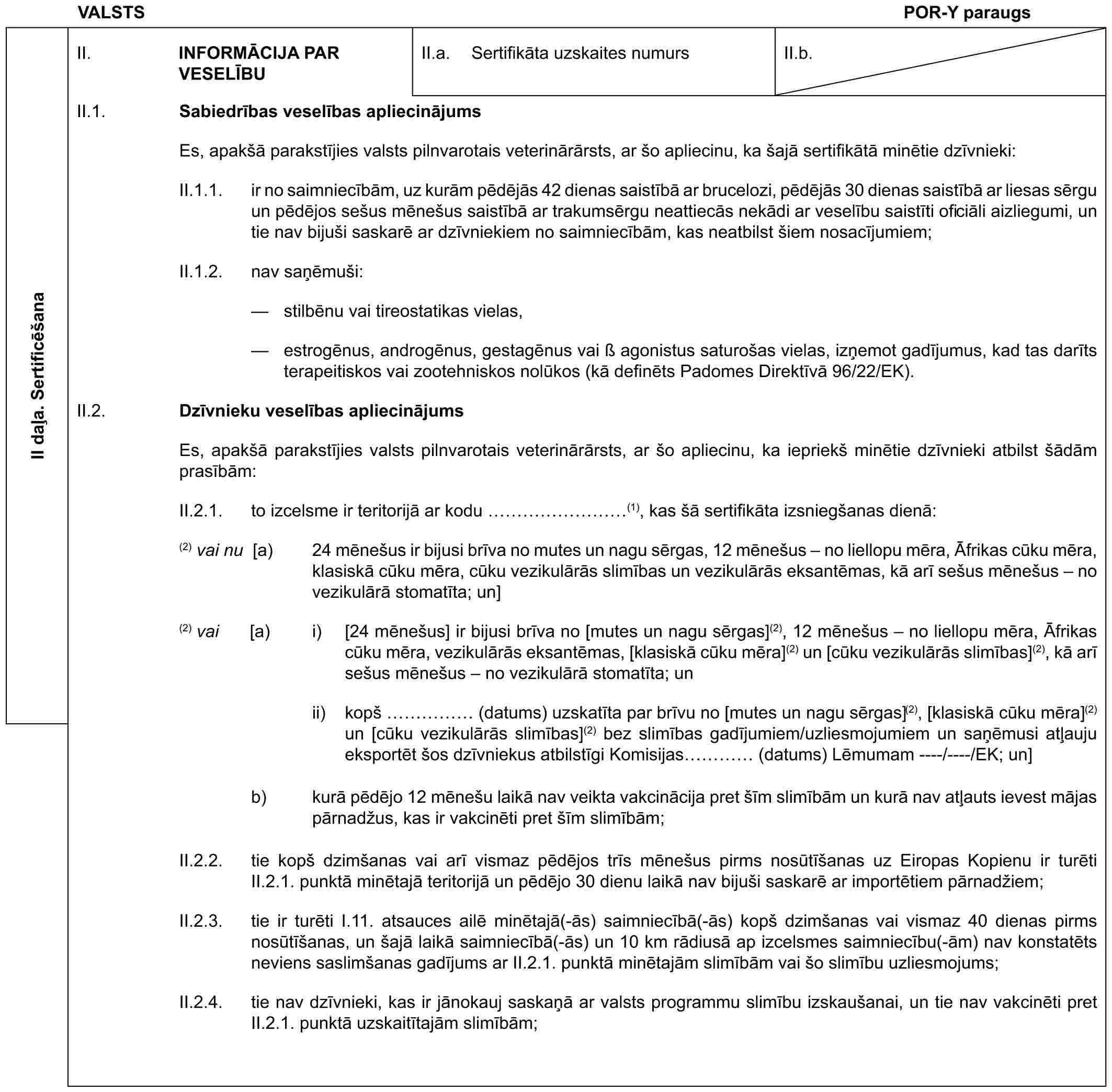 VALSTS POR-Y paraugsII daļa. SertificēšanaII. INFORMĀCIJA PAR VESELĪBUII.a. Sertifikāta uzskaites numursII.b.II.1. Sabiedrības veselības apliecinājumsEs, apakšā parakstījies valsts pilnvarotais veterinārārsts, ar šo apliecinu, ka šajā sertifikātā minētie dzīvnieki:II.1.1. ir no saimniecībām, uz kurām pēdējās 42 dienas saistībā ar brucelozi, pēdējās 30 dienas saistībā ar liesas sērgu un pēdējos sešus mēnešus saistībā ar trakumsērgu neattiecās nekādi ar veselību saistīti oficiāli aizliegumi, un tie nav bijuši saskarē ar dzīvniekiem no saimniecībām, kas neatbilst šiem nosacījumiem;II.1.2. nav saņēmuši:— stilbēnu vai tireostatikas vielas,— estrogēnus, androgēnus, gestagēnus vai ß agonistus saturošas vielas, izņemot gadījumus, kad tas darīts terapeitiskos vai zootehniskos nolūkos (kā definēts Padomes Direktīvā 96/22/EK).II.2. Dzīvnieku veselības apliecinājumsEs, apakšā parakstījies valsts pilnvarotais veterinārārsts, ar šo apliecinu, ka iepriekš minētie dzīvnieki atbilst šādām prasībām:II.2.1. to izcelsme ir teritorijā ar kodu ………(1), kas šā sertifikāta izsniegšanas dienā:(2) vai nu [a) 24 mēnešus ir bijusi brīva no mutes un nagu sērgas, 12 mēnešus – no liellopu mēra, Āfrikas cūku mēra, klasiskā cūku mēra, cūku vezikulārās slimības un vezikulārās eksantēmas, kā arī sešus mēnešus – no vezikulārā stomatīta; un](2) vai [a) i) [24 mēnešus] ir bijusi brīva no [mutes un nagu sērgas](2), 12 mēnešus – no liellopu mēra, Āfrikas cūku mēra, vezikulārās eksantēmas, [klasiskā cūku mēra](2) un [cūku vezikulārās slimības](2), kā arī sešus mēnešus – no vezikulārā stomatīta; unii) kopš …… (datums) uzskatīta par brīvu no [mutes un nagu sērgas](2), [klasiskā cūku mēra](2) un [cūku vezikulārās slimības](2) bez slimības gadījumiem/uzliesmojumiem un saņēmusi atļauju eksportēt šos dzīvniekus atbilstīgi Komisijas… (datums) Lēmumam ----/----/EK; un]b) kurā pēdējo 12 mēnešu laikā nav veikta vakcinācija pret šīm slimībām un kurā nav atļauts ievest mājas pārnadžus, kas ir vakcinēti pret šīm slimībām;II.2.2. tie kopš dzimšanas vai arī vismaz pēdējos trīs mēnešus pirms nosūtīšanas uz Eiropas Kopienu ir turēti II.2.1. punktā minētajā teritorijā un pēdējo 30 dienu laikā nav bijuši saskarē ar importētiem pārnadžiem;II.2.3. tie ir turēti I.11. atsauces ailē minētajā(-ās) saimniecībā(-ās) kopš dzimšanas vai vismaz 40 dienas pirms nosūtīšanas, un šajā laikā saimniecībā(-ās) un 10 km rādiusā ap izcelsmes saimniecību(-ām) nav konstatēts neviens saslimšanas gadījums ar II.2.1. punktā minētajām slimībām vai šo slimību uzliesmojums;II.2.4. tie nav dzīvnieki, kas ir jānokauj saskaņā ar valsts programmu slimību izskaušanai, un tie nav vakcinēti pret II.2.1. punktā uzskaitītajām slimībām;