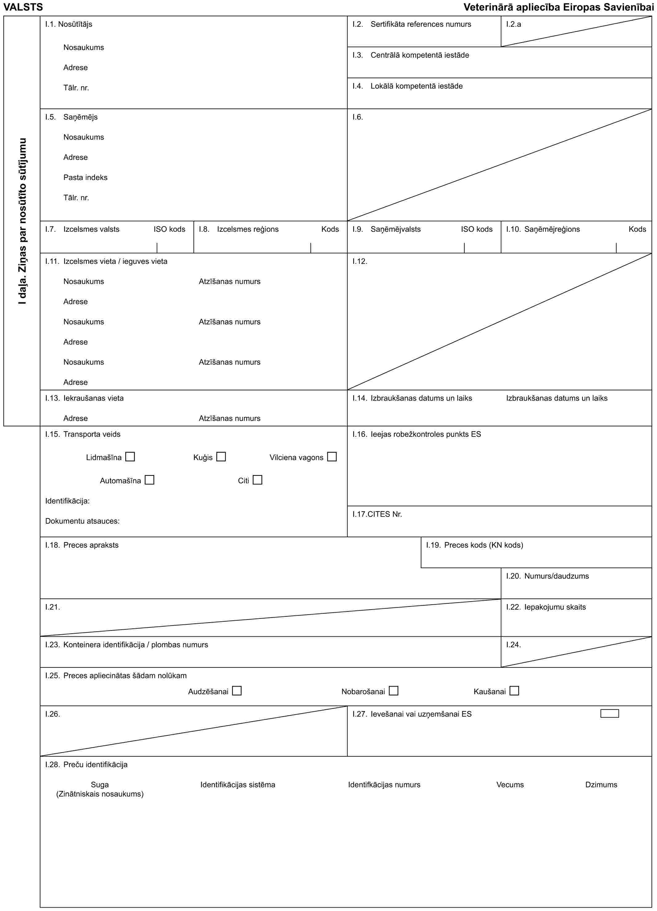VALSTSVeterinārā apliecība Eiropas SavienībaiI daļa. Ziņas par nosūtīto sūtījumuI.1. NosūtītājsNosaukumsAdreseTālr. nr.I.2. Sertifikāta references numursI.2.aI.3. Centrālā kompetentā iestādeI.4. Lokālā kompetentā iestādeI.5. SaņēmējsNosaukumsAdresePasta indeksTālr. nr.I.6.I.7. Izcelsmes valstsISO kodsI.8. Izcelsmes reģionsKodsI.9. SaņēmējvalstsISO kodsI.10. SaņēmējreģionsKodsI.11. Izcelsmes vieta / ieguves vietaNosaukumsAdreseNosaukumsAdreseNosaukumsAdreseAtzīšanas numursAtzīšanas numursAtzīšanas numursI.12.I.13. Iekraušanas vietaAdreseAtzīšanas numursI.14. Izbraukšanas datums un laiksIzbraukšanas datums un laiksI.15. Transporta veidsLidmašīnaKuģisVilciena vagonsAutomašīnaCitiIdentifikācija:Dokumentu atsauces:I.16. Ieejas robežkontroles punkts ESI.17.CITES Nr.I.18. Preces aprakstsI.19. Preces kods (KN kods)I.20. Numurs/daudzumsI.21.I.22. Iepakojumu skaitsI.23. Konteinera identifikācija / plombas numursI.24.I.25. Preces apliecinātas šādam nolūkamAudzēšanaiNobarošanaiKaušanaiI.26.I.27. Ievešanai vai uzņemšanai ESI.28. Preču identifikācijaSugaIdentifikācijas sistēmaIdentifkācijas numursVecumsDzimums(Zinātniskais nosaukums)