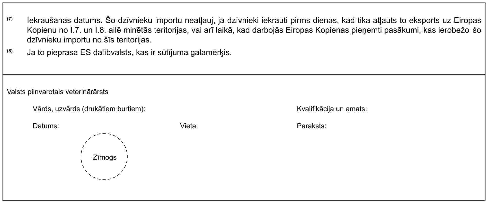 (7) Iekraušanas datums. Šo dzīvnieku importu neatļauj, ja dzīvnieki iekrauti pirms dienas, kad tika atļauts to eksports uz Eiropas Kopienu no I.7. un I.8. ailē minētās teritorijas, vai arī laikā, kad darbojās Eiropas Kopienas pieņemti pasākumi, kas ierobežo šo dzīvnieku importu no šīs teritorijas.(8) Ja to pieprasa ES dalībvalsts, kas ir sūtījuma galamērķis.Valsts pilnvarotais veterinārārstsVārds, uzvārds (drukātiem burtiem):Kvalifikācija un amats:Datums:Vieta:Paraksts:Zīmogs