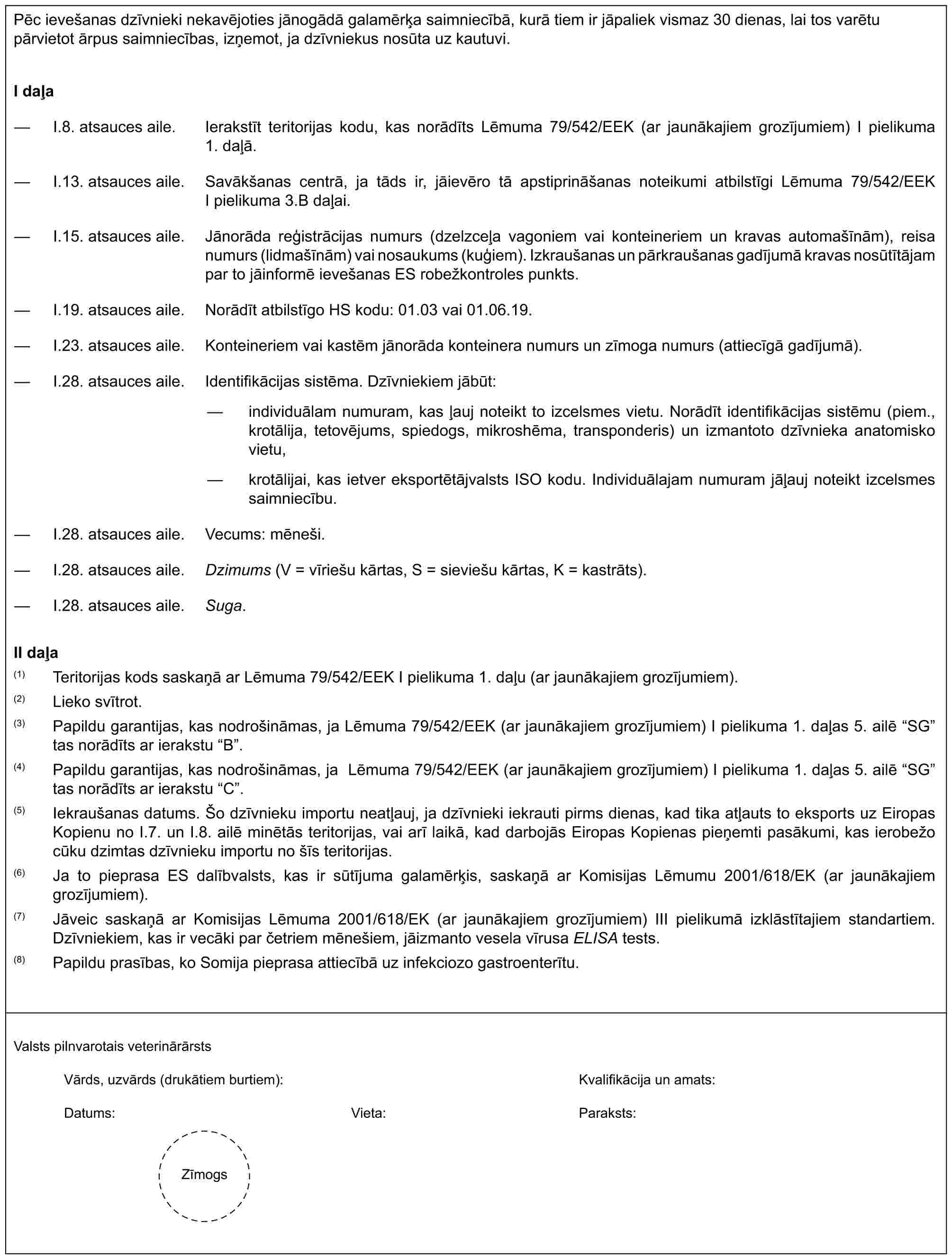 Pēc ievešanas dzīvnieki nekavējoties jānogādā galamērķa saimniecībā, kurā tiem ir jāpaliek vismaz 30 dienas, lai tos varētu pārvietot ārpus saimniecības, izņemot, ja dzīvniekus nosūta uz kautuvi.I daļa— I.8. atsauces aile. Ierakstīt teritorijas kodu, kas norādīts Lēmuma 79/542/EEK (ar jaunākajiem grozījumiem) I pielikuma 1. daļā.— I.13. atsauces aile. Savākšanas centrā, ja tāds ir, jāievēro tā apstiprināšanas noteikumi atbilstīgi Lēmuma 79/542/EEK I pielikuma 3.B daļai.— I.15. atsauces aile. Jānorāda reģistrācijas numurs (dzelzceļa vagoniem vai konteineriem un kravas automašīnām), reisa numurs (lidmašīnām) vai nosaukums (kuģiem). Izkraušanas un pārkraušanas gadījumā kravas nosūtītājam par to jāinformē ievešanas ES robežkontroles punkts.— I.19. atsauces aile. Norādīt atbilstīgo HS kodu: 01.03 vai 01.06.19.— I.23. atsauces aile. Konteineriem vai kastēm jānorāda konteinera numurs un zīmoga numurs (attiecīgā gadījumā).— I.28. atsauces aile. Identifikācijas sistēma. Dzīvniekiem jābūt:— individuālam numuram, kas ļauj noteikt to izcelsmes vietu. Norādīt identifikācijas sistēmu (piem., krotālija, tetovējums, spiedogs, mikroshēma, transponderis) un izmantoto dzīvnieka anatomisko vietu,— krotālijai, kas ietver eksportētājvalsts ISO kodu. Individuālajam numuram jāļauj noteikt izcelsmes saimniecību.— I.28. atsauces aile. Vecums: mēneši.— I.28. atsauces aile. Dzimums (V = vīriešu kārtas, S = sieviešu kārtas, K = kastrāts).— I.28. atsauces aile. Suga.II daļa(1) Teritorijas kods saskaņā ar Lēmuma 79/542/EEK I pielikuma 1. daļu (ar jaunākajiem grozījumiem).(2) Lieko svītrot.(3) Papildu garantijas, kas nodrošināmas, ja Lēmuma 79/542/EEK (ar jaunākajiem grozījumiem) I pielikuma 1. daļas 5. ailē “SG” tas norādīts ar ierakstu “B”.(4) Papildu garantijas, kas nodrošināmas, ja Lēmuma 79/542/EEK (ar jaunākajiem grozījumiem) I pielikuma 1. daļas 5. ailē “SG” tas norādīts ar ierakstu “C”.(5) Iekraušanas datums. Šo dzīvnieku importu neatļauj, ja dzīvnieki iekrauti pirms dienas, kad tika atļauts to eksports uz Eiropas Kopienu no I.7. un I.8. ailē minētās teritorijas, vai arī laikā, kad darbojās Eiropas Kopienas pieņemti pasākumi, kas ierobežo cūku dzimtas dzīvnieku importu no šīs teritorijas.(6) Ja to pieprasa ES dalībvalsts, kas ir sūtījuma galamērķis, saskaņā ar Komisijas Lēmumu 2001/618/EK (ar jaunākajiem grozījumiem).(7) Jāveic saskaņā ar Komisijas Lēmuma 2001/618/EK (ar jaunākajiem grozījumiem) III pielikumā izklāstītajiem standartiem. Dzīvniekiem, kas ir vecāki par četriem mēnešiem, jāizmanto vesela vīrusa ELISA tests.(8) Papildu prasības, ko Somija pieprasa attiecībā uz infekciozo gastroenterītu.Valsts pilnvarotais veterinārārstsVārds, uzvārds (drukātiem burtiem):Kvalifikācija un amats:Datums:Vieta:Paraksts:Zīmogs