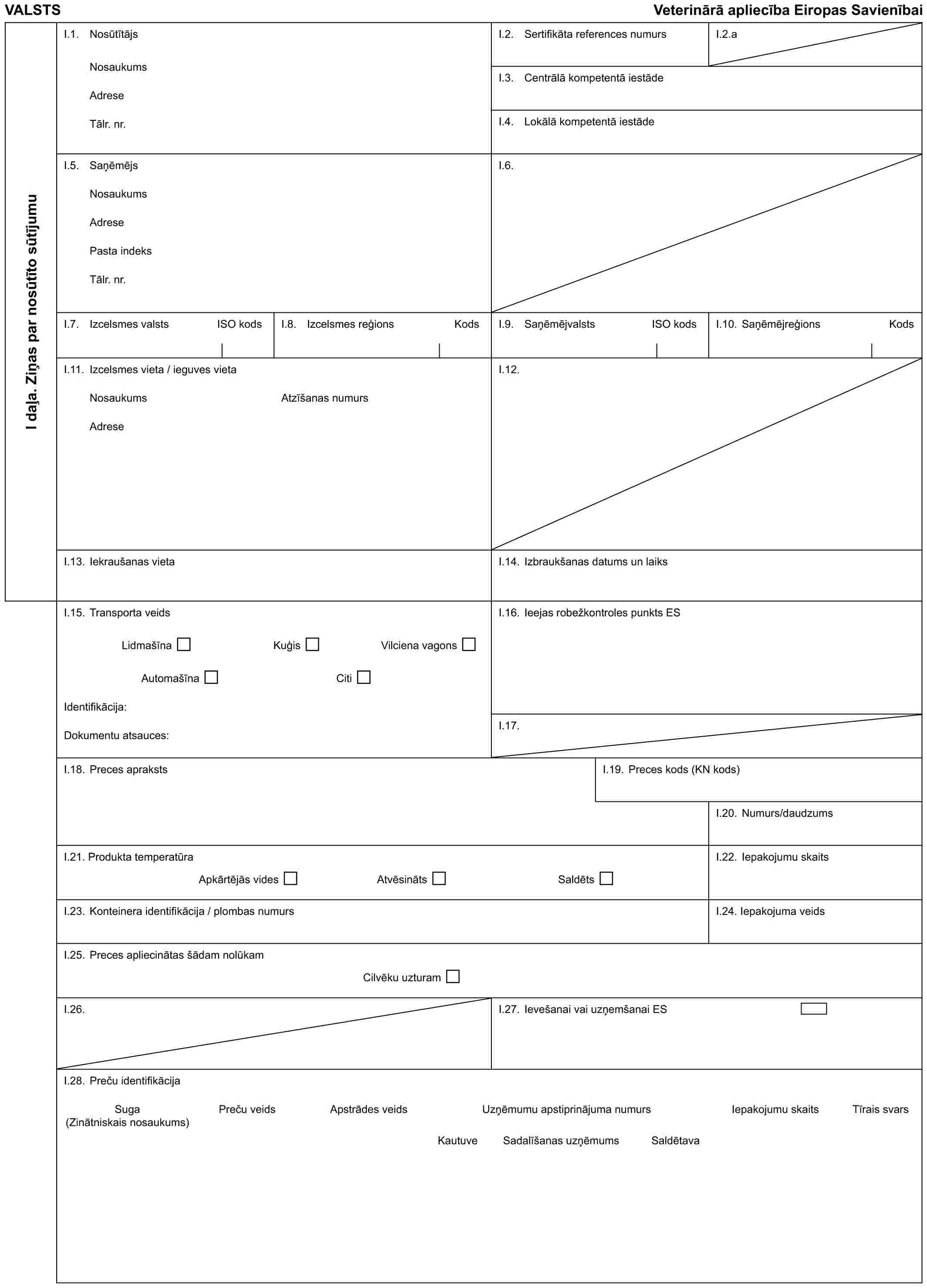 VALSTSVeterinārā apliecība Eiropas SavienībaiI daļa. Ziņas par nosūtīto sūtījumuI.1. NosūtītājsNosaukumsAdreseTālr. nr.I.2. Sertifikāta references numursI.2.aI.3. Centrālā kompetentā iestādeI.4. Lokālā kompetentā iestādeI.5. SaņēmējsNosaukumsAdresePasta indeksTālr. nr.I.6.I.7. Izcelsmes valstsISO kodsI.8. Izcelsmes reģionsKodsI.9. SaņēmējvalstsISO kodsI.10. SaņēmējreģionsKodsI.11. Izcelsmes vieta / ieguves vietaNosaukumsAdreseAtzīšanas numursI.12.I.13. Iekraušanas vietaI.14. Izbraukšanas datums un laiksI.15. Transporta veidsLidmašīnaKuģisVilciena vagonsAutomašīnaCitiIdentifikācija:Dokumentu atsauces:I.16. Ieejas robežkontroles punkts ESI.17.I.18. Preces aprakstsI.19. Preces kods (KN kods)I.20. Numurs/daudzumsI.21. Produkta temperatūraApkārtējās videsAtvēsinātsSaldētsI.22. Iepakojumu skaitsI.23. Konteinera identifikācija / plombas numursI.24. Iepakojuma veidsI.25. Preces apliecinātas šādam nolūkamCilvēku uzturamI.26.I.27. Ievešanai vai uzņemšanai ESI.28. Preču identifikācijaSuga (Zinātniskais nosaukums)Preču veidsApstrādes veidsUzņēmumu apstiprinājuma numursIepakojumu skaitsTīrais svarsKautuveSadalīšanas uzņēmumsSaldētava