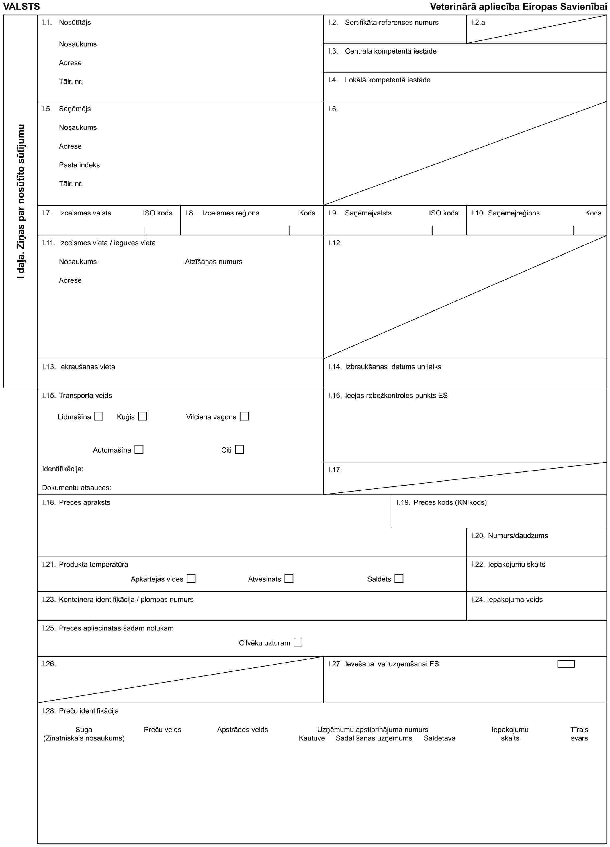 VALSTS Veterinārā apliecība Eiropas SavienībaiI daļa. Ziņas par nosūtīto sūtījumuI.1. NosūtītājsNosaukumsAdreseTālr. nr.I.2. Sertifikāta references numursI.2.aI.3. Centrālā kompetentā iestādeI.4. Lokālā kompetentā iestādeI.5. SaņēmējsNosaukumsAdresePasta indeksTālr. nr.I.6.I.7. Izcelsmes valsts ISO kodsI.8. Izcelsmes reģions KodsI.9. Saņēmējvalsts ISO kodsI.10. Saņēmējreģions KodsI.11. Izcelsmes vieta / ieguves vietaNosaukumsAdreseAtzīšanas numursI.12.I.13. Iekraušanas vietaI.14. Izbraukšanas datums un laiksI.15. Transporta veidsLidmašīna Kuģis Vilciena vagonsAutomašína CitiIdentifikācija:Dokumentu atsauces:I.16. Ieejas robežkontroles punkts ESI.17.I.18. Preces aprakstsI.19. Preces kods (KN kods)I.20. Numurs/daudzumsI.21. Produkta temperatūraApkārtējās vides Atvēsināts SaldētsI.22. Iepakojumu skaitsI.23. Konteinera identifikācija / plombas numursI.24. Iepakojuma veidsI.25. Preces apliecinātas šādam nolūkamCilvēku uzturamI.26.I.27. Ievešanai vai uzņemšanai ESI.28. Preču identifikācijaSuga Preču veids Apstrādes veids Uzņēmumu apstiprinājuma numurs Iepakojumu Tīrais(Zinātniskais nosaukums) Kautuve Sadalīšanas uzņēmums Saldētava skaits svars