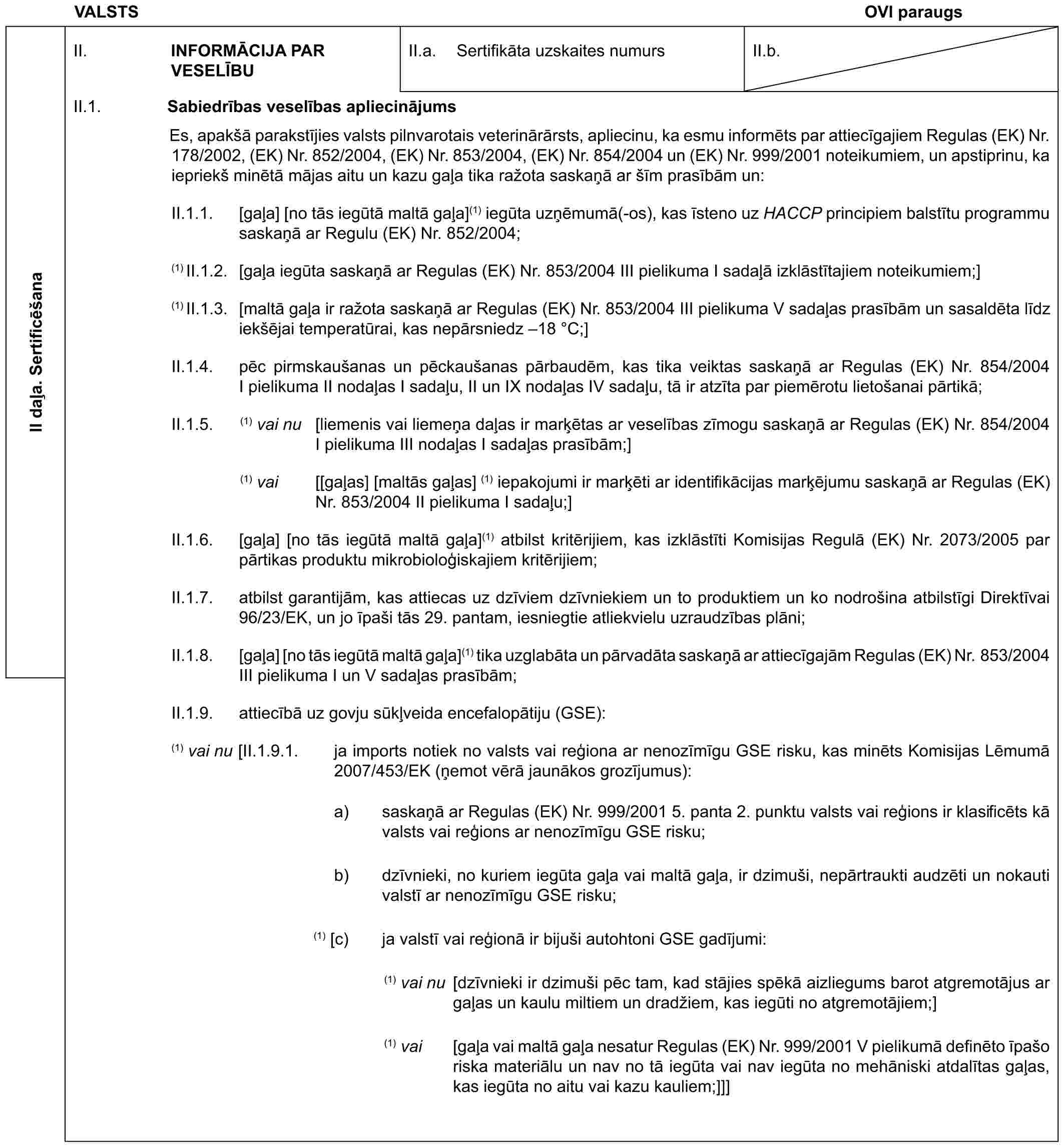 VALSTS OVI paraugsII daļa. SertificēšanaII. INFORMĀCIJA PAR VESELĪBUII.a. Sertifikāta uzskaites numursII.b.II.1. Sabiedrības veselības apliecinājumsEs, apakšā parakstījies valsts pilnvarotais veterinārārsts, apliecinu, ka esmu informēts par attiecīgajiem Regulas (EK) Nr. 178/2002, (EK) Nr. 852/2004, (EK) Nr. 853/2004, (EK) Nr. 854/2004 un (EK) Nr. 999/2001 noteikumiem, un apstiprinu, ka iepriekš minētā mājas aitu un kazu gaļa tika ražota saskaņā ar šīm prasībām un:II.1.1. [gaļa] [no tās iegūtā maltā gaļa](1) iegūta uzņēmumā(-os), kas īsteno uz HACCP principiem balstītu programmu saskaņā ar Regulu (EK) Nr. 852/2004;(1) II.1.2. [gaļa iegūta saskaņā ar Regulas (EK) Nr. 853/2004 III pielikuma I sadaļā izklāstītajiem noteikumiem;](1) II.1.3. [maltā gaļa ir ražota saskaņā ar Regulas (EK) Nr. 853/2004 III pielikuma V sadaļas prasībām un sasaldēta līdz iekšējai temperatūrai, kas nepārsniedz –18 °C;]II.1.4. pēc pirmskaušanas un pēckaušanas pārbaudēm, kas tika veiktas saskaņā ar Regulas (EK) Nr. 854/2004 I pielikuma II nodaļas I sadaļu, II un IX nodaļas IV sadaļu, tā ir atzīta par piemērotu lietošanai pārtikā;II.1.5. (1) vai nu [liemenis vai liemeņa daļas ir marķētas ar veselības zīmogu saskaņā ar Regulas (EK) Nr. 854/2004 I pielikuma III nodaļas I sadaļas prasībām;](1) vai [[gaļas] [maltās gaļas] (1) iepakojumi ir marķēti ar identifikācijas marķējumu saskaņā ar Regulas (EK) Nr. 853/2004 II pielikuma I sadaļu;]II.1.6. [gaļa] [no tās iegūtā maltā gaļa](1) atbilst kritērijiem, kas izklāstīti Komisijas Regulā (EK) Nr. 2073/2005 par pārtikas produktu mikrobioloģiskajiem kritērijiem;II.1.7. atbilst garantijām, kas attiecas uz dzīviem dzīvniekiem un to produktiem un ko nodrošina atbilstīgi Direktīvai 96/23/EK, un jo īpaši tās 29. pantam, iesniegtie atliekvielu uzraudzības plāni;II.1.8. [gaļa] [no tās iegūtā maltā gaļa](1) tika uzglabāta un pārvadāta saskaņā ar attiecīgajām Regulas (EK) Nr. 853/2004 III pielikuma I un V sadaļas prasībām;II.1.9. attiecībā uz govju sūkļveida encefalopātiju (GSE):(1) vai nu [II.1.9.1. ja imports notiek no valsts vai reģiona ar nenozīmīgu GSE risku, kas minēts Komisijas Lēmumā 2007/453/EK (ņemot vērā jaunākos grozījumus):a) saskaņā ar Regulas (EK) Nr. 999/2001 5. panta 2. punktu valsts vai reģions ir klasificēts kā valsts vai reģions ar nenozīmīgu GSE risku;b) dzīvnieki, no kuriem iegūta gaļa vai maltā gaļa, ir dzimuši, nepārtraukti audzēti un nokauti valstī ar nenozīmīgu GSE risku;(1) [c) ja valstī vai reģionā ir bijuši autohtoni GSE gadījumi:(1) vai nu [dzīvnieki ir dzimuši pēc tam, kad stājies spēkā aizliegums barot atgremotājus ar gaļas un kaulu miltiem un dradžiem, kas iegūti no atgremotājiem;](1) vai [gaļa vai maltā gaļa nesatur Regulas (EK) Nr. 999/2001 V pielikumā definēto īpašo riska materiālu un nav no tā iegūta vai nav iegūta no mehāniski atdalītas gaļas, kas iegūta no aitu vai kazu kauliem;]]]