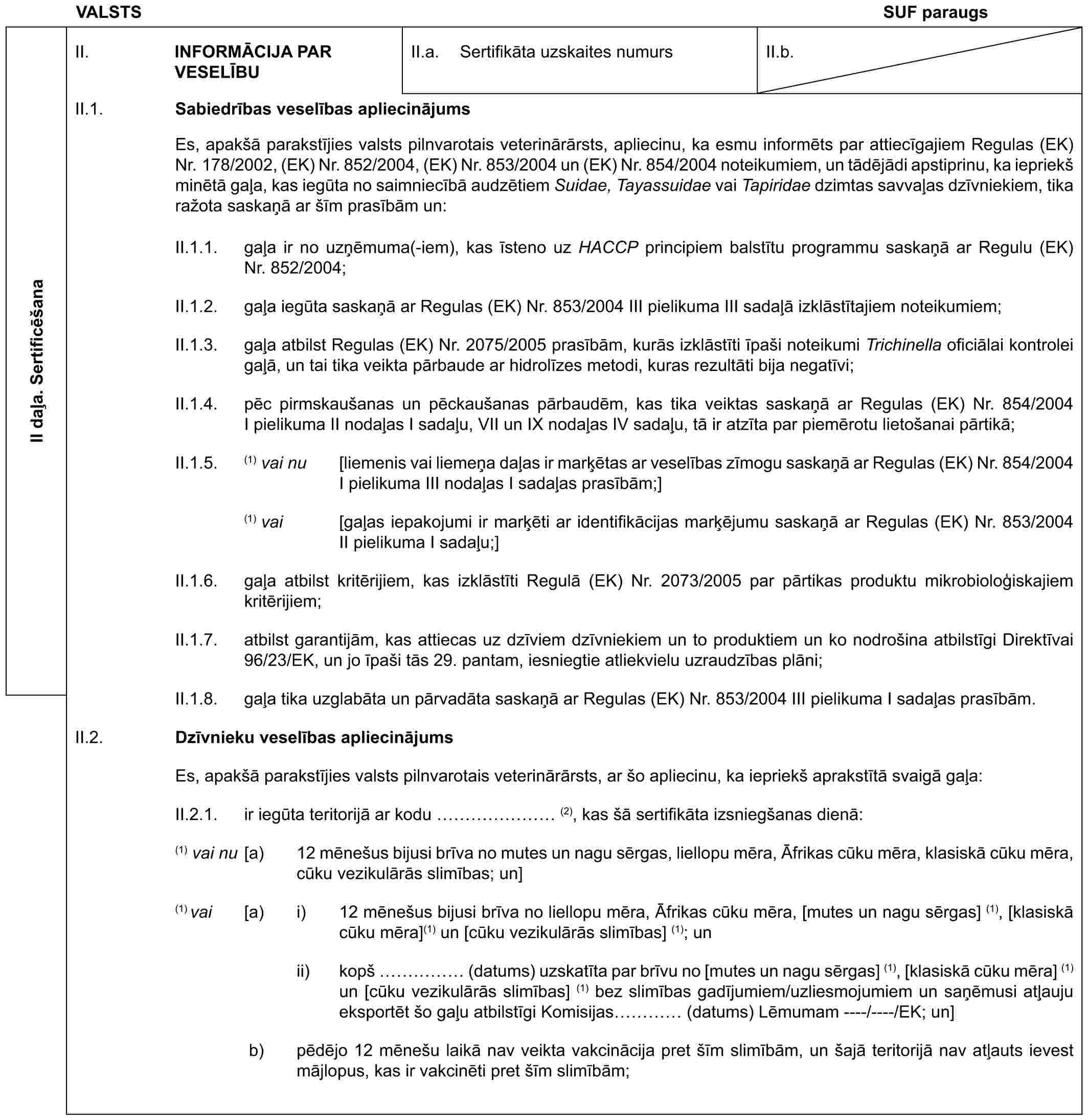 VALSTSSUF paraugsII daļa. SertificēšanaII. INFORMĀCIJA PAR VESELĪBUII.a. Sertifikāta uzskaites numursII.b.II.1. Sabiedrības veselības apliecinājumsEs, apakšā parakstījies valsts pilnvarotais veterinārārsts, apliecinu, ka esmu informēts par attiecīgajiem Regulas (EK) Nr. 178/2002, (EK) Nr. 852/2004, (EK) Nr. 853/2004 un (EK) Nr. 854/2004 noteikumiem, un tādējādi apstiprinu, ka iepriekš minētā gaļa, kas iegūta no saimniecībā audzētiem Suidae, Tayassuidae vai Tapiridae dzimtas savvaļas dzīvniekiem, tika ražota saskaņā ar šīm prasībām un:II.1.1. gaļa ir no uzņēmuma(-iem), kas īsteno uz HACCP principiem balstītu programmu saskaņā ar Regulu (EK) Nr. 852/2004;II.1.2. gaļa iegūta saskaņā ar Regulas (EK) Nr. 853/2004 III pielikuma III sadaļā izklāstītajiem noteikumiem;II.1.3. gaļa atbilst Regulas (EK) Nr. 2075/2005 prasībām, kurās izklāstīti īpaši noteikumi Trichinella oficiālai kontrolei gaļā, un tai tika veikta pārbaude ar hidrolīzes metodi, kuras rezultāti bija negatīvi;II.1.4. pēc pirmskaušanas un pēckaušanas pārbaudēm, kas tika veiktas saskaņā ar Regulas (EK) Nr. 854/2004 I pielikuma II nodaļas I sadaļu, VII un IX nodaļas IV sadaļu, tā ir atzīta par piemērotu lietošanai pārtikā;II.1.5. (1) vai nu [liemenis vai liemeņa daļas ir marķētas ar veselības zīmogu saskaņā ar Regulas (EK) Nr. 854/2004 I pielikuma III nodaļas I sadaļas prasībām;](1) vai [gaļas iepakojumi ir marķēti ar identifikācijas marķējumu saskaņā ar Regulas (EK) Nr. 853/2004 II pielikuma I sadaļu;]II.1.6. gaļa atbilst kritērijiem, kas izklāstīti Regulā (EK) Nr. 2073/2005 par pārtikas produktu mikrobioloģiskajiem kritērijiem;II.1.7. atbilst garantijām, kas attiecas uz dzīviem dzīvniekiem un to produktiem un ko nodrošina atbilstīgi Direktīvai 96/23/EK, un jo īpaši tās 29. pantam, iesniegtie atliekvielu uzraudzības plāni;II.1.8. gaļa tika uzglabāta un pārvadāta saskaņā ar Regulas (EK) Nr. 853/2004 III pielikuma I sadaļas prasībām.II.2. Dzīvnieku veselības apliecinājumsEs, apakšā parakstījies valsts pilnvarotais veterinārārsts, ar šo apliecinu, ka iepriekš aprakstītā svaigā gaļa:II.2.1. ir iegūta teritorijā ar kodu …… (2), kas šā sertifikāta izsniegšanas dienā:(1) vai nu [a) 12 mēnešus bijusi brīva no mutes un nagu sērgas, liellopu mēra, Āfrikas cūku mēra, klasiskā cūku mēra, cūku vezikulārās slimības; un](1) vai [a) i) 12 mēnešus bijusi brīva no liellopu mēra, Āfrikas cūku mēra, [mutes un nagu sērgas] (1), [klasiskā cūku mēra](1) un [cūku vezikulārās slimības] (1); unii) kopš …… (datums) uzskatīta par brīvu no [mutes un nagu sērgas] (1), [klasiskā cūku mēra] (1) un [cūku vezikulārās slimības] (1) bez slimības gadījumiem/uzliesmojumiem un saņēmusi atļauju eksportēt šo gaļu atbilstīgi Komisijas… (datums) Lēmumam ----/----/EK; un]b) pēdējo 12 mēnešu laikā nav veikta vakcinācija pret šīm slimībām, un šajā teritorijā nav atļauts ievest mājlopus, kas ir vakcinēti pret šīm slimībām;