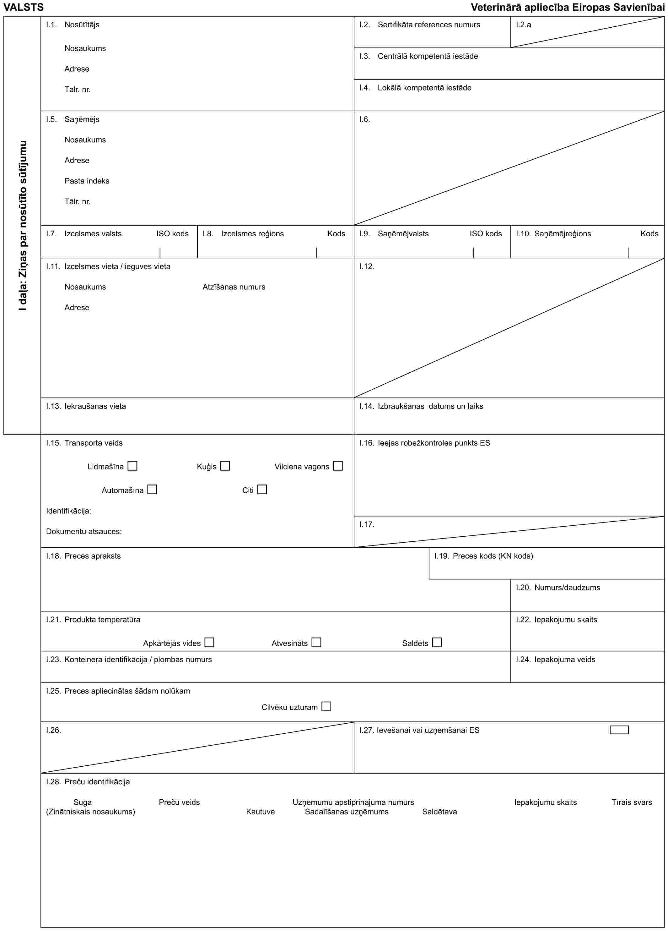 VALSTSVeterinārā apliecība Eiropas SavienībaiI daļa: Ziņas par nosūtīto sūtījumuI.1. NosūtītājsNosaukumsAdreseTālr. nr.I.2. Sertifikāta references numursI.2.aI.3. Centrālā kompetentā iestādeI.4. Lokālā kompetentā iestādeI.5. SaņēmējsNosaukumsAdresePasta indeksTālr. nr.I.6.I.7. Izcelsmes valstsISO kodsI.8. Izcelsmes reģionsKodsI.9. SaņēmējvalstsISO kodsI.10. SaņēmējreģionsKodsI.11. Izcelsmes vieta / ieguves vietaNosaukumsAdreseAtzīšanas numursI.12.I.13. Iekraušanas vietaI.14. Izbraukšanas datums un laiksI.15. Transporta veidsLidmašīnaKuģisVilciena vagonsAutomašīnaCitiIdentifikācija:Dokumentu atsauces:I.16. Ieejas robežkontroles punkts ESI.17.I.18. Preces aprakstsI.19. Preces kods (KN kods)I.20. Numurs/daudzumsI.21. Produkta temperatūraApkārtējās videsAtvēsinātsSaldētsI.22. Iepakojumu skaitsI.23. Konteinera identifikācija / plombas numursI.24. Iepakojuma veidsI.25. Preces apliecinātas šādam nolūkamCilvēku uzturamI.26.I.27. Ievešanai vai uzņemšanai ESI.28. Preču identifikācijaSuga (Zinātniskais nosaukums)Preču veidsKautuveUzņēmumu apstiprinājuma numurs Sadalīšanas uzņēmumsSaldētavaIepakojumu skaitsTīrais svars