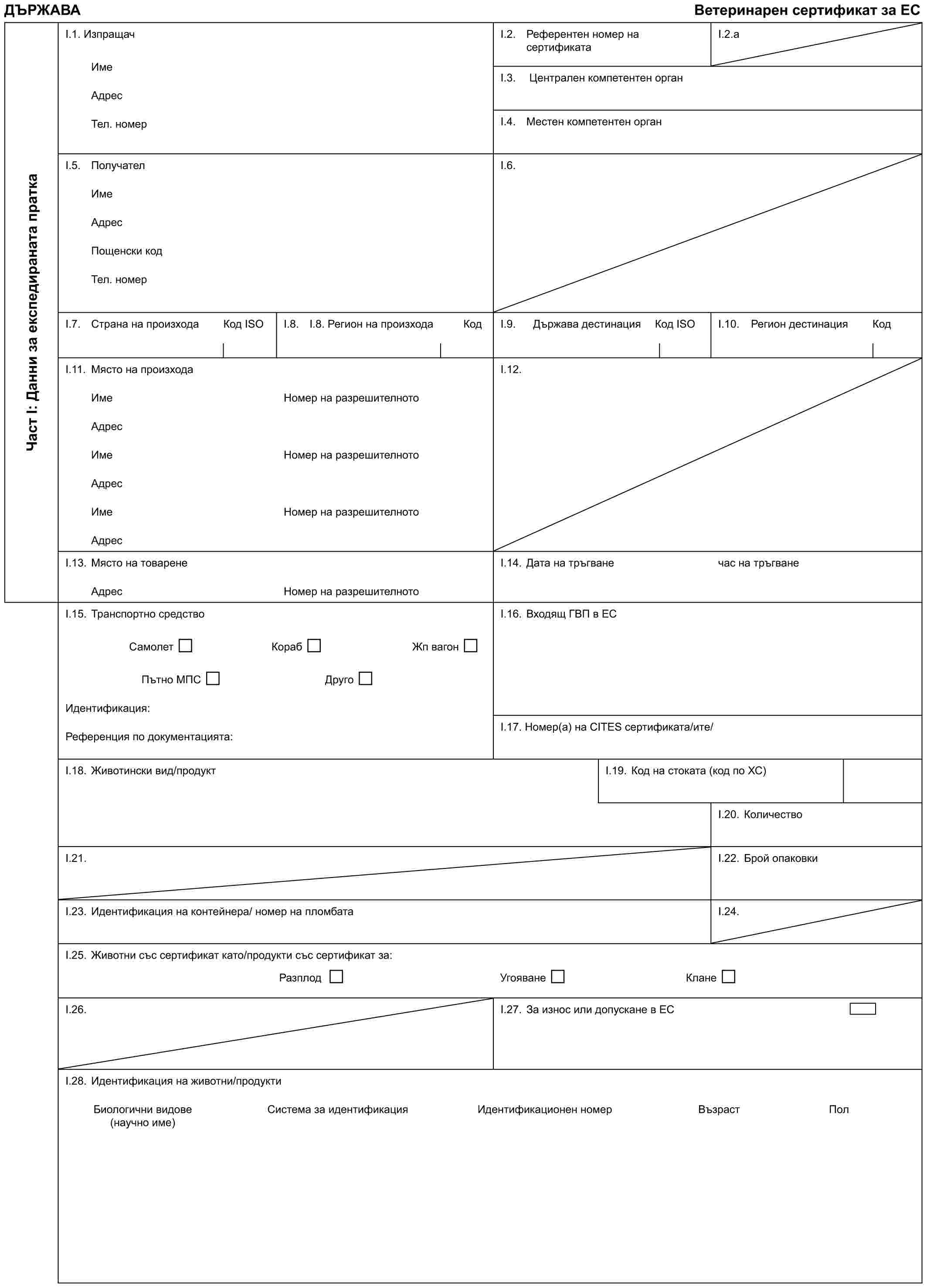 ДЪРЖАВА Ветеринарен сертификат за ЕСЧаст I: Данни за експедираната праткаI.1. ИзпращачИмеАдресТел. номерI.2. Референтен номер на сертификатаI.2.aI.3. Централен компетентен органI.4. Местен компетентен органI.5. ПолучателИмеАдресПощенски кодТел. номерI.6.I.7. Страна на произхода Код IЅОI.8. I.8. Регион на произхода КодI.9. Държава дестинация Код IЅОI.10. Регион дестинация КодI.11. Място на произходаИмеАдресИмеАдресИмеАдресНомер на разрешителнотоНомер на разрешителнотоНомер на разрешителнотоI.12.I.13. Място на товаренеАдресНомер на разрешителнотоI.14. Дата на тръгванечас на тръгванеI.15. Транспортно средствоСамолет Кораб Жп вагонПътно МПС ДругоИдентификация:Референция по документацията:I.16. Входящ ГВП в ЕСI.17. Номер(а) на CITES сертификата/итe/I.18. Животински вид/продуктI.19. Код на стоката (код по ХС)I.20. КоличествоI.21.I.22. Брой опаковкиI.23. Идентификация на контейнера/ номер на пломбатаI.24.I.25. Животни със сертификат като/продукти със сертификат за:Разплод Угояване КланеI.26.I.27. За износ или допускане в ЕСI.28. Идентификация на животни/продуктиБиологични видове Система за идентификация Идентификационен номер Възраст Пол (научно име)