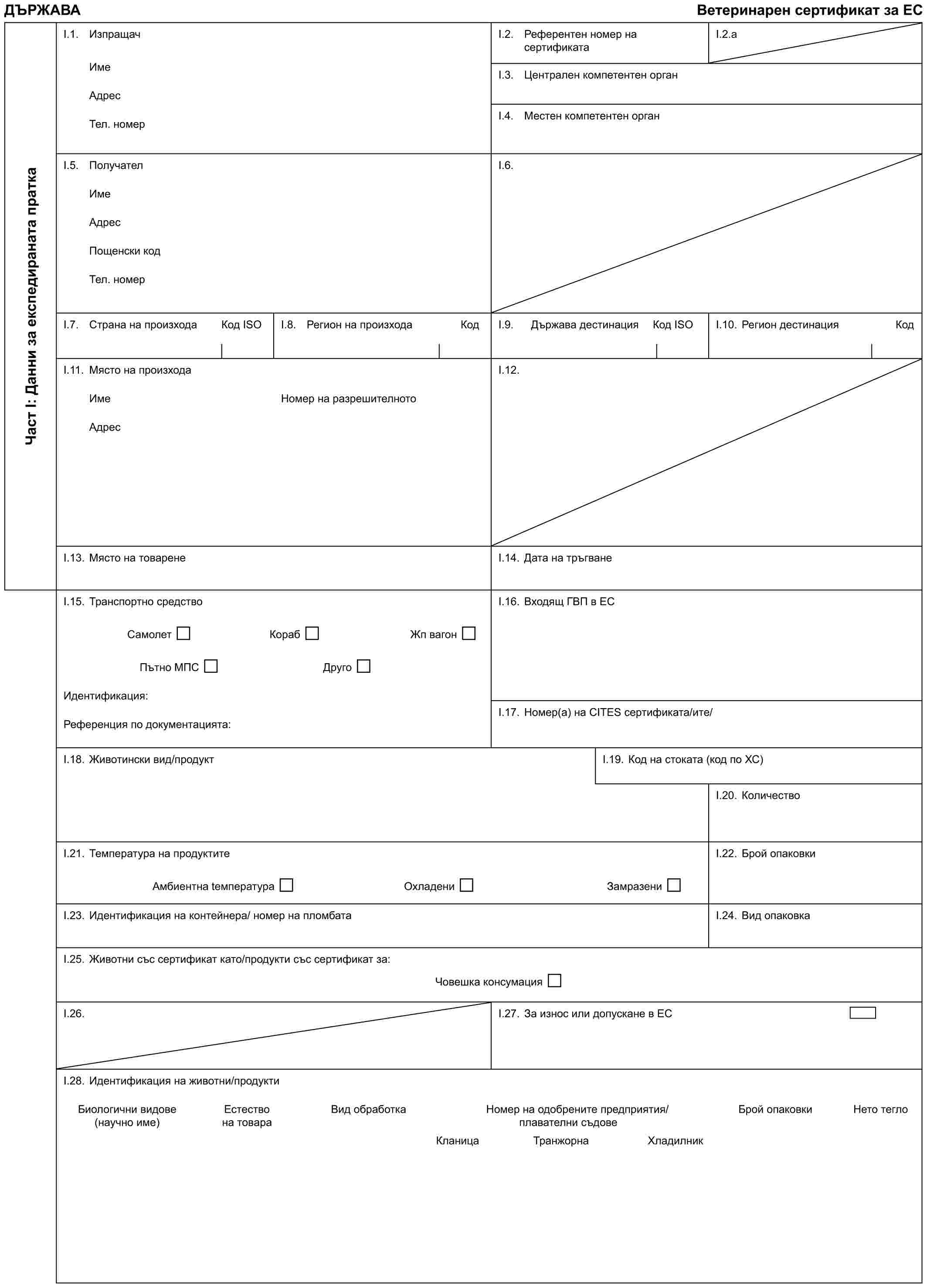 ДЪРЖАВА Ветеринарен сертификат за ЕСЧаст I: Данни за експедираната праткаI.1. ИзпращачИмеАдресТел. номерI.2. Референтен номер на сертификатаI.2.aI.3. Централен компетентен органI.4. Местен компетентен органI.5. ПолучателИмеАдресПощенски кодТел. номерI.6.I.7. Страна на произхода Код IЅОI.8. Регион на произхода КодI.9. Държава дестинация Код IЅОI.10. Регион дестинация КодI.11. Място на произходаИмеАдресНомер на разрешителнотоI.12.I.13. Място на товаренеI.14. Дата на тръгванеI.15. Транспортно средствоСамолет Кораб Жп вагонПътно МПС ДругоИдентификация:Референция по документацията:I.16. Входящ ГВП в ЕСI.17. Номер(а) на CITES сертификата/итe/I.18. Животински вид/продуктI.19. Код на стоката (код по ХС)I.20. КоличествоI.21. Температура на продуктитеАмбиентна tемпература Охладени ЗамразениI.22. Брой опаковкиI.23. Идентификация на контейнера/ номер на пломбатаI.24. Вид опаковкаI.25. Животни със сертификат като/продукти със сертификат за:Човешка консумацияI.26.I.27. За износ или допускане в ЕСI.28. Идентификация на животни/продуктиБиологични видове (научно име)Естество на товараВид обработкаНомер на одобрените предприятия/плавателни съдовеБрой опаковкиНето теглоКланицаТранжорнаХладилник