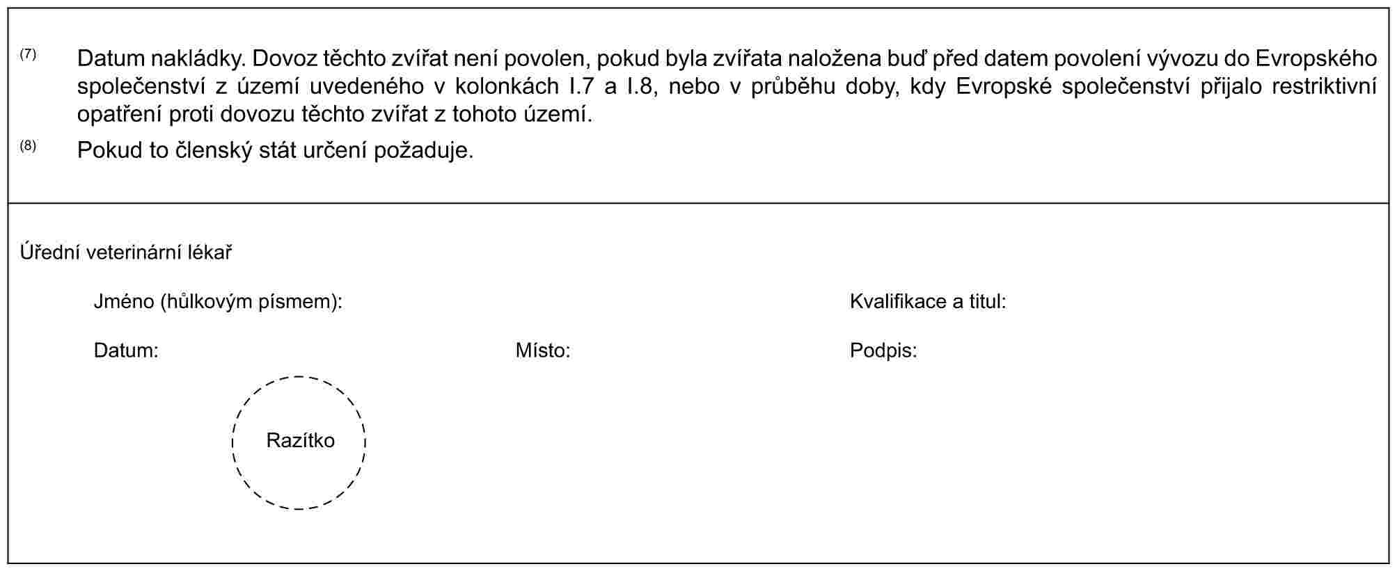 (7) Datum nakládky. Dovoz těchto zvířat není povolen, pokud byla zvířata naložena buď před datem povolení vývozu do Evropského společenství z území uvedeného v kolonkách I.7 a I.8, nebo v průběhu doby, kdy Evropské společenství přijalo restriktivní opatření proti dovozu těchto zvířat z tohoto území.(8) Pokud to členský stát určení požaduje.Úřední veterinární lékařJméno (hůlkovým písmem): Kvalifikace a titul:Datum: Místo: Podpis:Razítko