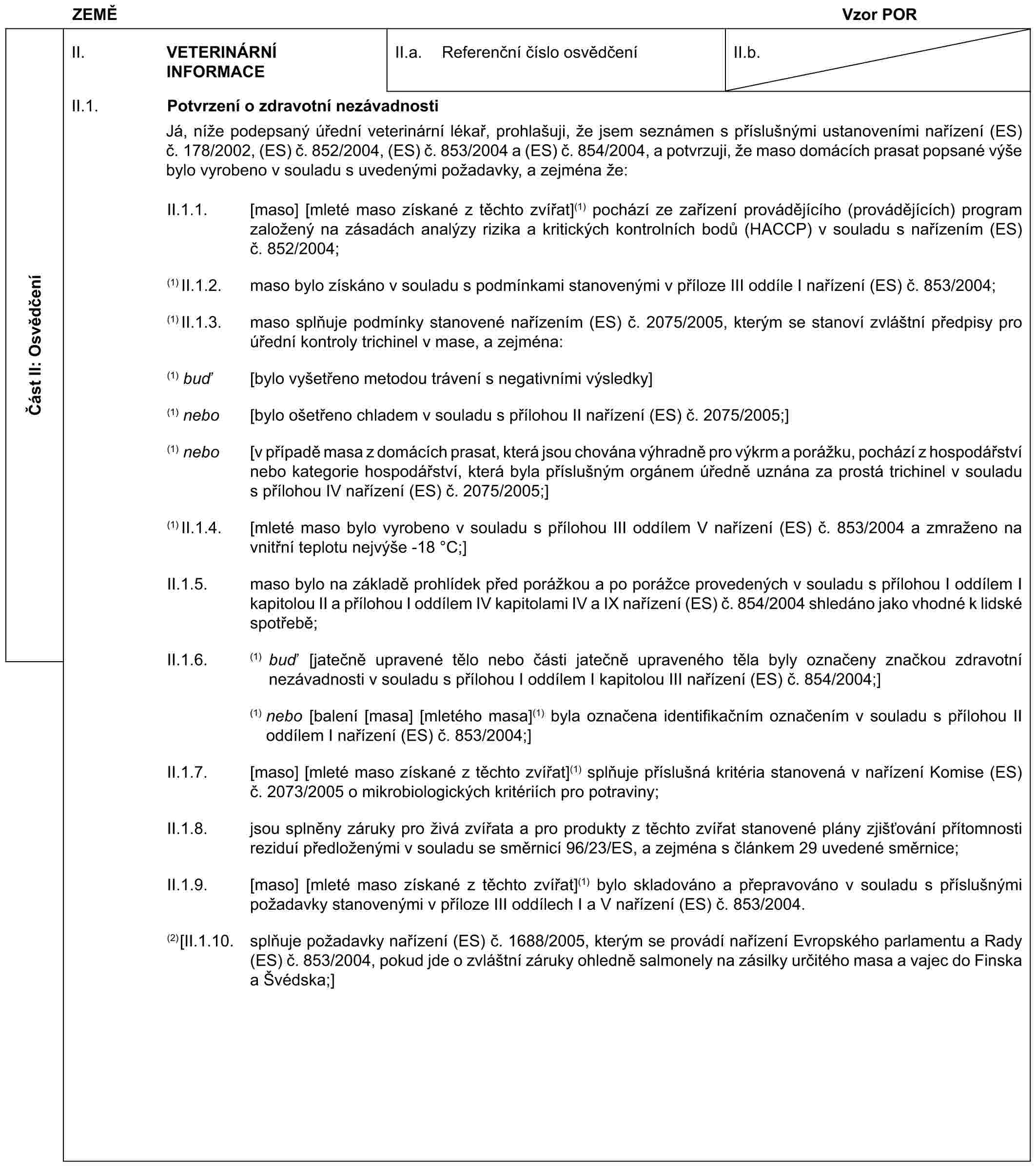 ZEMĚ Vzor PORČást II: OsvědčeníII. VETERINÁRNÍ INFORMACEII.a. Referenční číslo osvědčeníII.b.II.1. Potvrzení o zdravotní nezávadnostiJá, níže podepsaný úřední veterinární lékař, prohlašuji, že jsem seznámen s příslušnými ustanoveními nařízení (ES) č. 178/2002, (ES) č. 852/2004, (ES) č. 853/2004 a (ES) č. 854/2004, a potvrzuji, že maso domácích prasat popsané výše bylo vyrobeno v souladu s uvedenými požadavky, a zejména že:II.1.1. [maso] [mleté maso získané z těchto zvířat](1) pochází ze zařízení provádějícího (provádějících) program založený na zásadách analýzy rizika a kritických kontrolních bodů (HACCP) v souladu s nařízením (ES) č. 852/2004;(1) II.1.2. maso bylo získáno v souladu s podmínkami stanovenými v příloze III oddíle I nařízení (ES) č. 853/2004;(1) II.1.3. maso splňuje podmínky stanovené nařízením (ES) č. 2075/2005, kterým se stanoví zvláštní předpisy pro úřední kontroly trichinel v mase, a zejména:(1) buď [bylo vyšetřeno metodou trávení s negativními výsledky](1) nebo [bylo ošetřeno chladem v souladu s přílohou II nařízení (ES) č. 2075/2005;](1) nebo [v případě masa z domácích prasat, která jsou chována výhradně pro výkrm a porážku, pochází z hospodářství nebo kategorie hospodářství, která byla příslušným orgánem úředně uznána za prostá trichinel v souladu s přílohou IV nařízení (ES) č. 2075/2005;](1) II.1.4. [mleté maso bylo vyrobeno v souladu s přílohou III oddílem V nařízení (ES) č. 853/2004 a zmraženo na vnitřní teplotu nejvýše -18 °C;]II.1.5. maso bylo na základě prohlídek před porážkou a po porážce provedených v souladu s přílohou I oddílem I kapitolou II a přílohou I oddílem IV kapitolami IV a IX nařízení (ES) č. 854/2004 shledáno jako vhodné k lidské spotřebě;II.1.6. (1) buď [jatečně upravené tělo nebo části jatečně upraveného těla byly označeny značkou zdravotní nezávadnosti v souladu s přílohou I oddílem I kapitolou III nařízení (ES) č. 854/2004;](1) nebo [balení [masa] [mletého masa](1) byla označena identifikačním označením v souladu s přílohou II oddílem I nařízení (ES) č. 853/2004;]II.1.7. [maso] [mleté maso získané z těchto zvířat](1) splňuje příslušná kritéria stanovená v nařízení Komise (ES) č. 2073/2005 o mikrobiologických kritériích pro potraviny;II.1.8. jsou splněny záruky pro živá zvířata a pro produkty z těchto zvířat stanovené plány zjišťování přítomnosti reziduí předloženými v souladu se směrnicí 96/23/ES, a zejména s článkem 29 uvedené směrnice;II.1.9. [maso] [mleté maso získané z těchto zvířat](1) bylo skladováno a přepravováno v souladu s příslušnými požadavky stanovenými v příloze III oddílech I a V nařízení (ES) č. 853/2004.(2) [II.1.10. splňuje požadavky nařízení (ES) č. 1688/2005, kterým se provádí nařízení Evropského parlamentu a Rady (ES) č. 853/2004, pokud jde o zvláštní záruky ohledně salmonely na zásilky určitého masa a vajec do Finska a Švédska;]