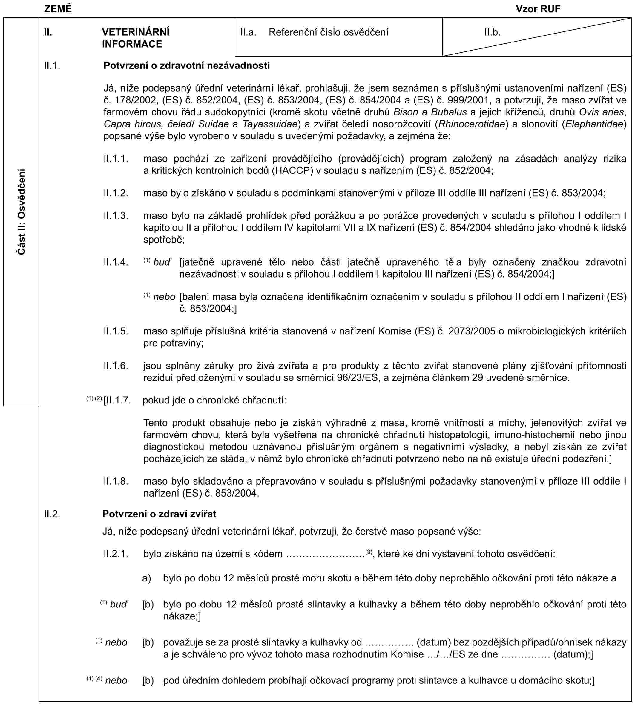 ZEMĚVzor RUFČást II: OsvědčeníII. VETERINÁRNÍ INFORMACEII.a. Referenční číslo osvědčeníII.b.II.1. Potvrzení o zdravotní nezávadnostiJá, níže podepsaný úřední veterinární lékař, prohlašuji, že jsem seznámen s příslušnými ustanoveními nařízení (ES) č. 178/2002, (ES) č. 852/2004, (ES) č. 853/2004, (ES) č. 854/2004 a (ES) č. 999/2001, a potvrzuji, že maso zvířat ve farmovém chovu řádu sudokopytníci (kromě skotu včetně druhů Bison a Bubalus a jejich kříženců, druhů Ovis aries, Capra hircus, čeledí Suidae a Tayassuidae) a zvířat čeledí nosorožcovití (Rhinocerotidae) a slonovití (Elephantidae) popsané výše bylo vyrobeno v souladu s uvedenými požadavky, a zejména že:II.1.1. maso pochází ze zařízení provádějícího (provádějících) program založený na zásadách analýzy rizika a kritických kontrolních bodů (HACCP) v souladu s nařízením (ES) č. 852/2004;II.1.2. maso bylo získáno v souladu s podmínkami stanovenými v příloze III oddíle III nařízení (ES) č. 853/2004;II.1.3. maso bylo na základě prohlídek před porážkou a po porážce provedených v souladu s přílohou I oddílem I kapitolou II a přílohou I oddílem IV kapitolami VII a IX nařízení (ES) č. 854/2004 shledáno jako vhodné k lidské spotřebě;II.1.4. (1) buď [jatečně upravené tělo nebo části jatečně upraveného těla byly označeny značkou zdravotní nezávadnosti v souladu s přílohou I oddílem I kapitolou III nařízení (ES) č. 854/2004;](1) nebo [balení masa byla označena identifikačním označením v souladu s přílohou II oddílem I nařízení (ES) č. 853/2004;]II.1.5. maso splňuje příslušná kritéria stanovená v nařízení Komise (ES) č. 2073/2005 o mikrobiologických kritériích pro potraviny;II.1.6. jsou splněny záruky pro živá zvířata a pro produkty z těchto zvířat stanovené plány zjišťování přítomnosti reziduí předloženými v souladu se směrnicí 96/23/ES, a zejména článkem 29 uvedené směrnice.(1) (2) [II.1.7. pokud jde o chronické chřadnutí:Tento produkt obsahuje nebo je získán výhradně z masa, kromě vnitřností a míchy, jelenovitých zvířat ve farmovém chovu, která byla vyšetřena na chronické chřadnutí histopatologií, imuno-histochemií nebo jinou diagnostickou metodou uznávanou příslušným orgánem s negativními výsledky, a nebyl získán ze zvířat pocházejících ze stáda, v němž bylo chronické chřadnutí potvrzeno nebo na ně existuje úřední podezření.]II.1.8. maso bylo skladováno a přepravováno v souladu s příslušnými požadavky stanovenými v příloze III oddíle I nařízení (ES) č. 853/2004.II.2. Potvrzení o zdraví zvířatJá, níže podepsaný úřední veterinární lékař, potvrzuji, že čerstvé maso popsané výše:II.2.1. bylo získáno na území s kódem ………(3), které ke dni vystavení tohoto osvědčení:a) bylo po dobu 12 měsíců prosté moru skotu a během této doby neproběhlo očkování proti této nákaze a(1) buď [b) bylo po dobu 12 měsíců prosté slintavky a kulhavky a během této doby neproběhlo očkování proti této nákaze;](1) nebo [b) považuje se za prosté slintavky a kulhavky od …… (datum) bez pozdějších případů/ohnisek nákazy a je schváleno pro vývoz tohoto masa rozhodnutím Komise / /ES ze dne …… (datum);](1) (4) nebo [b) pod úředním dohledem probíhají očkovací programy proti slintavce a kulhavce u domácího skotu;]