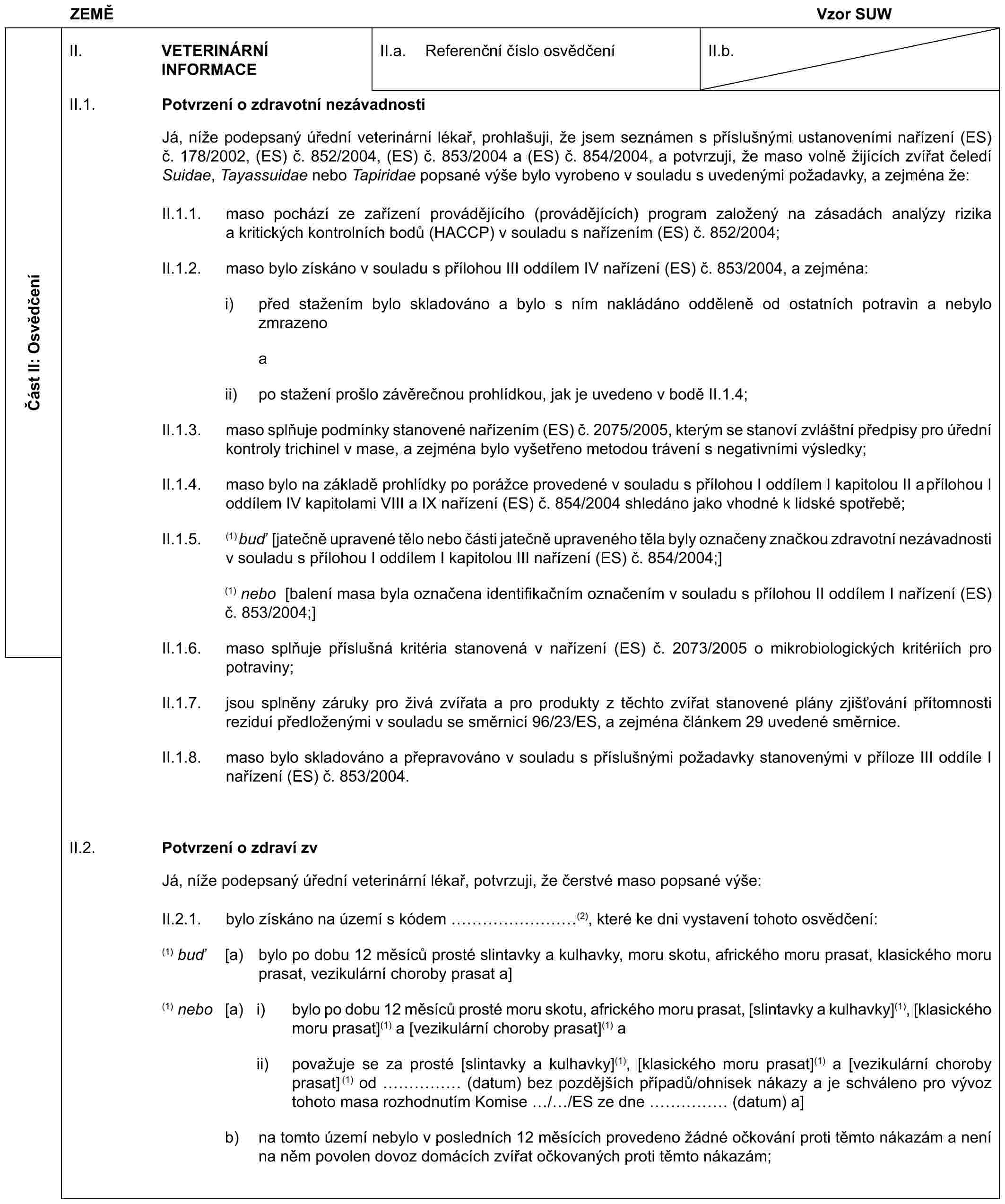 ZEMĚVzor SUWČást II: OsvědčeníII. VETERINÁRNÍ INFORMACEII.a. Referenční číslo osvědčeníII.b.II.1. Potvrzení o zdravotní nezávadnostiJá, níže podepsaný úřední veterinární lékař, prohlašuji, že jsem seznámen s příslušnými ustanoveními nařízení (ES) č. 178/2002, (ES) č. 852/2004, (ES) č. 853/2004 a (ES) č. 854/2004, a potvrzuji, že maso volně žijících zvířat čeledí Suidae, Tayassuidae nebo Tapiridae popsané výše bylo vyrobeno v souladu s uvedenými požadavky, a zejména že:II.1.1. maso pochází ze zařízení provádějícího (provádějících) program založený na zásadách analýzy rizika a kritických kontrolních bodů (HACCP) v souladu s nařízením (ES) č. 852/2004;II.1.2. maso bylo získáno v souladu s přílohou III oddílem IV nařízení (ES) č. 853/2004, a zejména:i) před stažením bylo skladováno a bylo s ním nakládáno odděleně od ostatních potravin a nebylo zmrazenoaii) po stažení prošlo závěrečnou prohlídkou, jak je uvedeno v bodě II.1.4;II.1.3. maso splňuje podmínky stanovené nařízením (ES) č. 2075/2005, kterým se stanoví zvláštní předpisy pro úřední kontroly trichinel v mase, a zejména bylo vyšetřeno metodou trávení s negativními výsledky;II.1.4. maso bylo na základě prohlídky po porážce provedené v souladu s přílohou I oddílem I kapitolou II a přílohou I oddílem IV kapitolami VIII a IX nařízení (ES) č. 854/2004 shledáno jako vhodné k lidské spotřebě;II.1.5. (1) buď [jatečně upravené tělo nebo části jatečně upraveného těla byly označeny značkou zdravotní nezávadnosti v souladu s přílohou I oddílem I kapitolou III nařízení (ES) č. 854/2004;](1) nebo [balení masa byla označena identifikačním označením v souladu s přílohou II oddílem I nařízení (ES) č. 853/2004;]II.1.6. maso splňuje příslušná kritéria stanovená v nařízení (ES) č. 2073/2005 o mikrobiologických kritériích pro potraviny;II.1.7. jsou splněny záruky pro živá zvířata a pro produkty z těchto zvířat stanovené plány zjišťování přítomnosti reziduí předloženými v souladu se směrnicí 96/23/ES, a zejména článkem 29 uvedené směrnice.II.1.8. maso bylo skladováno a přepravováno v souladu s příslušnými požadavky stanovenými v příloze III oddíle I nařízení (ES) č. 853/2004.II.2. Potvrzení o zdraví zvJá, níže podepsaný úřední veterinární lékař, potvrzuji, že čerstvé maso popsané výše:II.2.1. bylo získáno na území s kódem ………(2), které ke dni vystavení tohoto osvědčení:(1) buď [a) bylo po dobu 12 měsíců prosté slintavky a kulhavky, moru skotu, afrického moru prasat, klasického moru prasat, vezikulární choroby prasat a](1) nebo [a) i) bylo po dobu 12 měsíců prosté moru skotu, afrického moru prasat, [slintavky a kulhavky](1), [klasického moru prasat](1) a [vezikulární choroby prasat](1) aii) považuje se za prosté [slintavky a kulhavky](1), [klasického moru prasat](1) a [vezikulární choroby prasat] (1) od …… (datum) bez pozdějších případů/ohnisek nákazy a je schváleno pro vývoz tohoto masa rozhodnutím Komise / /ES ze dne …… (datum) a]b) na tomto území nebylo v posledních 12 měsících provedeno žádné očkování proti těmto nákazám a není na něm povolen dovoz domácích zvířat očkovaných proti těmto nákazám;