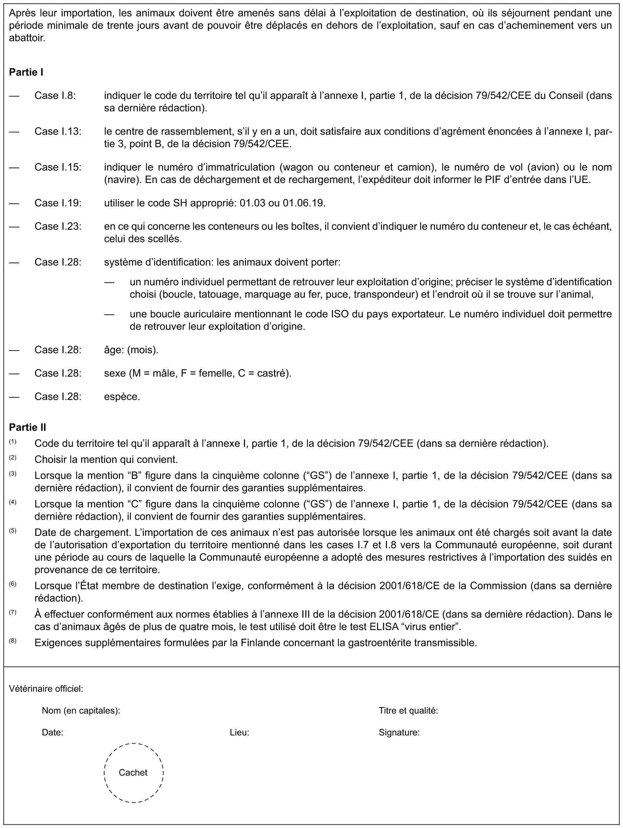 Après leur importation, les animaux doivent être amenés sans délai à l’exploitation de destination, où ils séjournent pendant une période minimale de trente jours avant de pouvoir être déplacés en dehors de l’exploitation, sauf en cas d’acheminement vers un abattoir.Partie I— Case I.8: indiquer le code du territoire tel qu’il apparaît à l’annexe I, partie 1, de la décision 79/542/CEE du Conseil (dans sa dernière rédaction).— Case I.13: le centre de rassemblement, s’il y en a un, doit satisfaire aux conditions d’agrément énoncées à l’annexe I, partie 3, point B, de la décision 79/542/CEE.— Case I.15: indiquer le numéro d’immatriculation (wagon ou conteneur et camion), le numéro de vol (avion) ou le nom (navire). En cas de déchargement et de rechargement, l’expéditeur doit informer le PIF d’entrée dans l’UE.— Case I.19: utiliser le code SH approprié: 01.03 ou 01.06.19.— Case I.23: en ce qui concerne les conteneurs ou les boîtes, il convient d’indiquer le numéro du conteneur et, le cas échéant, celui des scellés.— Case I.28: système d’identification: les animaux doivent porter:— un numéro individuel permettant de retrouver leur exploitation d’origine; préciser le système d’identification choisi (boucle, tatouage, marquage au fer, puce, transpondeur) et l’endroit où il se trouve sur l’animal,— une boucle auriculaire mentionnant le code ISO du pays exportateur. Le numéro individuel doit permettre de retrouver leur exploitation d’origine.— Case I.28: âge: (mois).— Case I.28: sexe (M = mâle, F = femelle, C = castré).— Case I.28: espèce.Partie II(1) Code du territoire tel qu’il apparaît à l’annexe I, partie 1, de la décision 79/542/CEE (dans sa dernière rédaction).(2) Choisir la mention qui convient.(3) Lorsque la mention “B” figure dans la cinquième colonne (“GS”) de l’annexe I, partie 1, de la décision 79/542/CEE (dans sa dernière rédaction), il convient de fournir des garanties supplémentaires.(4) Lorsque la mention “C” figure dans la cinquième colonne (“GS”) de l’annexe I, partie 1, de la décision 79/542/CEE (dans sa dernière rédaction), il convient de fournir des garanties supplémentaires.(5) Date de chargement. L’importation de ces animaux n’est pas autorisée lorsque les animaux ont été chargés soit avant la date de l’autorisation d’exportation du territoire mentionné dans les cases I.7 et I.8 vers la Communauté européenne, soit durant une période au cours de laquelle la Communauté européenne a adopté des mesures restrictives à l’importation des suidés en provenance de ce territoire.(6) Lorsque l’État membre de destination l’exige, conformément à la décision 2001/618/CE de la Commission (dans sa dernière rédaction).(7) À effectuer conformément aux normes établies à l’annexe III de la décision 2001/618/CE (dans sa dernière rédaction). Dans le cas d’animaux âgés de plus de quatre mois, le test utilisé doit être le test ELISA “virus entier”.(8) Exigences supplémentaires formulées par la Finlande concernant la gastroentérite transmissible.Vétérinaire officiel:Nom (en capitales): Titre et qualité:Date: Lieu: Signature:Cachet