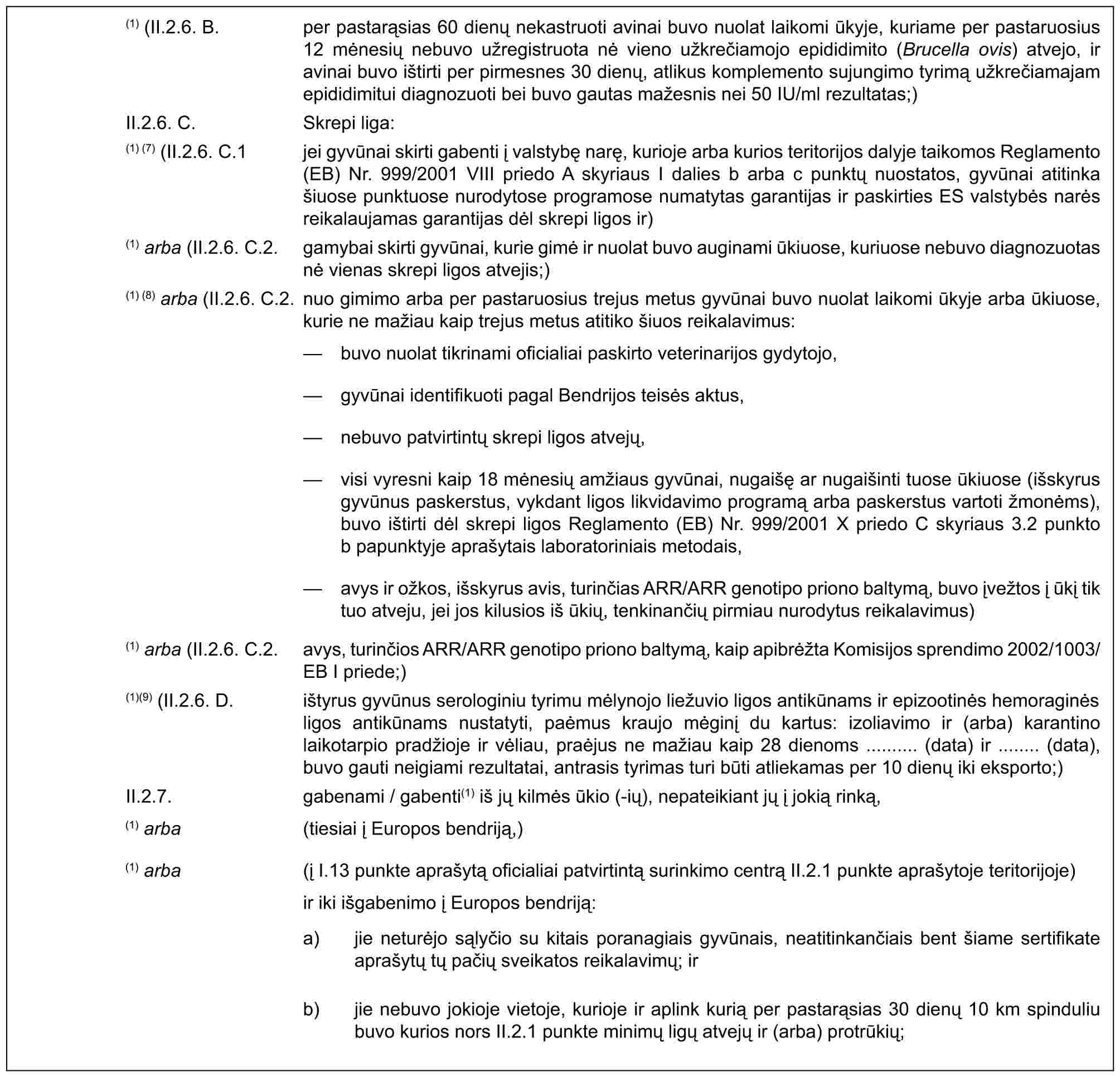 (1) (II.2.6. B. per pastarąsias 60 dienų nekastruoti avinai buvo nuolat laikomi ūkyje, kuriame per pastaruosius 12 mėnesių nebuvo užregistruota nė vieno užkrečiamojo epididimito (Brucella ovis) atvejo, ir avinai buvo ištirti per pirmesnes 30 dienų, atlikus komplemento sujungimo tyrimą užkrečiamajam epididimitui diagnozuoti bei buvo gautas mažesnis nei 50 IU/ml rezultatas;)II.2.6. C. Skrepi liga:(1) (7) (II.2.6. C.1 jei gyvūnai skirti gabenti į valstybę narę, kurioje arba kurios teritorijos dalyje taikomos Reglamento (EB) Nr. 999/2001 VIII priedo A skyriaus I dalies b arba c punktų nuostatos, gyvūnai atitinka šiuose punktuose nurodytose programose numatytas garantijas ir paskirties ES valstybės narės reikalaujamas garantijas dėl skrepi ligos ir)(1) arba (II.2.6. C.2. gamybai skirti gyvūnai, kurie gimė ir nuolat buvo auginami ūkiuose, kuriuose nebuvo diagnozuotas nė vienas skrepi ligos atvejis;)(1) (8) arba (II.2.6. C.2. nuo gimimo arba per pastaruosius trejus metus gyvūnai buvo nuolat laikomi ūkyje arba ūkiuose, kurie ne mažiau kaip trejus metus atitiko šiuos reikalavimus:— buvo nuolat tikrinami oficialiai paskirto veterinarijos gydytojo,— gyvūnai identifikuoti pagal Bendrijos teisės aktus,— nebuvo patvirtintų skrepi ligos atvejų,— visi vyresni kaip 18 mėnesių amžiaus gyvūnai, nugaišę ar nugaišinti tuose ūkiuose (išskyrus gyvūnus paskerstus, vykdant ligos likvidavimo programą arba paskerstus vartoti žmonėms), buvo ištirti dėl skrepi ligos Reglamento (EB) Nr. 999/2001 X priedo C skyriaus 3.2 punkto b papunktyje aprašytais laboratoriniais metodais,— avys ir ožkos, išskyrus avis, turinčias ARR/ARR genotipo priono baltymą, buvo įvežtos į ūkį tik tuo atveju, jei jos kilusios iš ūkių, tenkinančių pirmiau nurodytus reikalavimus)(1) arba (II.2.6. C.2. avys, turinčios ARR/ARR genotipo priono baltymą, kaip apibrėžta Komisijos sprendimo 2002/1003/EB I priede;)(1)(9) (II.2.6. D. ištyrus gyvūnus serologiniu tyrimu mėlynojo liežuvio ligos antikūnams ir epizootinės hemoraginės ligos antikūnams nustatyti, paėmus kraujo mėginį du kartus: izoliavimo ir (arba) karantino laikotarpio pradžioje ir vėliau, praėjus ne mažiau kaip 28 dienoms .......... (data) ir ........ (data), buvo gauti neigiami rezultatai, antrasis tyrimas turi būti atliekamas per 10 dienų iki eksporto;)II.2.7. gabenami / gabenti(1) iš jų kilmės ūkio (-ių), nepateikiant jų į jokią rinką,(1) arba (tiesiai į Europos bendriją,)(1) arba (į I.13 punkte aprašytą oficialiai patvirtintą surinkimo centrą II.2.1 punkte aprašytoje teritorijoje) ir iki išgabenimo į Europos bendriją:a) jie neturėjo sąlyčio su kitais poranagiais gyvūnais, neatitinkančiais bent šiame sertifikate aprašytų tų pačių sveikatos reikalavimų; irb) jie nebuvo jokioje vietoje, kurioje ir aplink kurią per pastarąsias 30 dienų 10 km spinduliu buvo kurios nors II.2.1 punkte minimų ligų atvejų ir (arba) protrūkių;