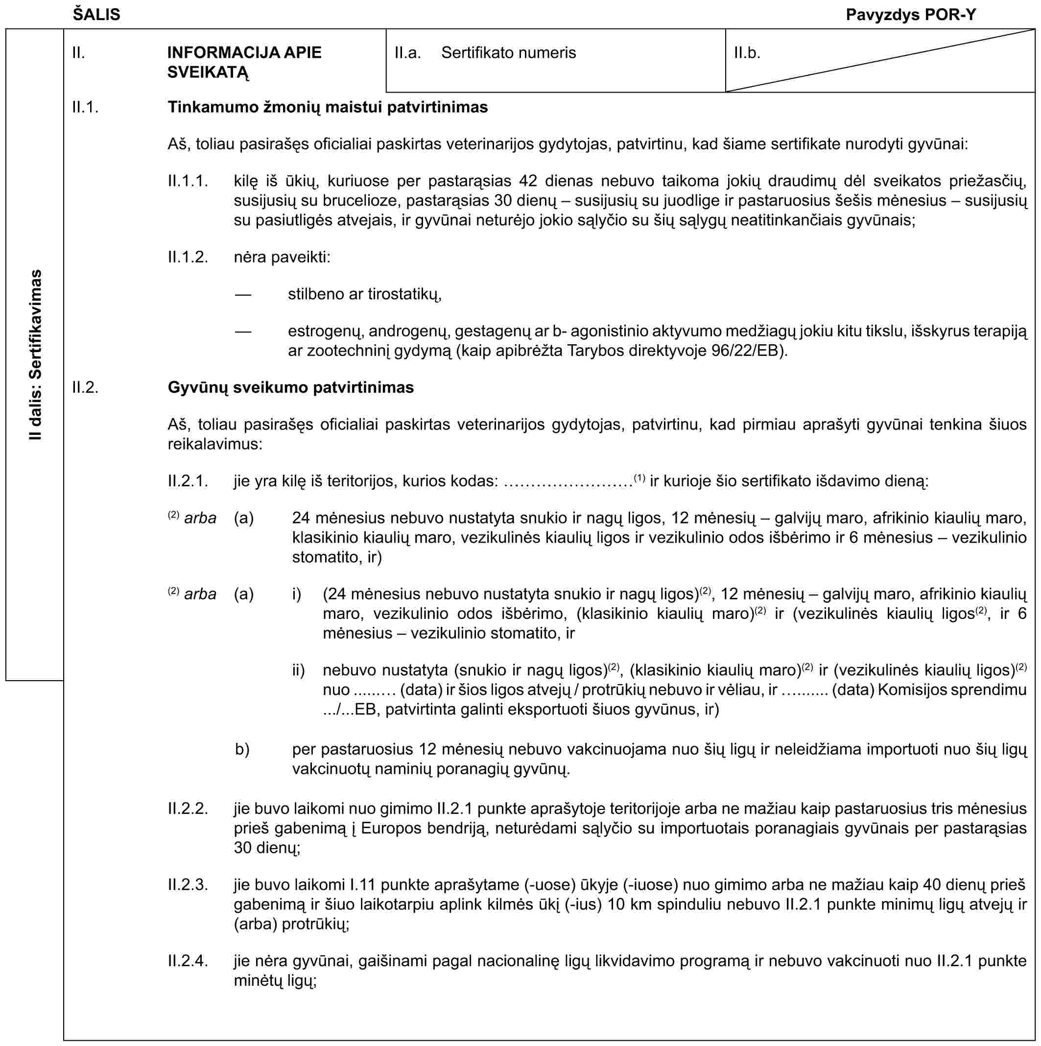 ŠALISPavyzdys POR-YII dalis: SertifikavimasII. INFORMACIJA APIE SVEIKATĄII.a. Sertifikato numerisII.b.II.1. Tinkamumo žmonių maistui patvirtinimasAš, toliau pasirašęs oficialiai paskirtas veterinarijos gydytojas, patvirtinu, kad šiame sertifikate nurodyti gyvūnai:II.1.1. kilę iš ūkių, kuriuose per pastarąsias 42 dienas nebuvo taikoma jokių draudimų dėl sveikatos priežasčių, susijusių su brucelioze, pastarąsias 30 dienų – susijusių su juodlige ir pastaruosius šešis mėnesius – susijusių su pasiutligės atvejais, ir gyvūnai neturėjo jokio sąlyčio su šių sąlygų neatitinkančiais gyvūnais;II.1.2. nėra paveikti:— stilbeno ar tirostatikų,— estrogenų, androgenų, gestagenų ar b- agonistinio aktyvumo medžiagų jokiu kitu tikslu, išskyrus terapiją ar zootechninį gydymą (kaip apibrėžta Tarybos direktyvoje 96/22/EB).II.2. Gyvūnų sveikumo patvirtinimasAš, toliau pasirašęs oficialiai paskirtas veterinarijos gydytojas, patvirtinu, kad pirmiau aprašyti gyvūnai tenkina šiuos reikalavimus:II.2.1. jie yra kilę iš teritorijos, kurios kodas: ………(1) ir kurioje šio sertifikato išdavimo dieną:(2) arba (a) 24 mėnesius nebuvo nustatyta snukio ir nagų ligos, 12 mėnesių – galvijų maro, afrikinio kiaulių maro, klasikinio kiaulių maro, vezikulinės kiaulių ligos ir vezikulinio odos išbėrimo ir 6 mėnesius – vezikulinio stomatito, ir)(2) arba (a) i) (24 mėnesius nebuvo nustatyta snukio ir nagų ligos)(2), 12 mėnesių – galvijų maro, afrikinio kiaulių maro, vezikulinio odos išbėrimo, (klasikinio kiaulių maro)(2) ir (vezikulinės kiaulių ligos(2), ir 6 mėnesius – vezikulinio stomatito, irii) nebuvo nustatyta (snukio ir nagų ligos)(2), (klasikinio kiaulių maro)(2) ir (vezikulinės kiaulių ligos)(2) nuo ...... (data) ir šios ligos atvejų / protrūkių nebuvo ir vėliau, ir ....... (data) Komisijos sprendimu .../...EB, patvirtinta galinti eksportuoti šiuos gyvūnus, ir)b) per pastaruosius 12 mėnesių nebuvo vakcinuojama nuo šių ligų ir neleidžiama importuoti nuo šių ligų vakcinuotų naminių poranagių gyvūnų.II.2.2. jie buvo laikomi nuo gimimo II.2.1 punkte aprašytoje teritorijoje arba ne mažiau kaip pastaruosius tris mėnesius prieš gabenimą į Europos bendriją, neturėdami sąlyčio su importuotais poranagiais gyvūnais per pastarąsias 30 dienų;II.2.3. jie buvo laikomi I.11 punkte aprašytame (-uose) ūkyje (-iuose) nuo gimimo arba ne mažiau kaip 40 dienų prieš gabenimą ir šiuo laikotarpiu aplink kilmės ūkį (-ius) 10 km spinduliu nebuvo II.2.1 punkte minimų ligų atvejų ir (arba) protrūkių;II.2.4. jie nėra gyvūnai, gaišinami pagal nacionalinę ligų likvidavimo programą ir nebuvo vakcinuoti nuo II.2.1 punkte minėtų ligų;