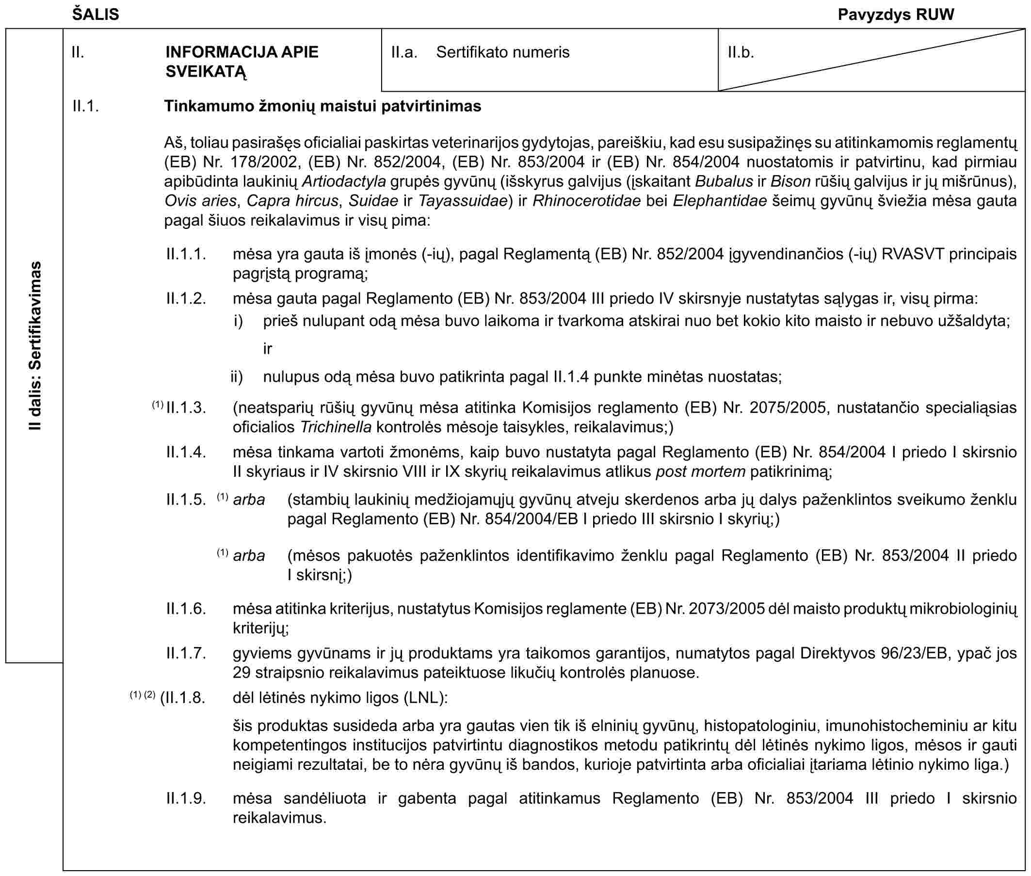 ŠALISPavyzdys RUWII dalis: SertifikavimasII. INFORMACIJA APIE SVEIKATĄII.a. Sertifikato numerisII.b.II.1. Tinkamumo žmonių maistui patvirtinimasAš, toliau pasirašęs oficialiai paskirtas veterinarijos gydytojas, pareiškiu, kad esu susipažinęs su atitinkamomis reglamentų (EB) Nr. 178/2002, (EB) Nr. 852/2004, (EB) Nr. 853/2004 ir (EB) Nr. 854/2004 nuostatomis ir patvirtinu, kad pirmiau apibūdinta laukinių Artiodactyla grupės gyvūnų (išskyrus galvijus (įskaitant Bubalus ir Bison rūšių galvijus ir jų mišrūnus), Ovis aries, Capra hircus, Suidae ir Tayassuidae) ir Rhinocerotidae bei Elephantidae šeimų gyvūnų šviežia mėsa gauta pagal šiuos reikalavimus ir visų pima:II.1.1. mėsa yra gauta iš įmonės (-ių), pagal Reglamentą (EB) Nr. 852/2004 įgyvendinančios (-ių) RVASVT principais pagrįstą programą;II.1.2. mėsa gauta pagal Reglamento (EB) Nr. 853/2004 III priedo IV skirsnyje nustatytas sąlygas ir, visų pirma:i) prieš nulupant odą mėsa buvo laikoma ir tvarkoma atskirai nuo bet kokio kito maisto ir nebuvo užšaldyta;irii) nulupus odą mėsa buvo patikrinta pagal II.1.4 punkte minėtas nuostatas;(1) II.1.3. (neatsparių rūšių gyvūnų mėsa atitinka Komisijos reglamento (EB) Nr. 2075/2005, nustatančio specialiąsias oficialios Trichinella kontrolės mėsoje taisykles, reikalavimus;)II.1.4. mėsa tinkama vartoti žmonėms, kaip buvo nustatyta pagal Reglamento (EB) Nr. 854/2004 I priedo I skirsnio II skyriaus ir IV skirsnio VIII ir IX skyrių reikalavimus atlikus post mortem patikrinimą;II.1.5. (1) arba (stambių laukinių medžiojamųjų gyvūnų atveju skerdenos arba jų dalys paženklintos sveikumo ženklu pagal Reglamento (EB) Nr. 854/2004/EB I priedo III skirsnio I skyrių;)(1) arba (mėsos pakuotės paženklintos identifikavimo ženklu pagal Reglamento (EB) Nr. 853/2004 II priedo I skirsnį;)II.1.6. mėsa atitinka kriterijus, nustatytus Komisijos reglamente (EB) Nr. 2073/2005 dėl maisto produktų mikrobiologinių kriterijų;II.1.7. gyviems gyvūnams ir jų produktams yra taikomos garantijos, numatytos pagal Direktyvos 96/23/EB, ypač jos 29 straipsnio reikalavimus pateiktuose likučių kontrolės planuose.(1) (2) (II.1.8. dėl lėtinės nykimo ligos (LNL):šis produktas susideda arba yra gautas vien tik iš elninių gyvūnų, histopatologiniu, imunohistocheminiu ar kitu kompetentingos institucijos patvirtintu diagnostikos metodu patikrintų dėl lėtinės nykimo ligos, mėsos ir gauti neigiami rezultatai, be to nėra gyvūnų iš bandos, kurioje patvirtinta arba oficialiai įtariama lėtinio nykimo liga.)II.1.9. mėsa sandėliuota ir gabenta pagal atitinkamus Reglamento (EB) Nr. 853/2004 III priedo I skirsnio reikalavimus.