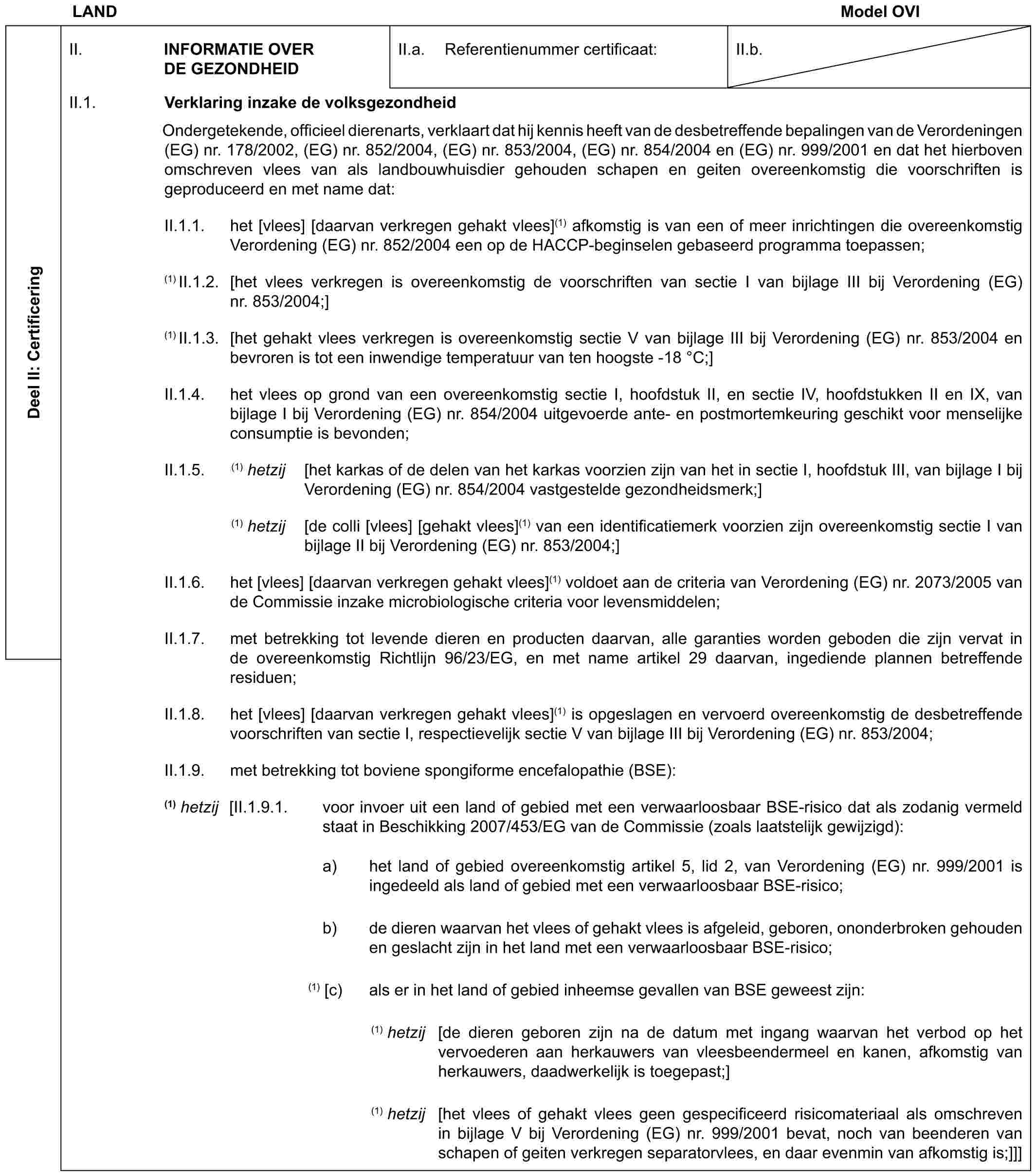 LAND Model OVIDeel II: CertificeringII. INFORMATIE OVER DE GEZONDHEIDII.a. Referentienummer certificaat:II.b.II.1. Verklaring inzake de volksgezondheidOndergetekende, officieel dierenarts, verklaart dat hij kennis heeft van de desbetreffende bepalingen van de Verordeningen (EG) nr. 178/2002, (EG) nr. 852/2004, (EG) nr. 853/2004, (EG) nr. 854/2004 en (EG) nr. 999/2001 en dat het hierboven omschreven vlees van als landbouwhuisdier gehouden schapen en geiten overeenkomstig die voorschriften is geproduceerd en met name dat:II.1.1. het [vlees] [daarvan verkregen gehakt vlees](1) afkomstig is van een of meer inrichtingen die overeenkomstig Verordening (EG) nr. 852/2004 een op de HACCP-beginselen gebaseerd programma toepassen;(1) II.1.2. [het vlees verkregen is overeenkomstig de voorschriften van sectie I van bijlage III bij Verordening (EG) nr. 853/2004;](1) II.1.3. [het gehakt vlees verkregen is overeenkomstig sectie V van bijlage III bij Verordening (EG) nr. 853/2004 en bevroren is tot een inwendige temperatuur van ten hoogste -18 °C;]II.1.4. het vlees op grond van een overeenkomstig sectie I, hoofdstuk II, en sectie IV, hoofdstukken II en IX, van bijlage I bij Verordening (EG) nr. 854/2004 uitgevoerde ante- en postmortemkeuring geschikt voor menselijke consumptie is bevonden;II.1.5. (1) hetzij [het karkas of de delen van het karkas voorzien zijn van het in sectie I, hoofdstuk III, van bijlage I bij Verordening (EG) nr. 854/2004 vastgestelde gezondheidsmerk;](1) hetzij [de colli [vlees] [gehakt vlees](1) van een identificatiemerk voorzien zijn overeenkomstig sectie I van bijlage II bij Verordening (EG) nr. 853/2004;]II.1.6. het [vlees] [daarvan verkregen gehakt vlees](1) voldoet aan de criteria van Verordening (EG) nr. 2073/2005 van de Commissie inzake microbiologische criteria voor levensmiddelen;II.1.7. met betrekking tot levende dieren en producten daarvan, alle garanties worden geboden die zijn vervat in de overeenkomstig Richtlijn 96/23/EG, en met name artikel 29 daarvan, ingediende plannen betreffende residuen;II.1.8. het [vlees] [daarvan verkregen gehakt vlees](1) is opgeslagen en vervoerd overeenkomstig de desbetreffende voorschriften van sectie I, respectievelijk sectie V van bijlage III bij Verordening (EG) nr. 853/2004;II.1.9. met betrekking tot boviene spongiforme encefalopathie (BSE):(1) hetzij [II.1.9.1. voor invoer uit een land of gebied met een verwaarloosbaar BSE-risico dat als zodanig vermeld staat in Beschikking 2007/453/EG van de Commissie (zoals laatstelijk gewijzigd):a) het land of gebied overeenkomstig artikel 5, lid 2, van Verordening (EG) nr. 999/2001 is ingedeeld als land of gebied met een verwaarloosbaar BSE-risico;b) de dieren waarvan het vlees of gehakt vlees is afgeleid, geboren, ononderbroken gehouden en geslacht zijn in het land met een verwaarloosbaar BSE-risico;(1) [c) als er in het land of gebied inheemse gevallen van BSE geweest zijn:(1) hetzij [de dieren geboren zijn na de datum met ingang waarvan het verbod op het vervoederen aan herkauwers van vleesbeendermeel en kanen, afkomstig van herkauwers, daadwerkelijk is toegepast;](1) hetzij [het vlees of gehakt vlees geen gespecificeerd risicomateriaal als omschreven in bijlage V bij Verordening (EG) nr. 999/2001 bevat, noch van beenderen van schapen of geiten verkregen separatorvlees, en daar evenmin van afkomstig is;]]]