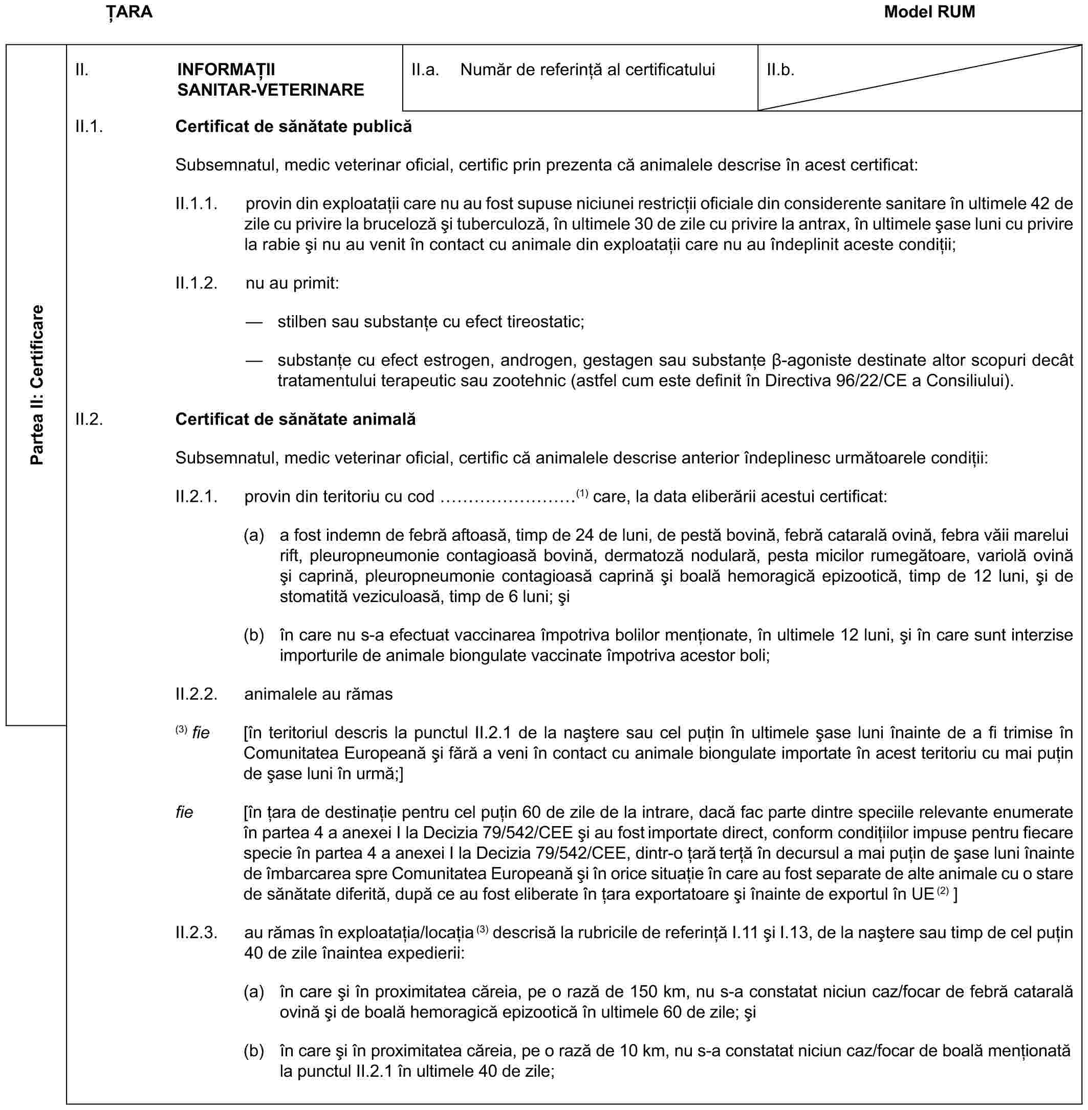 ȚARAModel RUMPartea II: CertificareII. INFORMAȚII SANITAR-VETERINAREII.a. Număr de referință al certificatuluiII.b.II.1. Certificat de sănătate publicăSubsemnatul, medic veterinar oficial, certific prin prezenta că animalele descrise în acest certificat:II.1.1. provin din exploatații care nu au fost supuse niciunei restricții oficiale din considerente sanitare în ultimele 42 de zile cu privire la bruceloză și tuberculoză, în ultimele 30 de zile cu privire la antrax, în ultimele șase luni cu privire la rabie și nu au venit în contact cu animale din exploatații care nu au îndeplinit aceste condiții;II.1.2. nu au primit:— stilben sau substanțe cu efect tireostatic;— substanțe cu efect estrogen, androgen, gestagen sau substanțe β-agoniste destinate altor scopuri decât tratamentului terapeutic sau zootehnic (astfel cum este definit în Directiva 96/22/CE a Consiliului).II.2. Certificat de sănătate animalăSubsemnatul, medic veterinar oficial, certific că animalele descrise anterior îndeplinesc următoarele condiții:II.2.1. provin din teritoriu cu cod ………(1) care, la data eliberării acestui certificat:(a) a fost indemn de febră aftoasă, timp de 24 de luni, de pestă bovină, febră catarală ovină, febra văii marelui rift, pleuropneumonie contagioasă bovină, dermatoză nodulară, pesta micilor rumegătoare, variolă ovină și caprină, pleuropneumonie contagioasă caprină și boală hemoragică epizootică, timp de 12 luni, și de stomatită veziculoasă, timp de 6 luni; și(b) în care nu s-a efectuat vaccinarea împotriva bolilor menționate, în ultimele 12 luni, și în care sunt interzise importurile de animale biongulate vaccinate împotriva acestor boli;II.2.2. animalele au rămas(3) fie [în teritoriul descris la punctul II.2.1 de la naștere sau cel puțin în ultimele șase luni înainte de a fi trimise în Comunitatea Europeană și fără a veni în contact cu animale biongulate importate în acest teritoriu cu mai puțin de șase luni în urmă;]fie [în țara de destinație pentru cel puțin 60 de zile de la intrare, dacă fac parte dintre speciile relevante enumerate în partea 4 a anexei I la Decizia 79/542/CEE și au fost importate direct, conform condițiilor impuse pentru fiecare specie în partea 4 a anexei I la Decizia 79/542/CEE, dintr-o țară terță în decursul a mai puțin de șase luni înainte de îmbarcarea spre Comunitatea Europeană și în orice situație în care au fost separate de alte animale cu o stare de sănătate diferită, după ce au fost eliberate în țara exportatoare și înainte de exportul în UE(2) ]II.2.3. au rămas în exploatația/locația(3) descrisă la rubricile de referință I.11 și I.13, de la naștere sau timp de cel puțin 40 de zile înaintea expedierii:(a) în care și în proximitatea căreia, pe o rază de 150 km, nu s-a constatat niciun caz/focar de febră catarală ovină și de boală hemoragică epizootică în ultimele 60 de zile; și(b) în care și în proximitatea căreia, pe o rază de 10 km, nu s-a constatat niciun caz/focar de boală menționată la punctul II.2.1 în ultimele 40 de zile;