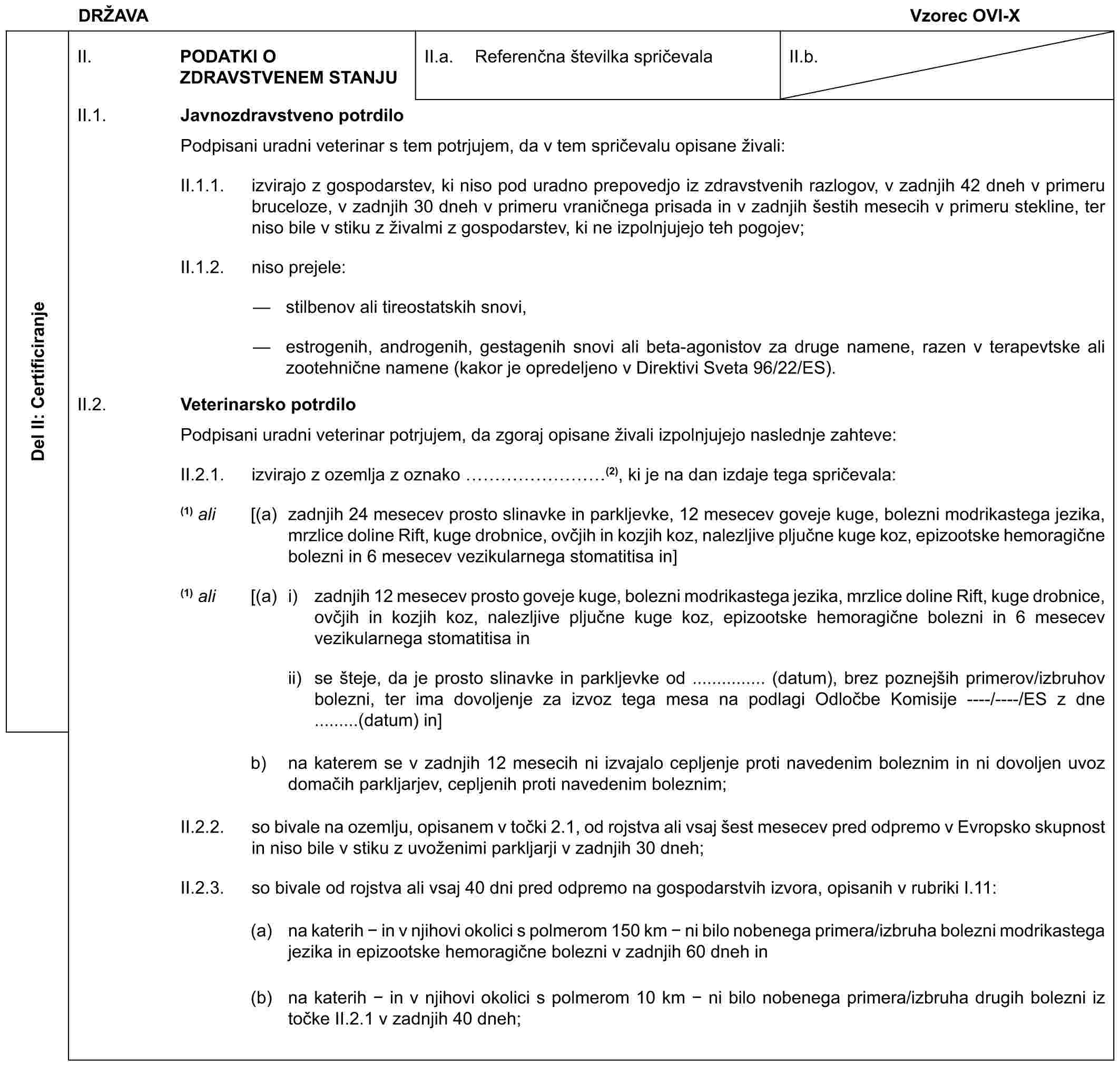 DRŽAVA Vzorec OVI-XDel II: CertificiranjeII. PODATKI O ZDRAVSTVENEM STANJUII.a. Referenčna številka spričevalaII.b.II.1. Javnozdravstveno potrdiloPodpisani uradni veterinar s tem potrjujem, da v tem spričevalu opisane živali:II.1.1. izvirajo z gospodarstev, ki niso pod uradno prepovedjo iz zdravstvenih razlogov, v zadnjih 42 dneh v primeru bruceloze, v zadnjih 30 dneh v primeru vraničnega prisada in v zadnjih šestih mesecih v primeru stekline, ter niso bile v stiku z živalmi z gospodarstev, ki ne izpolnjujejo teh pogojev;II.1.2. niso prejele:— stilbenov ali tireostatskih snovi,— estrogenih, androgenih, gestagenih snovi ali beta-agonistov za druge namene, razen v terapevtske ali zootehnične namene (kakor je opredeljeno v Direktivi Sveta 96/22/ES).II.2. Veterinarsko potrdiloPodpisani uradni veterinar potrjujem, da zgoraj opisane živali izpolnjujejo naslednje zahteve:II.2.1. izvirajo z ozemlja z oznako ………(2), ki je na dan izdaje tega spričevala:(1) ali [(a) zadnjih 24 mesecev prosto slinavke in parkljevke, 12 mesecev goveje kuge, bolezni modrikastega jezika, mrzlice doline Rift, kuge drobnice, ovčjih in kozjih koz, nalezljive pljučne kuge koz, epizootske hemoragične bolezni in 6 mesecev vezikularnega stomatitisa in](1) ali [(a) i) zadnjih 12 mesecev prosto goveje kuge, bolezni modrikastega jezika, mrzlice doline Rift, kuge drobnice, ovčjih in kozjih koz, nalezljive pljučne kuge koz, epizootske hemoragične bolezni in 6 mesecev vezikularnega stomatitisa inii) se šteje, da je prosto slinavke in parkljevke od ............... (datum), brez poznejših primerov/izbruhov bolezni, ter ima dovoljenje za izvoz tega mesa na podlagi Odločbe Komisije ----/----/ES z dne .........(datum) in]b) na katerem se v zadnjih 12 mesecih ni izvajalo cepljenje proti navedenim boleznim in ni dovoljen uvoz domačih parkljarjev, cepljenih proti navedenim boleznim;II.2.2. so bivale na ozemlju, opisanem v točki 2.1, od rojstva ali vsaj šest mesecev pred odpremo v Evropsko skupnost in niso bile v stiku z uvoženimi parkljarji v zadnjih 30 dneh;II.2.3. so bivale od rojstva ali vsaj 40 dni pred odpremo na gospodarstvih izvora, opisanih v rubriki I.11:(a) na katerih - in v njihovi okolici s polmerom 150 km - ni bilo nobenega primera/izbruha bolezni modrikastega jezika in epizootske hemoragične bolezni v zadnjih 60 dneh in(b) na katerih - in v njihovi okolici s polmerom 10 km - ni bilo nobenega primera/izbruha drugih bolezni iz točke II.2.1 v zadnjih 40 dneh;