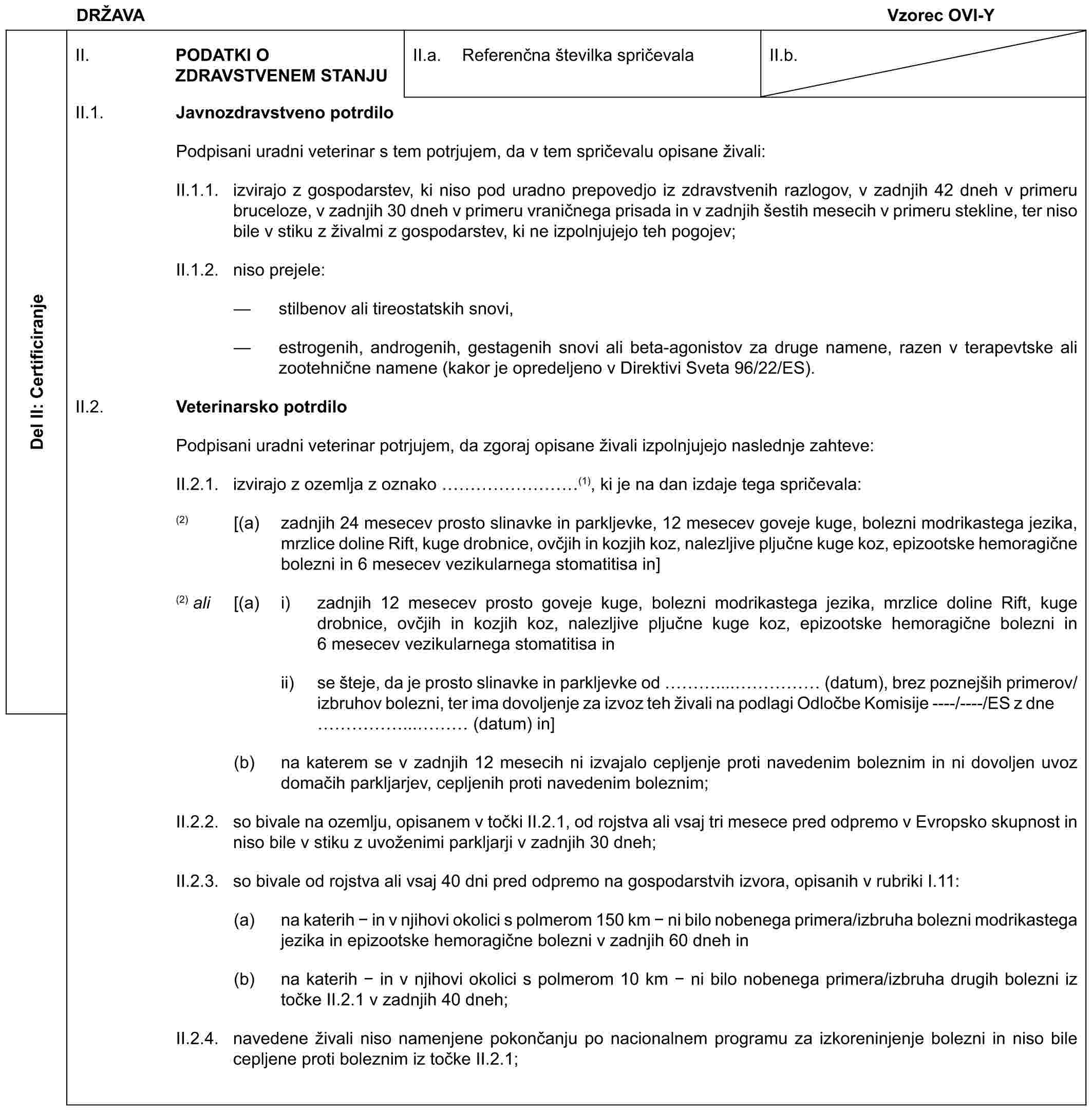 DRŽAVAVzorec OVI-YDel II: CertificiranjeII. PODATKI O ZDRAVSTVENEM STANJUII.a. Referenčna številka spričevalaII.b.II.1. Javnozdravstveno potrdiloPodpisani uradni veterinar s tem potrjujem, da v tem spričevalu opisane živali:II.1.1. izvirajo z gospodarstev, ki niso pod uradno prepovedjo iz zdravstvenih razlogov, v zadnjih 42 dneh v primeru bruceloze, v zadnjih 30 dneh v primeru vraničnega prisada in v zadnjih šestih mesecih v primeru stekline, ter niso bile v stiku z živalmi z gospodarstev, ki ne izpolnjujejo teh pogojev;II.1.2. niso prejele:— stilbenov ali tireostatskih snovi,— estrogenih, androgenih, gestagenih snovi ali beta-agonistov za druge namene, razen v terapevtske ali zootehnične namene (kakor je opredeljeno v Direktivi Sveta 96/22/ES).II.2. Veterinarsko potrdiloPodpisani uradni veterinar potrjujem, da zgoraj opisane živali izpolnjujejo naslednje zahteve:II.2.1. izvirajo z ozemlja z oznako ………(1), ki je na dan izdaje tega spričevala:(2) [(a) zadnjih 24 mesecev prosto slinavke in parkljevke, 12 mesecev goveje kuge, bolezni modrikastega jezika, mrzlice doline Rift, kuge drobnice, ovčjih in kozjih koz, nalezljive pljučne kuge koz, epizootske hemoragične bolezni in 6 mesecev vezikularnega stomatitisa in](2) ali [(a) i) zadnjih 12 mesecev prosto goveje kuge, bolezni modrikastega jezika, mrzlice doline Rift, kuge drobnice, ovčjih in kozjih koz, nalezljive pljučne kuge koz, epizootske hemoragične bolezni in 6 mesecev vezikularnega stomatitisa inii) se šteje, da je prosto slinavke in parkljevke od …....…… (datum), brez poznejših primerov/izbruhov bolezni, ter ima dovoljenje za izvoz teh živali na podlagi Odločbe Komisije ----/----/ES z dne ……...… (datum) in](b) na katerem se v zadnjih 12 mesecih ni izvajalo cepljenje proti navedenim boleznim in ni dovoljen uvoz domačih parkljarjev, cepljenih proti navedenim boleznim;II.2.2. so bivale na ozemlju, opisanem v točki II.2.1, od rojstva ali vsaj tri mesece pred odpremo v Evropsko skupnost in niso bile v stiku z uvoženimi parkljarji v zadnjih 30 dneh;II.2.3. so bivale od rojstva ali vsaj 40 dni pred odpremo na gospodarstvih izvora, opisanih v rubriki I.11:(a) na katerih - in v njihovi okolici s polmerom 150 km - ni bilo nobenega primera/izbruha bolezni modrikastega jezika in epizootske hemoragične bolezni v zadnjih 60 dneh in(b) na katerih - in v njihovi okolici s polmerom 10 km - ni bilo nobenega primera/izbruha drugih bolezni iz točke II.2.1 v zadnjih 40 dneh;II.2.4. navedene živali niso namenjene pokončanju po nacionalnem programu za izkoreninjenje bolezni in niso bile cepljene proti boleznim iz točke II.2.1;