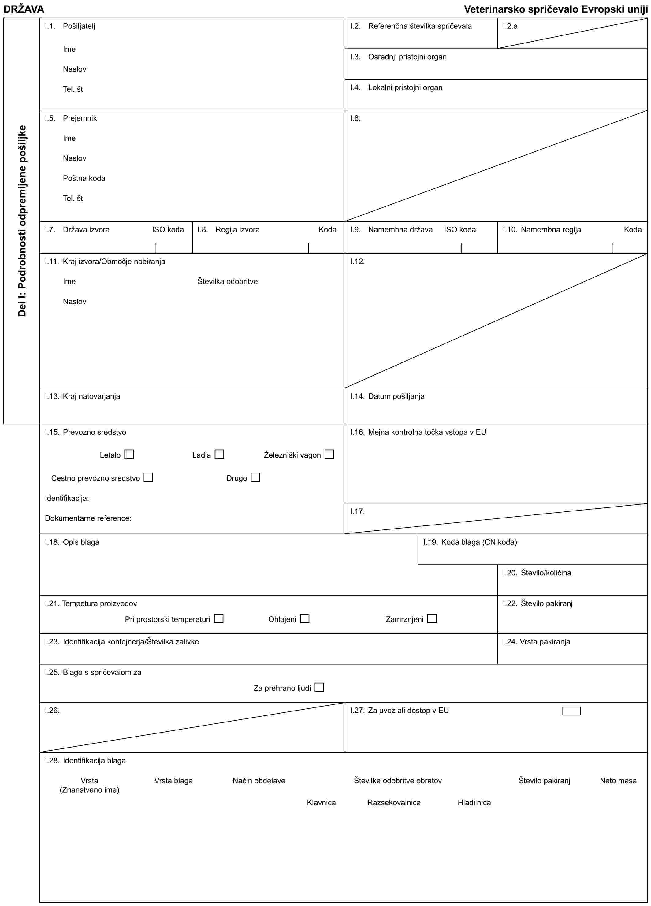 DRŽAVAVeterinarsko spričevalo Evropski unijiDel I: Podrobnosti odpremljene pošiljkeI.1. PošiljateljImeNaslovTel. štI.2. Referenčna številka spričevalaI.2.aI.3. Osrednji pristojni organI.4. Lokalni pristojni organI.5. PrejemnikImeNaslovPoštna kodaTel. štI.6.I.7. Država izvoraISO kodaI.8. Regija izvoraKodaI.9. Namembna državaISO kodaI.10. Namembna regijaKodaI.11. Kraj izvora/Območje nabiranjaImeNaslovŠtevilka odobritveI.12.I.13. Kraj natovarjanjaI.14. Datum pošiljanjaI.15. Prevozno sredstvoLetaloLadjaŽelezniški vagonCestno prevozno sredstvoDrugoIdentifikacija:Dokumentarne reference:I.16. Mejna kontrolna točka vstopa v EUI.17.I.18. Opis blagaI.19. Koda blaga (CN koda)I.20. Število/količinaI.21. Tempetura proizvodovPri prostorski temperaturiOhlajeniZamrznjeniI.22. Število pakiranjI.23. Identifikacija kontejnerja/Številka zalivkeI.24. Vrsta pakiranjaI.25. Blago s spričevalom zaZa prehrano ljudiI.26.I.27. Za uvoz ali dostop v EUI.28. Identifikacija blagaVrsta (Znanstveno ime)Vrsta blagaNačin obdelaveŠtevilka odobritve obratovŠtevilo pakiranjNeto masaKlavnicaRazsekovalnicaHladilnica