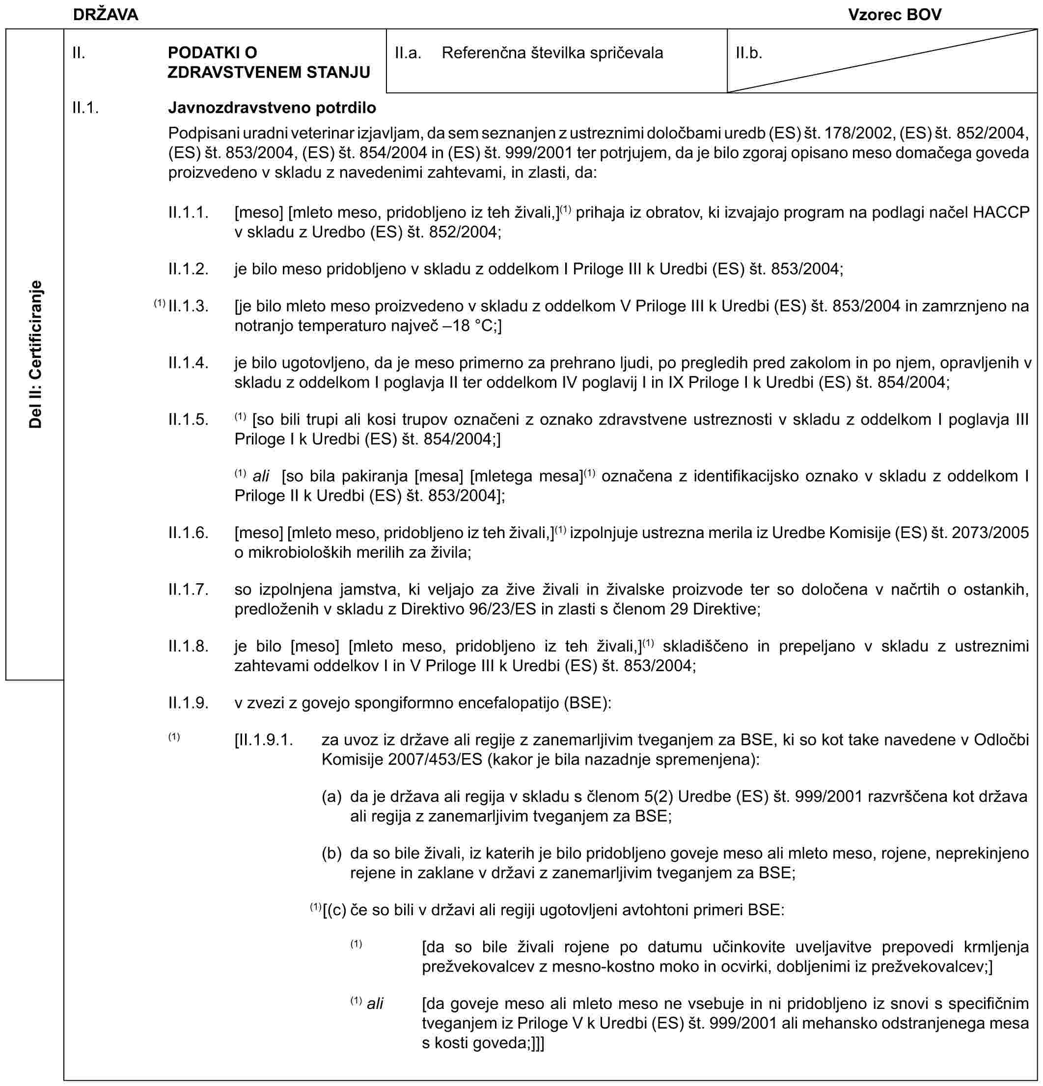 DRŽAVAVzorec BOVDel II: CertificiranjeII. PODATKI O ZDRAVSTVENEM STANJUII.a. Referenčna številka spričevalaII.b.II.1. Javnozdravstveno potrdiloPodpisani uradni veterinar izjavljam, da sem seznanjen z ustreznimi določbami uredb (ES) št. 178/2002, (ES) št. 852/2004, (ES) št. 853/2004, (ES) št. 854/2004 in (ES) št. 999/2001 ter potrjujem, da je bilo zgoraj opisano meso domačega goveda proizvedeno v skladu z navedenimi zahtevami, in zlasti, da:II.1.1. [meso] [mleto meso, pridobljeno iz teh živali,](1) prihaja iz obratov, ki izvajajo program na podlagi načel HACCP v skladu z Uredbo (ES) št. 852/2004;II.1.2. je bilo meso pridobljeno v skladu z oddelkom I Priloge III k Uredbi (ES) št. 853/2004;(1) II.1.3. [je bilo mleto meso proizvedeno v skladu z oddelkom V Priloge III k Uredbi (ES) št. 853/2004 in zamrznjeno na notranjo temperaturo največ –18 °C;]II.1.4. je bilo ugotovljeno, da je meso primerno za prehrano ljudi, po pregledih pred zakolom in po njem, opravljenih v skladu z oddelkom I poglavja II ter oddelkom IV poglavij I in IX Priloge I k Uredbi (ES) št. 854/2004;II.1.5. (1) [so bili trupi ali kosi trupov označeni z oznako zdravstvene ustreznosti v skladu z oddelkom I poglavja III Priloge I k Uredbi (ES) št. 854/2004;](1) ali [so bila pakiranja [mesa] [mletega mesa](1) označena z identifikacijsko oznako v skladu z oddelkom I Priloge II k Uredbi (ES) št. 853/2004];II.1.6. [meso] [mleto meso, pridobljeno iz teh živali,](1) izpolnjuje ustrezna merila iz Uredbe Komisije (ES) št. 2073/2005 o mikrobioloških merilih za živila;II.1.7. so izpolnjena jamstva, ki veljajo za žive živali in živalske proizvode ter so določena v načrtih o ostankih, predloženih v skladu z Direktivo 96/23/ES in zlasti s členom 29 Direktive;II.1.8. je bilo [meso] [mleto meso, pridobljeno iz teh živali,](1) skladiščeno in prepeljano v skladu z ustreznimi zahtevami oddelkov I in V Priloge III k Uredbi (ES) št. 853/2004;II.1.9. v zvezi z govejo spongiformno encefalopatijo (BSE):(1) [II.1.9.1. za uvoz iz države ali regije z zanemarljivim tveganjem za BSE, ki so kot take navedene v Odločbi Komisije 2007/453/ES (kakor je bila nazadnje spremenjena):(a) da je država ali regija v skladu s členom 5(2) Uredbe (ES) št. 999/2001 razvrščena kot država ali regija z zanemarljivim tveganjem za BSE;(b) da so bile živali, iz katerih je bilo pridobljeno goveje meso ali mleto meso, rojene, neprekinjeno rejene in zaklane v državi z zanemarljivim tveganjem za BSE;(1)[(c) če so bili v državi ali regiji ugotovljeni avtohtoni primeri BSE:(1) [da so bile živali rojene po datumu učinkovite uveljavitve prepovedi krmljenja prežvekovalcev z mesno-kostno moko in ocvirki, dobljenimi iz prežvekovalcev;](1) ali [da goveje meso ali mleto meso ne vsebuje in ni pridobljeno iz snovi s specifičnim tveganjem iz Priloge V k Uredbi (ES) št. 999/2001 ali mehansko odstranjenega mesa s kosti goveda;]]]