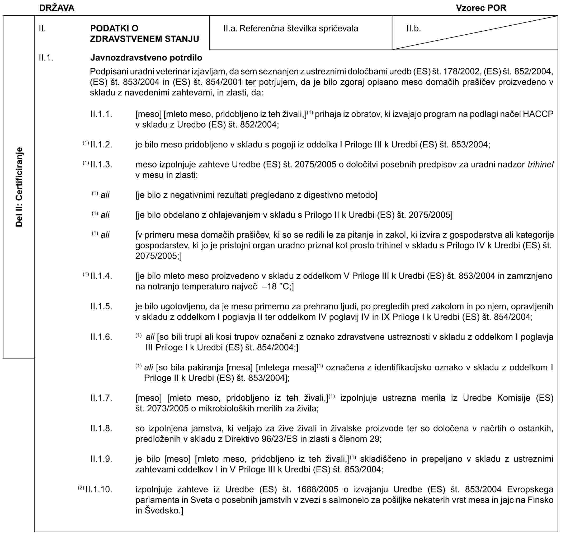 DRŽAVAVzorec PORDel II: CertificiranjeII. PODATKI O ZDRAVSTVENEM STANJUII.a. Referenčna številka spričevalaII.b.II.1. Javnozdravstveno potrdiloPodpisani uradni veterinar izjavljam, da sem seznanjen z ustreznimi določbami uredb (ES) št. 178/2002, (ES) št. 852/2004, (ES) št. 853/2004 in (ES) št. 854/2001 ter potrjujem, da je bilo zgoraj opisano meso domačih prašičev proizvedeno v skladu z navedenimi zahtevami, in zlasti, da:II.1.1. [meso] [mleto meso, pridobljeno iz teh živali,](1) prihaja iz obratov, ki izvajajo program na podlagi načel HACCP v skladu z Uredbo (ES) št. 852/2004;(1 II.1.2. je bilo meso pridobljeno v skladu s pogoji iz oddelka I Priloge III k Uredbi (ES) št. 853/2004;(1) II.1.3. meso izpolnjuje zahteve Uredbe (ES) št. 2075/2005 o določitvi posebnih predpisov za uradni nadzor trihinel v mesu in zlasti:(1) ali [je bilo z negativnimi rezultati pregledano z digestivno metodo](1) ali [je bilo obdelano z ohlajevanjem v skladu s Prilogo II k Uredbi (ES) št. 2075/2005](1) ali [v primeru mesa domačih prašičev, ki so se redili le za pitanje in zakol, ki izvira z gospodarstva ali kategorije gospodarstev, ki jo je pristojni organ uradno priznal kot prosto trihinel v skladu s Prilogo IV k Uredbi (ES) št. 2075/2005;](1) II.1.4. [je bilo mleto meso proizvedeno v skladu z oddelkom V Priloge III k Uredbi (ES) št. 853/2004 in zamrznjeno na notranjo temperaturo največ –18 °C;]II.1.5. je bilo ugotovljeno, da je meso primerno za prehrano ljudi, po pregledih pred zakolom in po njem, opravljenih v skladu z oddelkom I poglavja II ter oddelkom IV poglavij IV in IX Priloge I k Uredbi (ES) št. 854/2004;II.1.6. (1) ali [so bili trupi ali kosi trupov označeni z oznako zdravstvene ustreznosti v skladu z oddelkom I poglavja III Priloge I k Uredbi (ES) št. 854/2004;](1) ali [so bila pakiranja [mesa] [mletega mesa](1) označena z identifikacijsko oznako v skladu z oddelkom I Priloge II k Uredbi (ES) št. 853/2004];II.1.7. [meso] [mleto meso, pridobljeno iz teh živali,](1) izpolnjuje ustrezna merila iz Uredbe Komisije (ES) št. 2073/2005 o mikrobioloških merilih za živila;II.1.8. so izpolnjena jamstva, ki veljajo za žive živali in živalske proizvode ter so določena v načrtih o ostankih, predloženih v skladu z Direktivo 96/23/ES in zlasti s členom 29;II.1.9. je bilo [meso] [mleto meso, pridobljeno iz teh živali,](1) skladiščeno in prepeljano v skladu z ustreznimi zahtevami oddelkov I in V Priloge III k Uredbi (ES) št. 853/2004;(2) II.1.10. izpolnjuje zahteve iz Uredbe (ES) št. 1688/2005 o izvajanju Uredbe (ES) št. 853/2004 Evropskega parlamenta in Sveta o posebnih jamstvih v zvezi s salmonelo za pošiljke nekaterih vrst mesa in jajc na Finsko in Švedsko.]