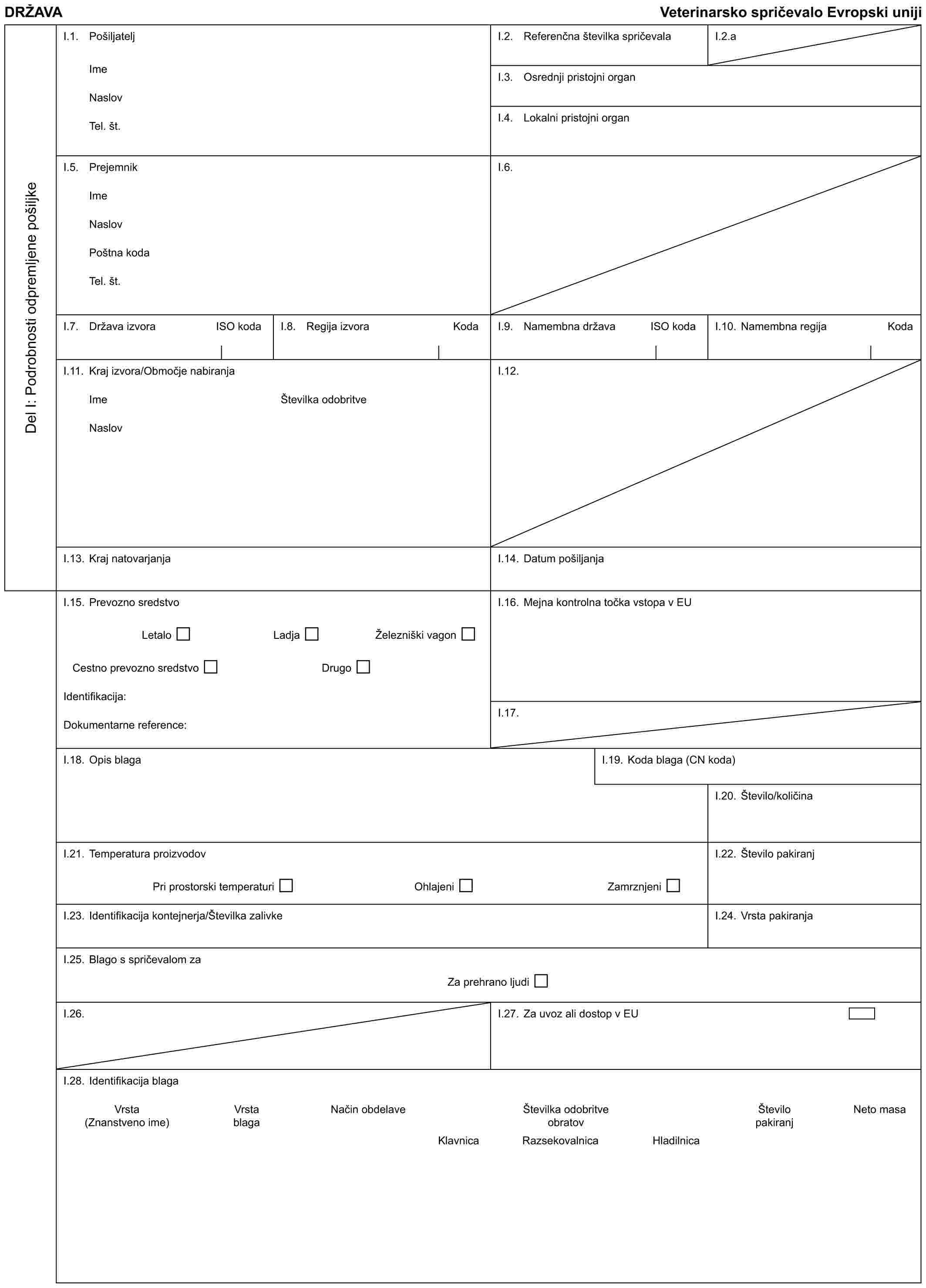 DRŽAVAVeterinarsko spričevalo Evropski unijiDel I: Podrobnosti odpremljene pošiljkeI.1. PošiljateljImeNaslovTel. št.I.2. Referenčna številka spričevalaI.2.aI.3. Osrednji pristojni organI.4. Lokalni pristojni organI.5. PrejemnikImeNaslovPoštna kodaTel. št.I.6.I.7. Država izvoraISO kodaI.8. Regija izvoraKodaI.9. Namembna državaISO kodaI.10. Namembna regijaKodaI.11. Kraj izvora/Območje nabiranjaImeNaslovŠtevilka odobritveI.12.I.13. Kraj natovarjanjaI.14. Datum pošiljanjaI.15. Prevozno sredstvoLetaloLadjaŽelezniški vagonCestno prevozno sredstvoDrugoIdentifikacija:Dokumentarne reference:I.16. Mejna kontrolna točka vstopa v EUI.17.I.18. Opis blagaI.19. Koda blaga (CN koda)I.20. Število/količinaI.21. Temperatura proizvodovPri prostorski temperaturiOhlajeniZamrznjeniI.22. Število pakiranjI.23. Identifikacija kontejnerja/Številka zalivkeI.24. Vrsta pakiranjaI.25. Blago s spričevalom zaZa prehrano ljudiI.26.I.27. Za uvoz ali dostop v EUI.28. Identifikacija blagaVrsta (Znanstveno ime)Vrsta blagaNačin obdelaveŠtevilka odobritve obratovŠtevilo pakiranjNeto masaKlavnicaRazsekovalnicaHladilnica