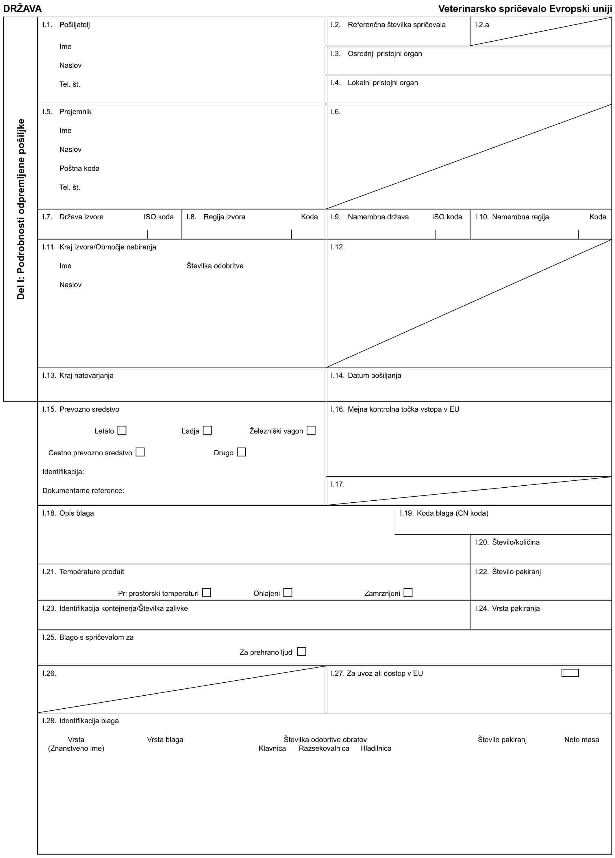 DRŽAVAVeterinarsko spričevalo Evropski unijiDel I: Podrobnosti odpremljene pošiljkeI.1. PošiljateljImeNaslovTel. št.I.2. Referenčna številka spričevalaI.2.aI.3. Osrednji pristojni organI.4. Lokalni pristojni organI.5. PrejemnikImeNaslovPoštna kodaTel. št.I.6.I.7. Država izvoraISO kodaI.8. Regija izvoraKodaI.9. Namembna državaISO kodaI.10. Namembna regijaKodaI.11. Kraj izvora/Območje nabiranjaImeNaslovŠtevilka odobritveI.12.I.13. Kraj natovarjanjaI.14. Datum pošiljanjaI.15. Prevozno sredstvoLetaloLadjaŽelezniški vagonCestno prevozno sredstvoDrugoIdentifikacija:Dokumentarne reference:I.16. Mejna kontrolna točka vstopa v EUI.17.I.18. Opis blagaI.19. Koda blaga (CN koda)I.20. Število/količinaI.21. Température produitPri prostorski temperaturiOhlajeniZamrznjeniI.22. Število pakiranjI.23. Identifikacija kontejnerja/Številka zalivkeI.24. Vrsta pakiranjaI.25. Blago s spričevalom zaZa prehrano ljudiI.26.I.27. Za uvoz ali dostop v EUI.28. Identifikacija blagaVrsta (Znanstveno ime)Vrsta blagaŠtevilka odobritve obratov Klavnica Razsekovalnica HladilnicaŠtevilo pakiranjNeto masa