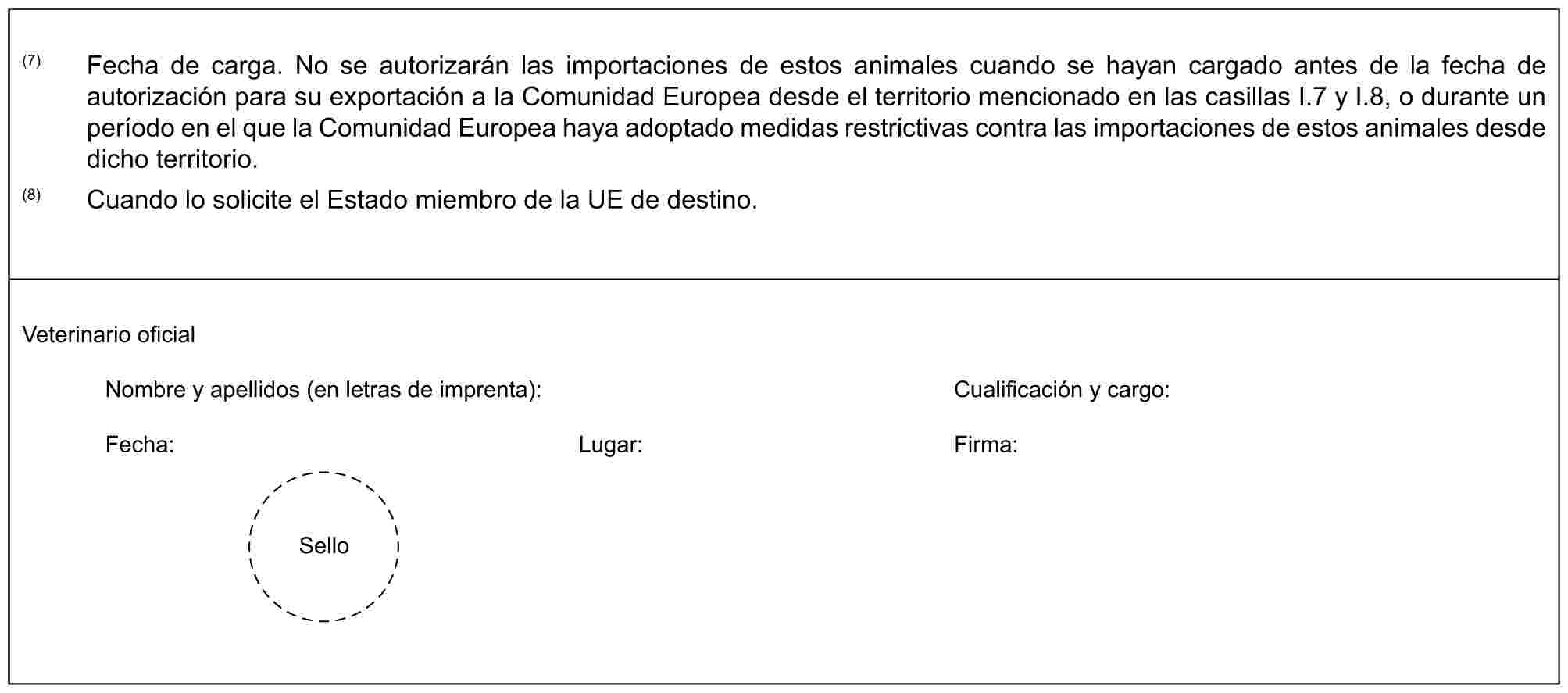 (7) Fecha de carga. No se autorizarán las importaciones de estos animales cuando se hayan cargado antes de la fecha de autorización para su exportación a la Comunidad Europea desde el territorio mencionado en las casillas I.7 y I.8, o durante un período en el que la Comunidad Europea haya adoptado medidas restrictivas contra las importaciones de estos animales desde dicho territorio.(8) Cuando lo solicite el Estado miembro de la UE de destino.Veterinario oficialNombre y apellidos (en letras de imprenta): Cualificación y cargo:Fecha: Lugar: Firma:Sello