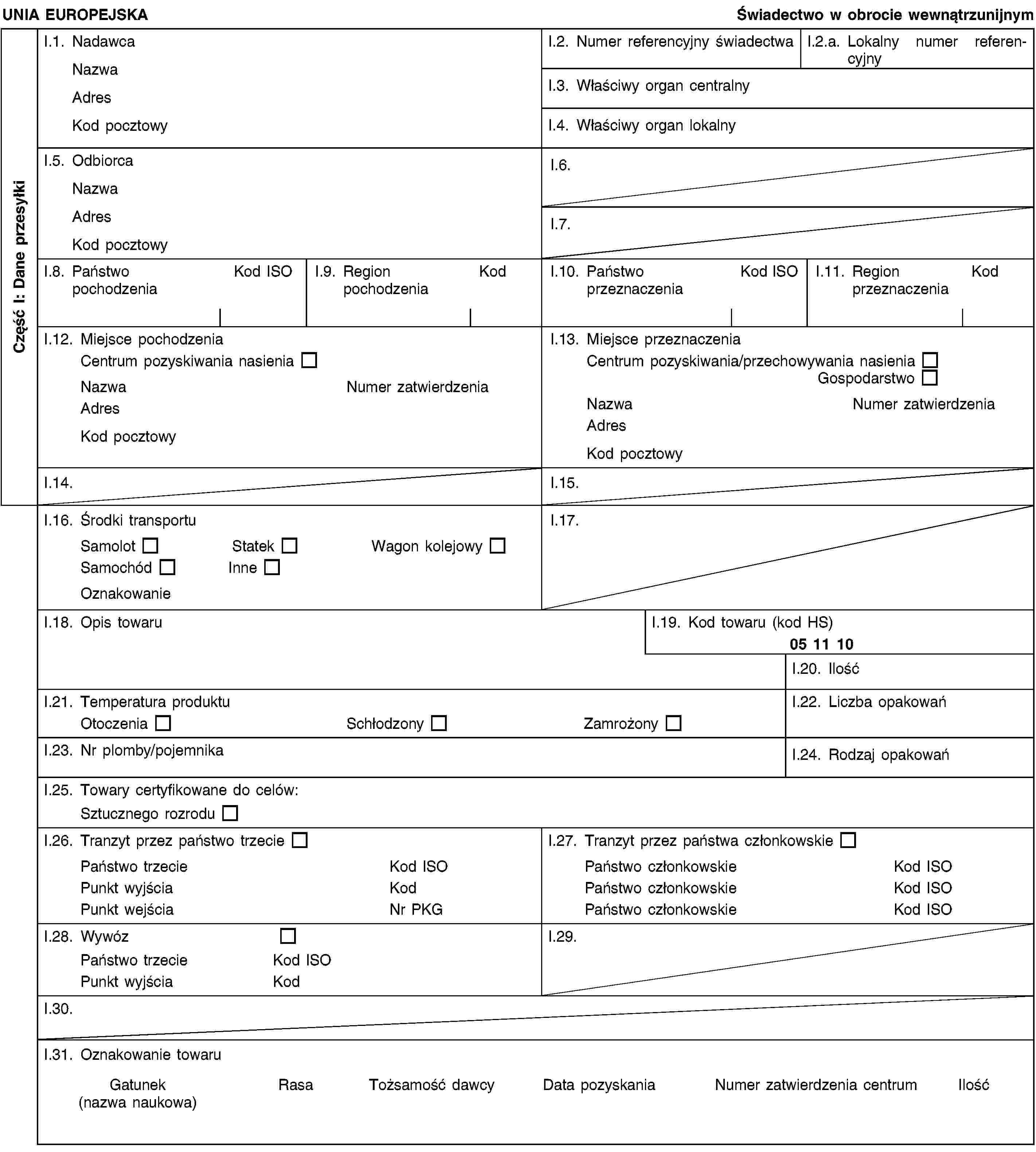 Część I: Dane przesyłkiUNIA EUROPEJSKAŚwiadectwo w obrocie wewnątrzunijnymI.1. NadawcaNazwaAdresKod pocztowyI.2. Numer referencyjny świadectwaI.2.a. Lokalny numer referencyjnyI.3. Właściwy organ centralnyI.4. Właściwy organ lokalnyI.5. OdbiorcaNazwaAdresKod pocztowyI.6.I.7.I.8. Państwo pochodzeniaKod ISOI.9. Region pochodzeniaKodI.10. Państwo przeznaczeniaKod ISOI.11. Region przeznaczeniaKodI.12. Miejsce pochodzeniaCentrum pozyskiwania nasieniaNazwaNumer zatwierdzeniaAdresKod pocztowyI.13. Miejsce przeznaczeniaCentrum pozyskiwania/przechowywania nasieniaGospodarstwoNazwaNumer zatwierdzeniaAdresKod pocztowyI.14.I.15.I.16. Środki transportuSamolotStatekWagon kolejowySamochódInneOznakowanieI.17.I.18. Opis towaruI.19. Kod towaru (kod HS)05 11 10I.20. IlośćI.21. Temperatura produktuOtoczeniaSchłodzonyZamrożonyI.22. Liczba opakowańI.23. Nr plomby/pojemnikaI.24. Rodzaj opakowańI.25. Towary certyfikowane do celów:Sztucznego rozroduI.26. Tranzyt przez państwo trzeciePaństwo trzecieKod ISOPunkt wyjściaKodPunkt wejściaNr PKGI.27. Tranzyt przez państwa członkowskiePaństwo członkowskieKod ISOPaństwo członkowskieKod ISOPaństwo członkowskieKod ISOI.28. WywózPaństwo trzecieKod ISOPunkt wyjściaKodI.29.I.30.I.31. Oznakowanie towaruGatunek(nazwa naukowa)RasaTożsamość dawcyData pozyskaniaNumer zatwierdzenia centrumIlość