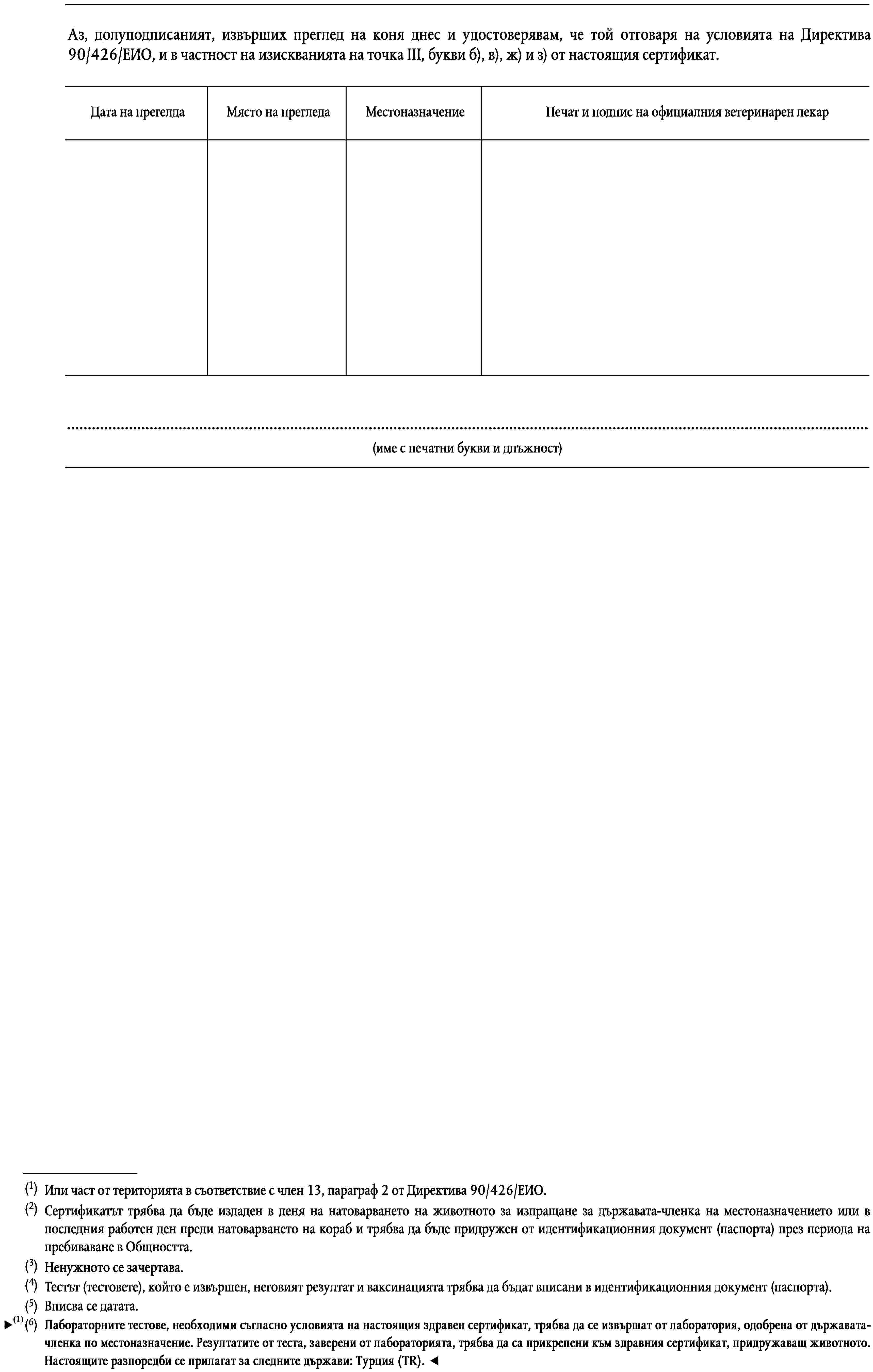 Аз, долуподписаният, извърших преглед на коня днес и удостоверявам, че той отговаря на условията на Директива 90/426/ЕИО, и в частност на изискванията на точка III, букви б), в), ж) и з) от настоящия сертификат.Дата на прегелдаМясто на прегледаМестоназначениеПечат и подпис на официалния ветеринарен лекар…(име с печатни букви и длъжност)(1)Или част от територията в съответствие с член 13, параграф 2 от Директива 90/426/ЕИО.(2)Сертификатът трябва да бъде издаден в деня на натоварването на животното за изпращане за държавата-членка на местоназначението или в последния работен ден преди натоварването на кораб и трябва да бъде придружен от идентификационния документ (паспорта) през периода на пребиваване в Общността.(3)Ненужното се зачертава.(4)Тестът (тестовете), който е извършен, неговият резултат и ваксинацията трябва да бъдат вписани в идентификационния документ (паспорта).(5)Вписва се датата.