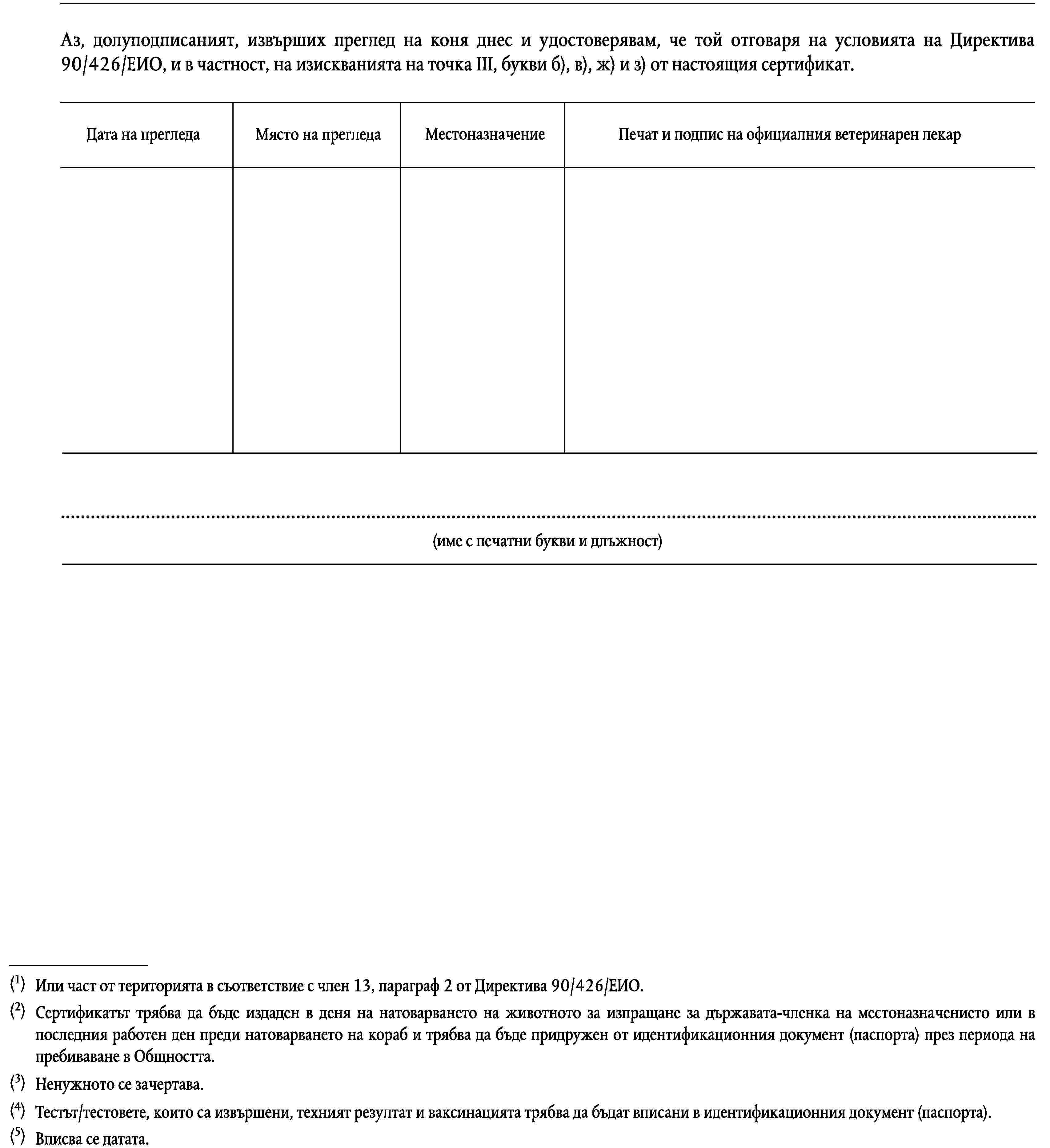 Аз, долуподписаният, извърших преглед на коня днес и удостоверявам, че той отговаря на условията на Директива 90/426/ЕИО, и в частност, на изискванията на точка III, букви б), в), ж) и з) от настоящия сертификат.МестоназначениеДата на прегледаМясто на прегледаПечат и подпис на официалния ветеринарен лекар…(име с печатни букви и длъжност)(1)Или част от територията в съответствие с член 13, параграф 2 от Директива 90/426/ЕИО.(2)Сертификатът трябва да бъде издаден в деня на натоварването на животното за изпращане за държавата-членка на местоназначението или в последния работен ден преди натоварването на кораб и трябва да бъде придружен от идентификационния документ (паспорта) през периода на пребиваване в Общността.(3)Ненужното се зачертава.(4)Тестът/тестовете, които са извършени, техният резултат и ваксинацията трябва да бъдат вписани в идентификационния документ (паспорта).(5)Вписва се датата.