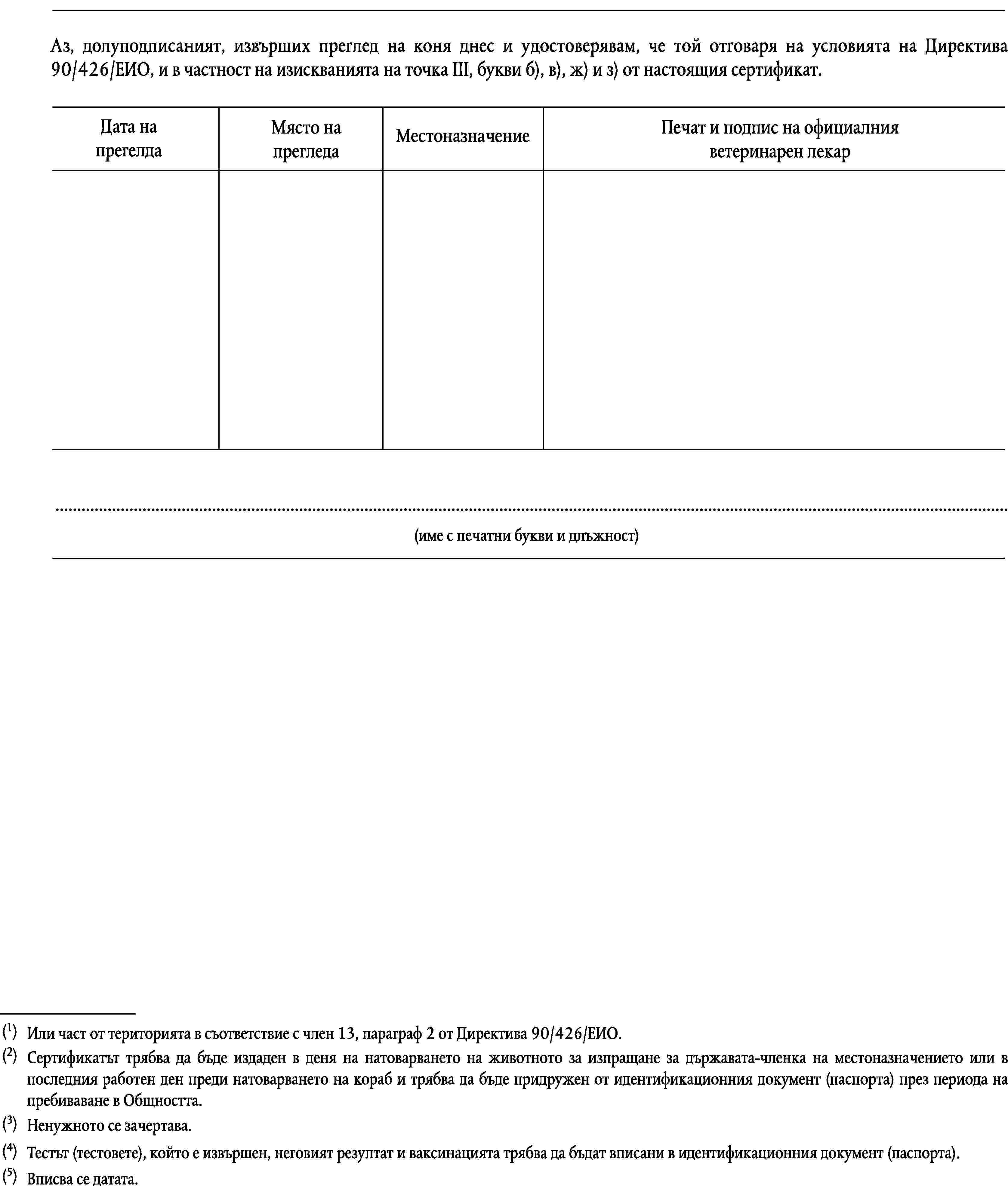 Аз, долуподписаният, извърших преглед на коня днес и удостоверявам, че той отговаря на условията на Директива 90/426/ЕИО, и в частност на изискванията на точка III, букви б), в), ж) и з) от настоящия сертификат.Дата на прегелдаМясто на прегледаПечат и подпис на официалния ветеринарен лекарМестоназначение…(име с печатни букви и длъжност)(1)Или част от територията в съответствие с член 13, параграф 2 от Директива 90/426/ЕИО.(2)Сертификатът трябва да бъде издаден в деня на натоварването на животното за изпращане за държавата-членка на местоназначението или в последния работен ден преди натоварването на кораб и трябва да бъде придружен от идентификационния документ (паспорта) през периода на пребиваване в Общността.(3)Ненужното се зачертава.(4)Тестът (тестовете), който е извършен, неговият резултат и ваксинацията трябва да бъдат вписани в идентификационния документ (паспорта).(5)Вписва се датата.