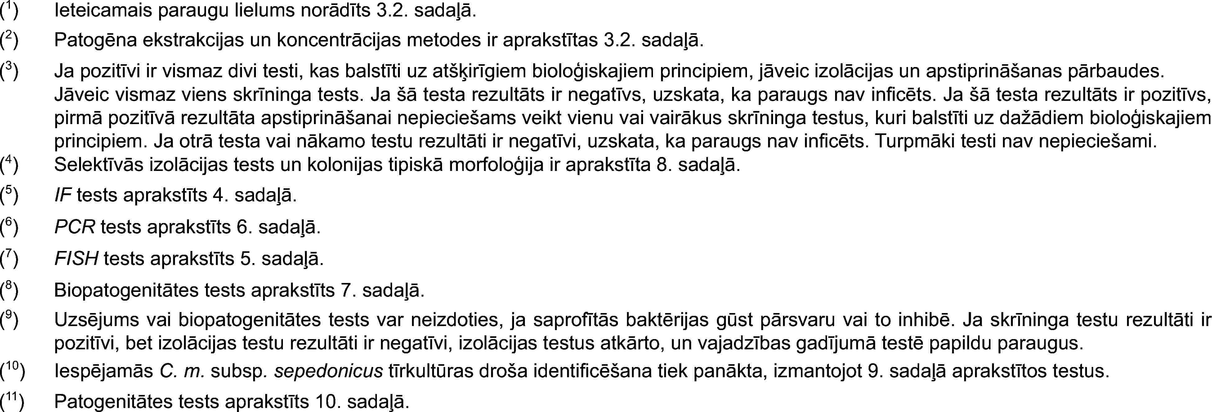 (1)Ieteicamais paraugu lielums norādīts 3.2. sadaļā.(2)Patogēna ekstrakcijas un koncentrācijas metodes ir aprakstītas 3.2. sadaļā.(3)Ja pozitīvi ir vismaz divi testi, kas balstīti uz atšķirīgiem bioloģiskajiem principiem, jāveic izolācijas un apstiprināšanas pārbaudes.Jāveic vismaz viens skrīninga tests. Ja šā testa rezultāts ir negatīvs, uzskata, ka paraugs nav inficēts. Ja šā testa rezultāts ir pozitīvs, pirmā pozitīvā rezultāta apstiprināšanai nepieciešams veikt vienu vai vairākus skrīninga testus, kuri balstīti uz dažādiem bioloģiskajiem principiem. Ja otrā testa vai nākamo testu rezultāti ir negatīvi, uzskata, ka paraugs nav inficēts. Turpmāki testi nav nepieciešami.(4)Selektīvās izolācijas tests un kolonijas tipiskā morfoloģija ir aprakstīta 8. sadaļā.(5)IF tests aprakstīts 4. sadaļā.(6)PCR tests aprakstīts 6. sadaļā.(7)FISH tests aprakstīts 5. sadaļā.(8)Biopatogenitātes tests aprakstīts 7. sadaļā.(9)Uzsējums vai biopatogenitātes tests var neizdoties, ja saprofītās baktērijas gūst pārsvaru vai to inhibē. Ja skrīninga testu rezultāti ir pozitīvi, bet izolācijas testu rezultāti ir negatīvi, izolācijas testus atkārto, un vajadzības gadījumā testē papildu paraugus.(10)Iespējamās C. m. subsp. sepedonicus tīrkultūras droša identificēšana tiek panākta, izmantojot 9. sadaļā aprakstītos testus.(11)Patogenitātes tests aprakstīts 10. sadaļā.