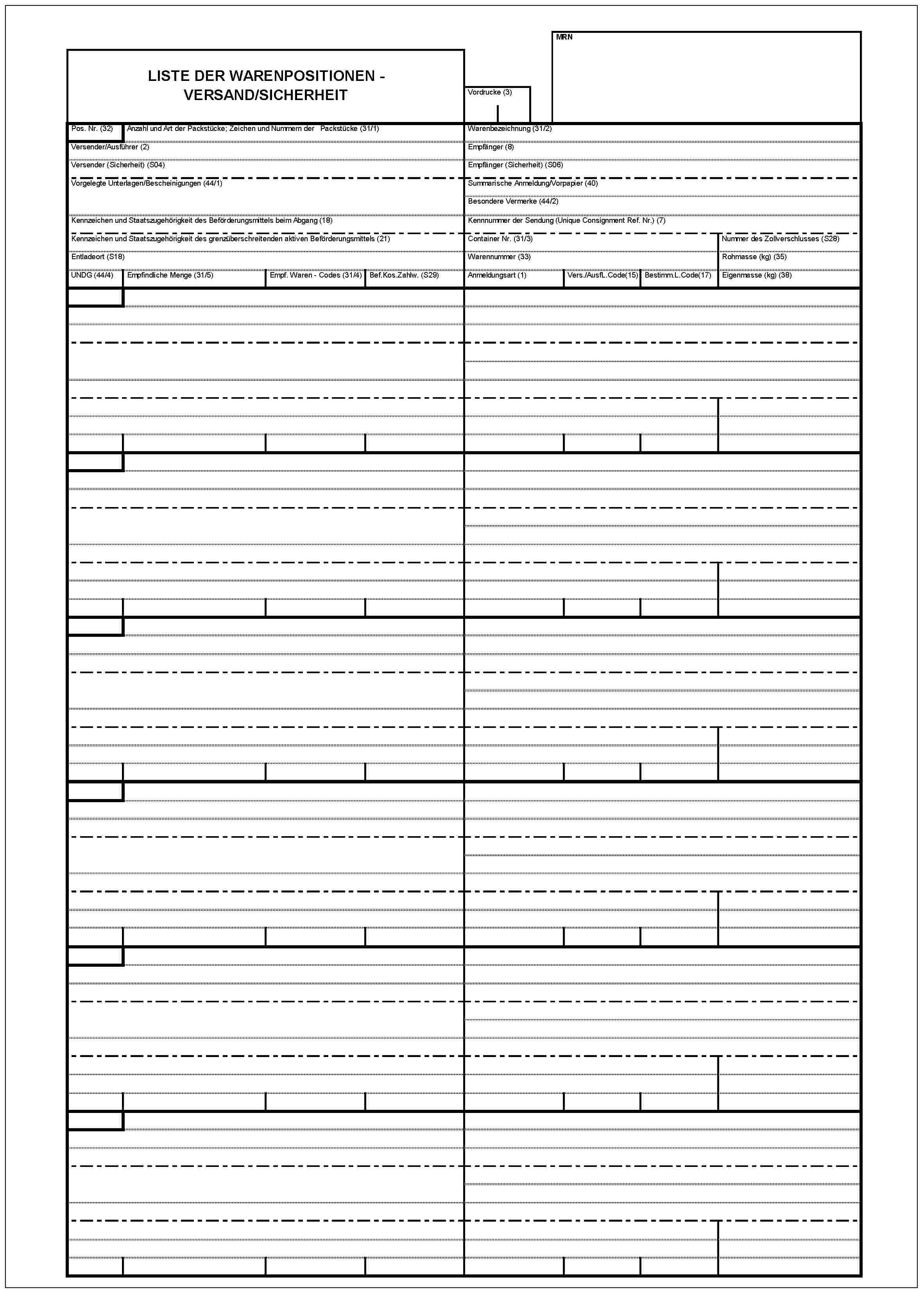 LISTE DER WARENPOSITIONEN - VERSAND/SICHERHEITVordrucke (3)MRNPos. Nr. (32)Anzahl und Art der Packstücke; Zeichen und Nummern der Packstücke (31/1)Versender/Ausführer (2)Versender (Sicherheit) (S04)Vorgelegte Unterlagen/Bescheinigungen (44/1)Kennzeichen und Staatszugehörigkeit des Beförderungsmittels beim Abgang (18)Kennzeichen und Staatszugehörigkeit des grenzüberschreitenden aktiven Beförderungsmittels (21)Entladeort (S18)UNDG (44/4)Empfindliche Menge (31/5)Empf. Waren - Codes (31/4)Bef.Kos.Zahlw. (S29)Warenbezeichnung (31/2)Empfänger (8)Empfänger (Sicherheit) (S06)Summarische Anmeldung/Vorpapier (40)Besondere Vermerke (44/2)Kennnummer der Sendung (Unique Consignment Ref. Nr.) (7)Container Nr. (31/3)Warennummer (33)Anmeldungsart (1)Vers./AusfL.Code(15)Bestimm.L.Code(17)Nummer des Zollverschlusses (S28)Rohmasse (kg) (35)Eigenmasse (kg) (38)