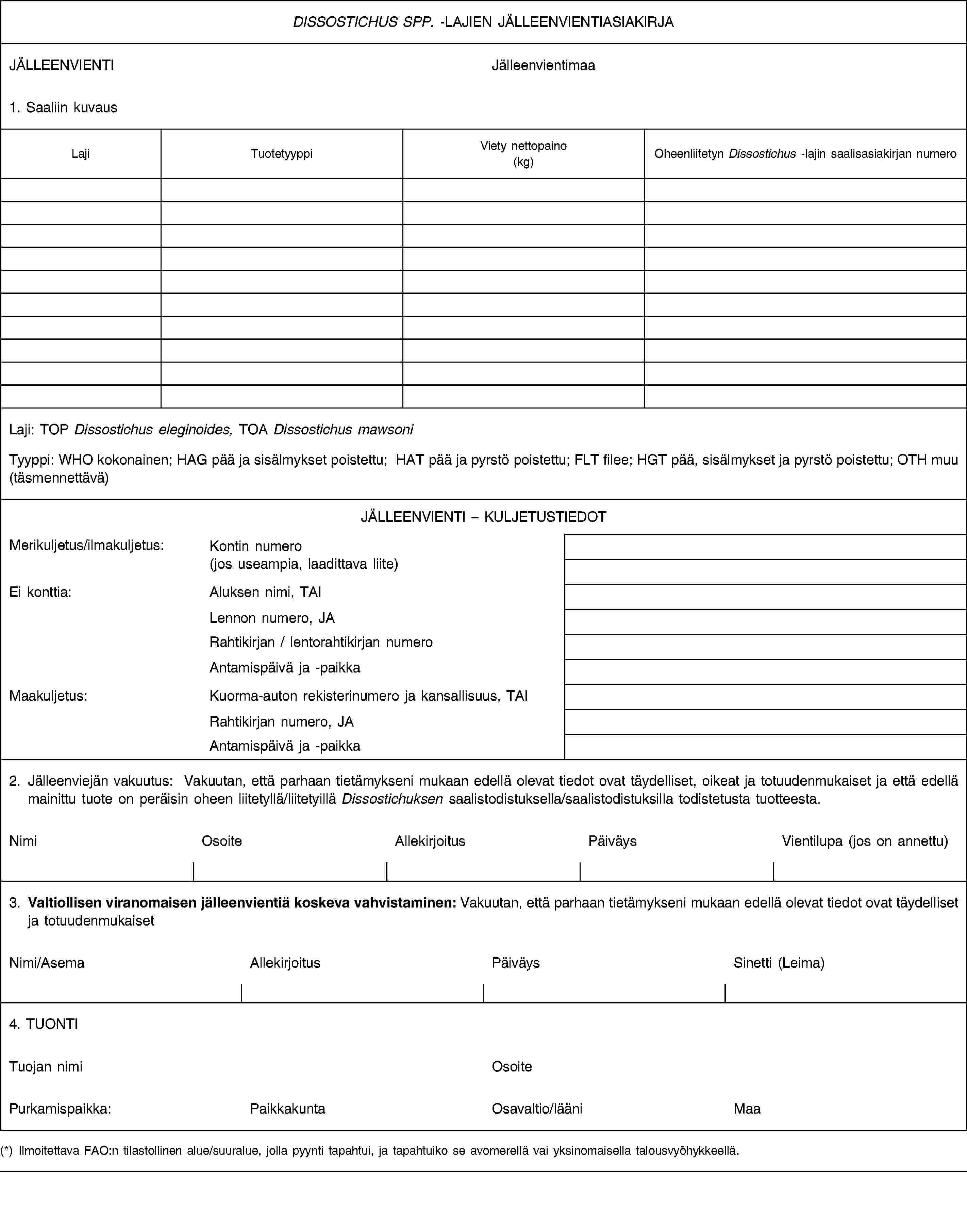 DISSOSTICHUS SPP. -LAJIEN JÄLLEENVIENTIASIAKIRJAJÄLLEENVIENTIJälleenvientimaa1. Saaliin kuvausLaji: TOP Dissostichus eleginoides, TOA Dissostichus mawsoniTyyppi: WHO kokonainen; HAG pää ja sisälmykset poistettu; HAT pää ja pyrstö poistettu; FLT filee; HGT pää, sisälmykset ja pyrstö poistettu; OTH muu (täsmennettävä)JÄLLEENVIENTI – KULJETUSTIEDOTMerikuljetus/ilmakuljetus:Kontin numero(jos useampia, laadittava liite)Ei konttia:Aluksen nimi, TAILennon numero, JARahtikirjan / lentorahtikirjan numeroAntamispäivä ja -paikkaMaakuljetus:Kuorma-auton rekisterinumero ja kansallisuus, TAIRahtikirjan numero, JAAntamispäivä ja -paikka2. Jälleenviejän vakuutus: Vakuutan, että parhaan tietämykseni mukaan edellä olevat tiedot ovat täydelliset, oikeat ja totuudenmukaiset ja että edellä mainittu tuote on peräisin oheen liitetyllä/liitetyillä Dissostichuksen saalistodistuksella/saalistodistuksilla todistetusta tuotteesta.NimiOsoiteAllekirjoitusPäiväysVientilupa (jos on annettu)3. Valtiollisen viranomaisen jälleenvientiä koskeva vahvistaminen: Vakuutan, että parhaan tietämykseni mukaan edellä olevat tiedot ovat täydelliset ja totuudenmukaisetNimi/AsemaAllekirjoitusPäiväysSinetti (Leima)4. TUONTITuojan nimiOsoitePurkamispaikka:PaikkakuntaOsavaltio/lääniMaa(*) Ilmoitettava FAO:n tilastollinen alue/suuralue, jolla pyynti tapahtui, ja tapahtuiko se avomerellä vai yksinomaisella talousvyöhykkeellä.