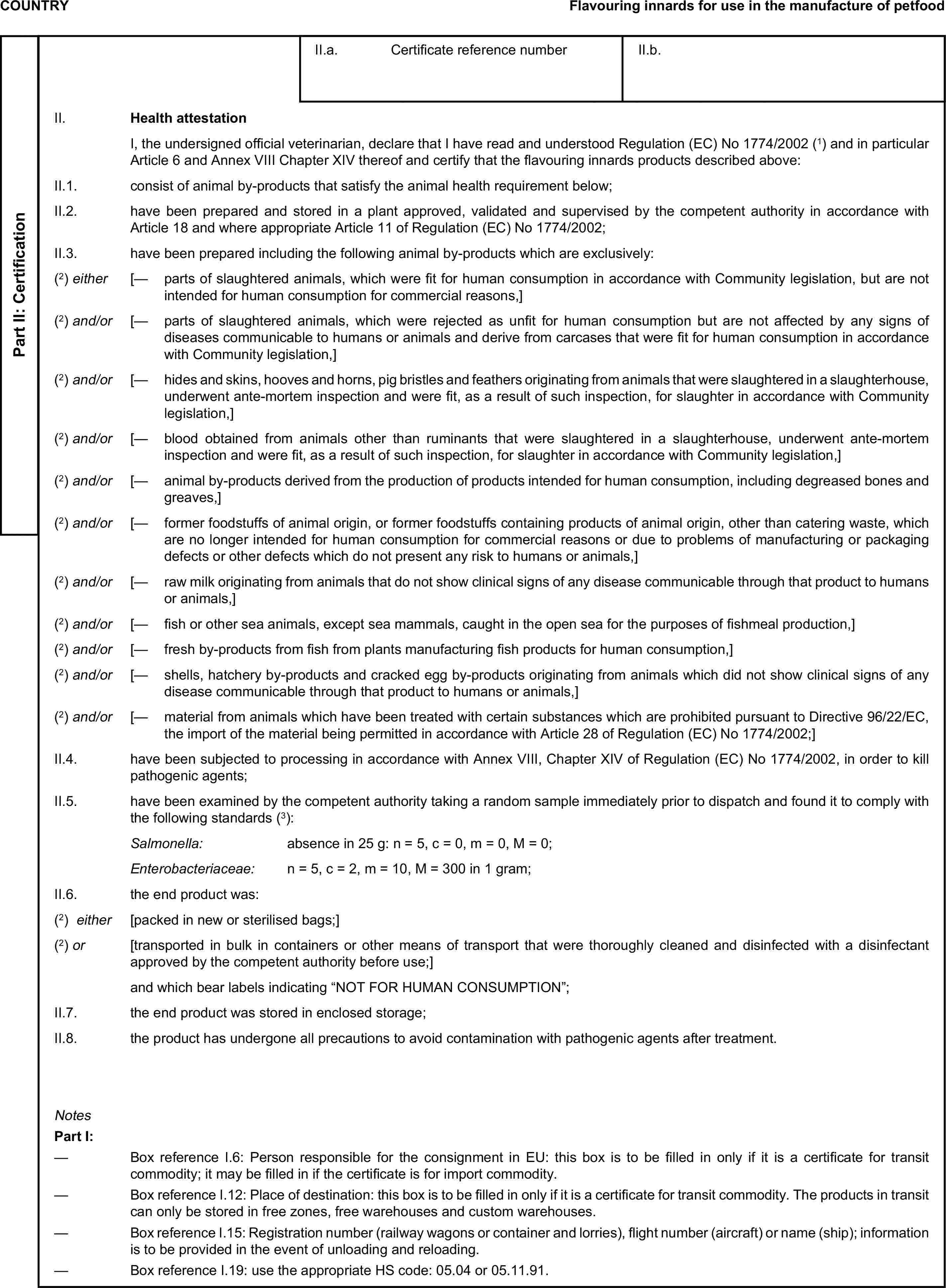 COUNTRYFlavouring innards for use in the manufacture of petfoodPart II: CertificationII.a. Certificate reference numberII.b.II. Health attestationI, the undersigned official veterinarian, declare that I have read and understood Regulation (EC) No 1774/2002 (1) and in particular Article 6 and Annex VIII Chapter XIV thereof and certify that the flavouring innards products described above:II.1. consist of animal by-products that satisfy the animal health requirement below;II.2. have been prepared and stored in a plant approved, validated and supervised by the competent authority in accordance with Article 18 and where appropriate Article 11 of Regulation (EC) No 1774/2002;II.3. have been prepared including the following animal by-products which are exclusively:(2) either [— parts of slaughtered animals, which were fit for human consumption in accordance with Community legislation, but are not intended for human consumption for commercial reasons,](2) and/or [— parts of slaughtered animals, which were rejected as unfit for human consumption but are not affected by any signs of diseases communicable to humans or animals and derive from carcases that were fit for human consumption in accordance with Community legislation,](2) and/or [— hides and skins, hooves and horns, pig bristles and feathers originating from animals that were slaughtered in a slaughterhouse, underwent ante-mortem inspection and were fit, as a result of such inspection, for slaughter in accordance with Community legislation,](2) and/or [— blood obtained from animals other than ruminants that were slaughtered in a slaughterhouse, underwent ante-mortem inspection and were fit, as a result of such inspection, for slaughter in accordance with Community legislation,](2) and/or [— animal by-products derived from the production of products intended for human consumption, including degreased bones and greaves,](2) and/or [— former foodstuffs of animal origin, or former foodstuffs containing products of animal origin, other than catering waste, which are no longer intended for human consumption for commercial reasons or due to problems of manufacturing or packaging defects or other defects which do not present any risk to humans or animals,](2) and/or [— raw milk originating from animals that do not show clinical signs of any disease communicable through that product to humans or animals,](2) and/or [— fish or other sea animals, except sea mammals, caught in the open sea for the purposes of fishmeal production,](2) and/or [— fresh by-products from fish from plants manufacturing fish products for human consumption,](2) and/or [— shells, hatchery by-products and cracked egg by-products originating from animals which did not show clinical signs of any disease communicable through that product to humans or animals,](2) and/or [— material from animals which have been treated with certain substances which are prohibited pursuant to Directive 96/22/EC, the import of the material being permitted in accordance with Article 28 of Regulation (EC) No 1774/2002;]II.4. have been subjected to processing in accordance with Annex VIII, Chapter XIV of Regulation (EC) No 1774/2002, in order to kill pathogenic agents;II.5. have been examined by the competent authority taking a random sample immediately prior to dispatch and found it to comply with the following standards (3):Salmonella: absence in 25 g: n = 5, c = 0, m = 0, M = 0;Enterobacteriaceae: n = 5, c = 2, m = 10, M = 300 in 1 gram;II.6. the end product was:(2) either [packed in new or sterilised bags;](2) or [transported in bulk in containers or other means of transport that were thoroughly cleaned and disinfected with a disinfectant approved by the competent authority before use;]and which bear labels indicating “NOT FOR HUMAN CONSUMPTION”;II.7. the end product was stored in enclosed storage;II.8. the product has undergone all precautions to avoid contamination with pathogenic agents after treatment.NotesPart I:— Box reference I.6: Person responsible for the consignment in EU: this box is to be filled in only if it is a certificate for transit commodity; it may be filled in if the certificate is for import commodity.— Box reference I.12: Place of destination: this box is to be filled in only if it is a certificate for transit commodity. The products in transit can only be stored in free zones, free warehouses and custom warehouses.— Box reference I.15: Registration number (railway wagons or container and lorries), flight number (aircraft) or name (ship); information is to be provided in the event of unloading and reloading.— Box reference I.19: use the appropriate HS code: 05.04 or 05.11.91.
