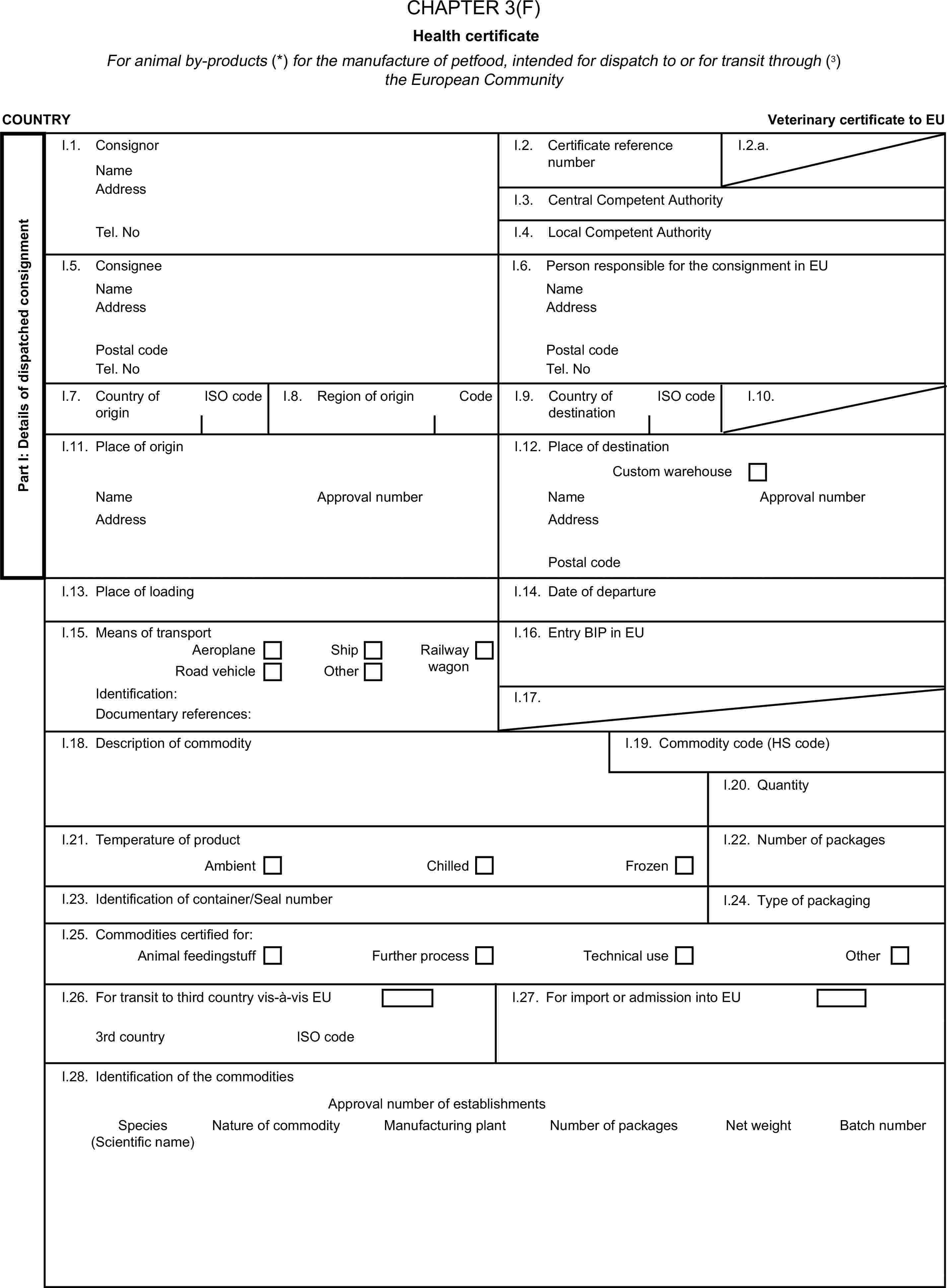 CHAPTER 3(F)Health certificateFor animal by-products (*) for the manufacture of petfood, intended for dispatch to or for transit through (3) the European CommunityCOUNTRYVeterinary certificate to EUPart I: Details of dispatched consignmentI.1. ConsignorNameI.2. Certificate reference numberI.2.a.AddressI.3. Central Competent AuthorityTel. NoI.4. Local Competent AuthorityI.5. ConsigneeI.6. Person responsible for the consignment in EUNameNameAddressAddressPostal codePostal codeTel. NoTel. NoI.7. Country of originISO codeI.8. Region of originCodeI.9. Country of destinationISO codeI.10.I.11. Place of originI.12. Place of destinationCustom warehouseNameApproval numberNameApproval numberAddressAddressPostal codeI.13. Place of loadingI.14. Date of departureI.15. Means of transportI.16. Entry BIP in EUAeroplaneShipRoad vehicleOtherRailway wagonIdentification:I.17.Documentary references:I.18. Description of commodityI.19. Commodity code (HS code)I.20. QuantityI.21. Temperature of productAmbientChilledFrozenI.22. Number of packagesI.23. Identification of container/Seal numberI.24. Type of packagingI.25. Commodities certified for:Animal feedingstuffFurther processTechnical useOtherI.26. For transit to third country vis-à-vis EUI.27. For import or admission into EU3rd countryISO codeI.28. Identification of the commoditiesApproval number of establishmentsSpeciesNature of commodityManufacturing plantNumber of packages(Scientific name)Net weightBatch number