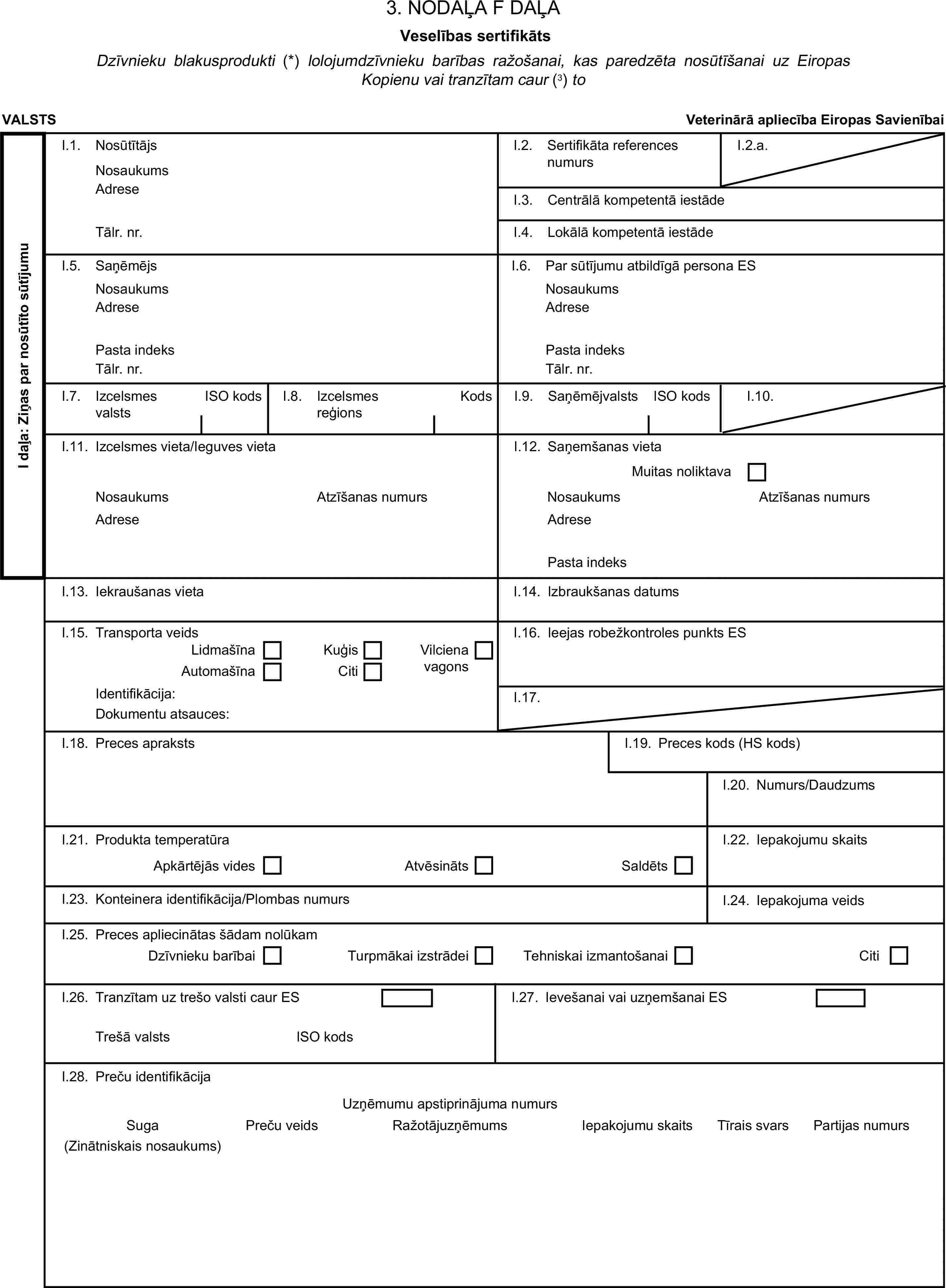 3. NODAĻA F DAĻAVeselības sertifikātsDzīvnieku blakusprodukti (*) lolojumdzīvnieku barības ražošanai, kas paredzēta nosūtīšanai uz Eiropas Kopienu vai tranzītam caur (3) toVALSTSVeterinārā apliecība Eiropas SavienībaiI daļa: Ziņas par nosūtīto sūtījumuI.1. NosūtītājsNosaukumsI.2. Sertifikāta references numursI.2.a.AdreseI.3. Centrālā kompetentā iestādeTālr. nr.I.4. Lokālā kompetentā iestādeI.5. SaņēmējsI.6. Par sūtījumu atbildīgā persona ESNosaukumsNosaukumsAdreseAdresePasta indeksPasta indeksTālr. nr.Tālr. nr.I.7. Izcelsmes valstsISO kodsI.8. Izcelsmes reģionsKodsI.9. SaņēmējvalstsISO kodsI.10.I.11. Izcelsmes vieta/Ieguves vietaI.12. Saņemšanas vietaMuitas noliktavaNosaukumsAtzīšanas numursNosaukumsAtzīšanas numursAdreseAdresePasta indeksI.13. Iekraušanas vietaI.14. Izbraukšanas datumsI.15. Transporta veidsI.16. Ieejas robežkontroles punkts ESLidmašīnaKuģisAutomašīnaCitiVilciena vagonsIdentifikācija:I.17.Dokumentu atsauces:I.18. Preces aprakstsI.19. Preces kods (HS kods)I.20. Numurs/DaudzumsI.21. Produkta temperatūraApkārtējās videsAtvēsinātsSaldētsI.22. Iepakojumu skaitsI.23. Konteinera identifikācija/Plombas numursI.24. Iepakojuma veidsI.25. Preces apliecinātas šādam nolūkamDzīvnieku barībaiTurpmākai izstrādeiTehniskai izmantošanaiCitiI.26. Tranzītam uz trešo valsti caur ESTrešā valstsISO kodsI.28. Preču identifikācijaPreču veidsIepakojumu skaitsTīrais svarsPartijas numurs(Zinātniskais nosaukums)SugaRažotājuzņēmumsUzņēmumu apstiprinājuma numursI.27. Ievešanai vai uzņemšanai ES