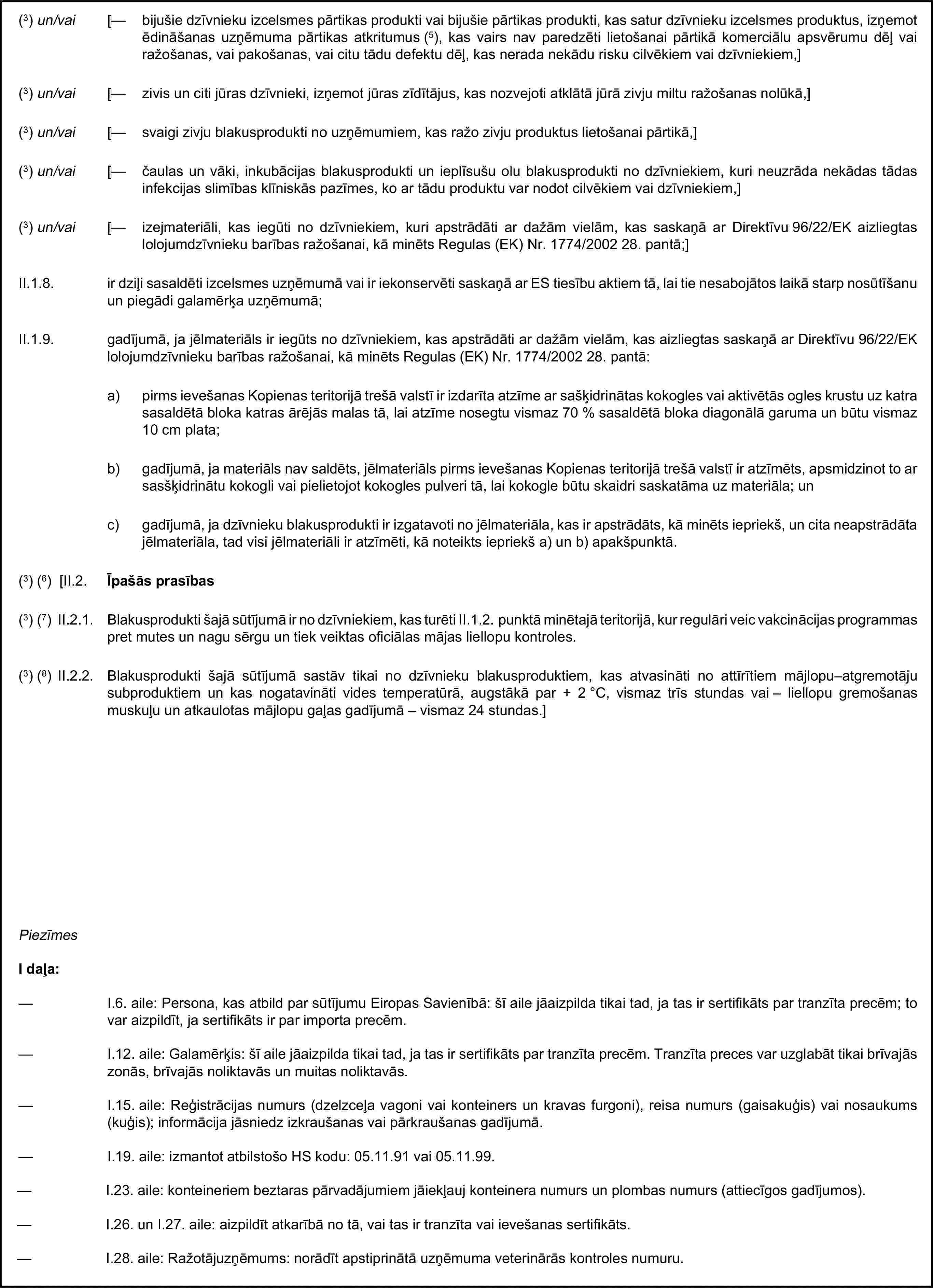 (3) un/vai [— bijušie dzīvnieku izcelsmes pārtikas produkti vai bijušie pārtikas produkti, kas satur dzīvnieku izcelsmes produktus, izņemot ēdināšanas uzņēmuma pārtikas atkritumus (5), kas vairs nav paredzēti lietošanai pārtikā komerciālu apsvērumu dēļ vai ražošanas, vai pakošanas, vai citu tādu defektu dēļ, kas nerada nekādu risku cilvēkiem vai dzīvniekiem,](3) un/vai [— zivis un citi jūras dzīvnieki, izņemot jūras zīdītājus, kas nozvejoti atklātā jūrā zivju miltu ražošanas nolūkā,](3) un/vai [— svaigi zivju blakusprodukti no uzņēmumiem, kas ražo zivju produktus lietošanai pārtikā,](3) un/vai [— čaulas un vāki, inkubācijas blakusprodukti un ieplīsušu olu blakusprodukti no dzīvniekiem, kuri neuzrāda nekādas tādas infekcijas slimības klīniskās pazīmes, ko ar tādu produktu var nodot cilvēkiem vai dzīvniekiem,](3) un/vai [— izejmateriāli, kas iegūti no dzīvniekiem, kuri apstrādāti ar dažām vielām, kas saskaņā ar Direktīvu 96/22/EK aizliegtas lolojumdzīvnieku barības ražošanai, kā minēts Regulas (EK) Nr. 1774/2002 28. pantā;]II.1.8. ir dziļi sasaldēti izcelsmes uzņēmumā vai ir iekonservēti saskaņā ar ES tiesību aktiem tā, lai tie nesabojātos laikā starp nosūtīšanu un piegādi galamērķa uzņēmumā;II.1.9. gadījumā, ja jēlmateriāls ir iegūts no dzīvniekiem, kas apstrādāti ar dažām vielām, kas aizliegtas saskaņā ar Direktīvu 96/22/EK lolojumdzīvnieku barības ražošanai, kā minēts Regulas (EK) Nr. 1774/2002 28. pantā:a) pirms ievešanas Kopienas teritorijā trešā valstī ir izdarīta atzīme ar sašķidrinātas kokogles vai aktivētās ogles krustu uz katra sasaldētā bloka katras ārējās malas tā, lai atzīme nosegtu vismaz 70 % sasaldētā bloka diagonālā garuma un būtu vismaz 10 cm plata;b) gadījumā, ja materiāls nav saldēts, jēlmateriāls pirms ievešanas Kopienas teritorijā trešā valstī ir atzīmēts, apsmidzinot to ar sasšķidrinātu kokogli vai pielietojot kokogles pulveri tā, lai kokogle būtu skaidri saskatāma uz materiāla; unc) gadījumā, ja dzīvnieku blakusprodukti ir izgatavoti no jēlmateriāla, kas ir apstrādāts, kā minēts iepriekš, un cita neapstrādāta jēlmateriāla, tad visi jēlmateriāli ir atzīmēti, kā noteikts iepriekš a) un b) apakšpunktā.(3) (6) [II.2. Īpašās prasības(3) (7) II.2.1. Blakusprodukti šajā sūtījumā ir no dzīvniekiem, kas turēti II.1.2. punktā minētajā teritorijā, kur regulāri veic vakcinācijas programmas pret mutes un nagu sērgu un tiek veiktas oficiālas mājas liellopu kontroles.(3) (8) II.2.2. Blakusprodukti šajā sūtījumā sastāv tikai no dzīvnieku blakusproduktiem, kas atvasināti no attīrītiem mājlopu–atgremotāju subproduktiem un kas nogatavināti vides temperatūrā, augstākā par + 2 °C, vismaz trīs stundas vai – liellopu gremošanas muskuļu un atkaulotas mājlopu gaļas gadījumā – vismaz 24 stundas.]PiezīmesI daļa:— I.6. aile: Persona, kas atbild par sūtījumu Eiropas Savienībā: šī aile jāaizpilda tikai tad, ja tas ir sertifikāts par tranzīta precēm; to var aizpildīt, ja sertifikāts ir par importa precēm.— I.12. aile: Galamērķis: šī aile jāaizpilda tikai tad, ja tas ir sertifikāts par tranzīta precēm. Tranzīta preces var uzglabāt tikai brīvajās zonās, brīvajās noliktavās un muitas noliktavās.— I.15. aile: Reģistrācijas numurs (dzelzceļa vagoni vai konteiners un kravas furgoni), reisa numurs (gaisakuģis) vai nosaukums (kuģis); informācija jāsniedz izkraušanas vai pārkraušanas gadījumā.— I.19. aile: izmantot atbilstošo HS kodu: 05.11.91 vai 05.11.99.— I.23. aile: konteineriem beztaras pārvadājumiem jāiekļauj konteinera numurs un plombas numurs (attiecīgos gadījumos).— I.26. un I.27. aile: aizpildīt atkarībā no tā, vai tas ir tranzīta vai ievešanas sertifikāts.— I.28. aile: Ražotājuzņēmums: norādīt apstiprinātā uzņēmuma veterinārās kontroles numuru.