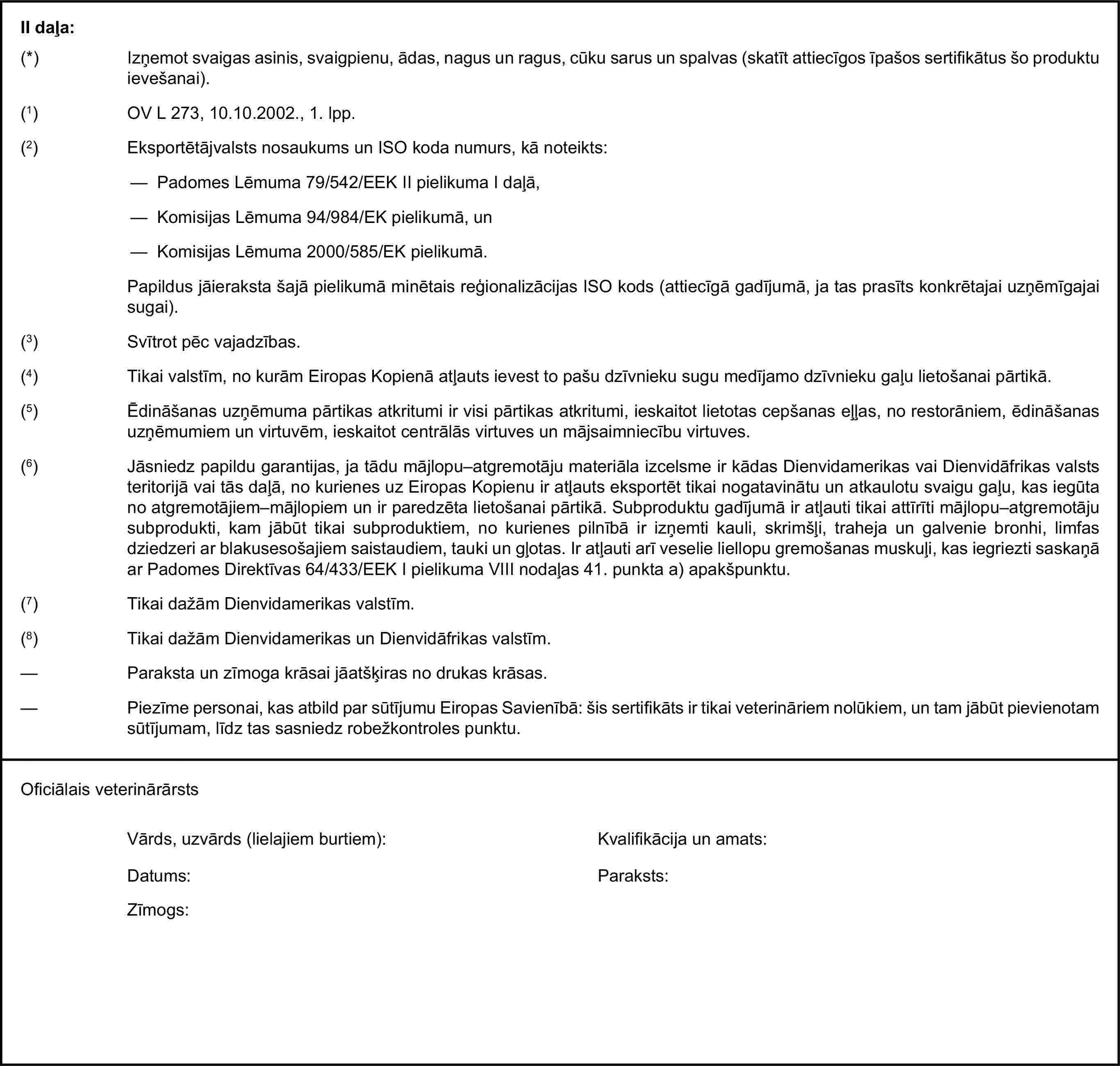 II daļa:(*) Izņemot svaigas asinis, svaigpienu, ādas, nagus un ragus, cūku sarus un spalvas (skatīt attiecīgos īpašos sertifikātus šo produktu ievešanai).(1) OV L 273, 10.10.2002., 1. lpp.(2) Eksportētājvalsts nosaukums un ISO koda numurs, kā noteikts:— Padomes Lēmuma 79/542/EEK II pielikuma I daļā,— Komisijas Lēmuma 94/984/EK pielikumā, un— Komisijas Lēmuma 2000/585/EK pielikumā.Papildus jāieraksta šajā pielikumā minētais reģionalizācijas ISO kods (attiecīgā gadījumā, ja tas prasīts konkrētajai uzņēmīgajai sugai).(3) Svītrot pēc vajadzības.(4) Tikai valstīm, no kurām Eiropas Kopienā atļauts ievest to pašu dzīvnieku sugu medījamo dzīvnieku gaļu lietošanai pārtikā.(5) Ēdināšanas uzņēmuma pārtikas atkritumi ir visi pārtikas atkritumi, ieskaitot lietotas cepšanas eļļas, no restorāniem, ēdināšanas uzņēmumiem un virtuvēm, ieskaitot centrālās virtuves un mājsaimniecību virtuves.(6) Jāsniedz papildu garantijas, ja tādu mājlopu–atgremotāju materiāla izcelsme ir kādas Dienvidamerikas vai Dienvidāfrikas valsts teritorijā vai tās daļā, no kurienes uz Eiropas Kopienu ir atļauts eksportēt tikai nogatavinātu un atkaulotu svaigu gaļu, kas iegūta no atgremotājiem–mājlopiem un ir paredzēta lietošanai pārtikā. Subproduktu gadījumā ir atļauti tikai attīrīti mājlopu–atgremotāju subprodukti, kam jābūt tikai subproduktiem, no kurienes pilnībā ir izņemti kauli, skrimšļi, traheja un galvenie bronhi, limfas dziedzeri ar blakusesošajiem saistaudiem, tauki un gļotas. Ir atļauti arī veselie liellopu gremošanas muskuļi, kas iegriezti saskaņā ar Padomes Direktīvas 64/433/EEK I pielikuma VIII nodaļas 41. punkta a) apakšpunktu.(7) Tikai dažām Dienvidamerikas valstīm.(8) Tikai dažām Dienvidamerikas un Dienvidāfrikas valstīm.— Paraksta un zīmoga krāsai jāatšķiras no drukas krāsas.— Piezīme personai, kas atbild par sūtījumu Eiropas Savienībā: šis sertifikāts ir tikai veterināriem nolūkiem, un tam jābūt pievienotam sūtījumam, līdz tas sasniedz robežkontroles punktu.Oficiālais veterinārārstsVārds, uzvārds (lielajiem burtiem):Kvalifikācija un amats:Datums:Paraksts:Zīmogs: