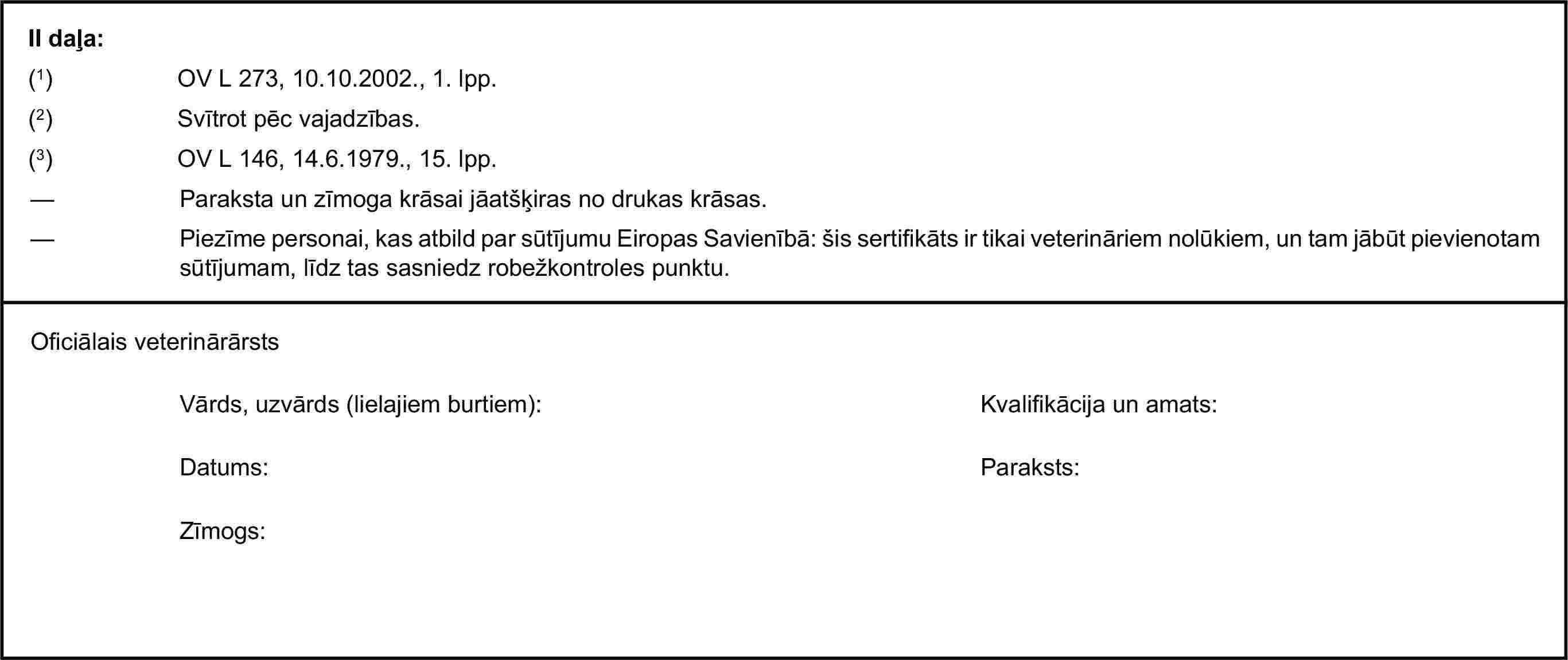 II daļa:(1) OV L 273, 10.10.2002., 1. lpp.(2) Svītrot pēc vajadzības.(3) OV L 146, 14.6.1979., 15. lpp.— Paraksta un zīmoga krāsai jāatšķiras no drukas krāsas.— Piezīme personai, kas atbild par sūtījumu Eiropas Savienībā: šis sertifikāts ir tikai veterināriem nolūkiem, un tam jābūt pievienotam sūtījumam, līdz tas sasniedz robežkontroles punktu.Oficiālais veterinārārstsVārds, uzvārds (lielajiem burtiem):Kvalifikācija un amats:Datums:Paraksts:Zīmogs: