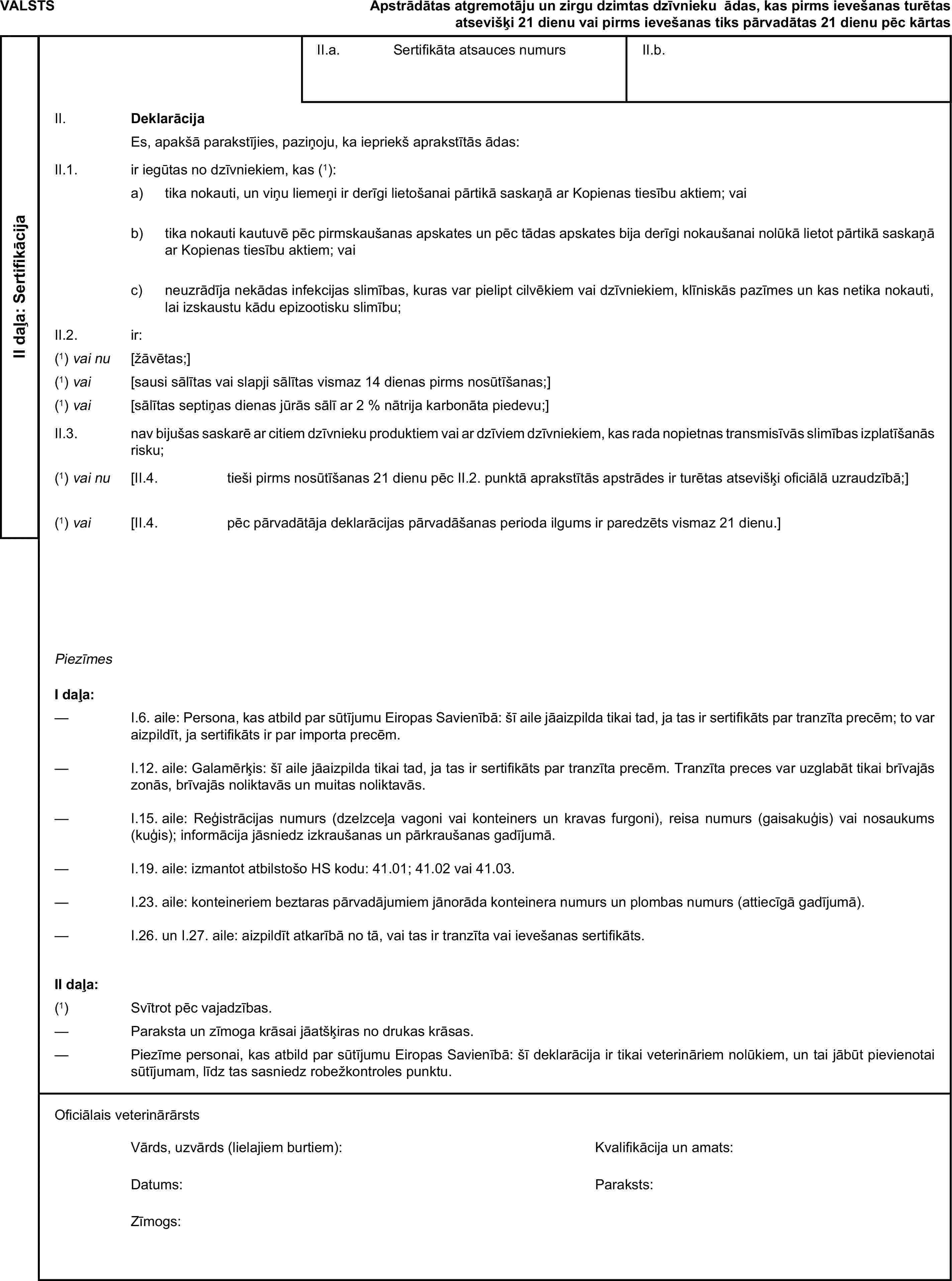 VALSTSApstrādātas atgremotāju un zirgu dzimtas dzīvnieku ādas, kas pirms ievešanas turētas atsevišķi 21 dienu vai pirms ievešanas tiks pārvadātas 21 dienu pēc kārtasII daļa: SertifikācijaII.a. Sertifikāta atsauces numursII.b.II. DeklarācijaEs, apakšā parakstījies, paziņoju, ka iepriekš aprakstītās ādas:II.1. ir iegūtas no dzīvniekiem, kas (1):a) tika nokauti, un viņu liemeņi ir derīgi lietošanai pārtikā saskaņā ar Kopienas tiesību aktiem; vaib) tika nokauti kautuvē pēc pirmskaušanas apskates un pēc tādas apskates bija derīgi nokaušanai nolūkā lietot pārtikā saskaņā ar Kopienas tiesību aktiem; vaic) neuzrādīja nekādas infekcijas slimības, kuras var pielipt cilvēkiem vai dzīvniekiem, klīniskās pazīmes un kas netika nokauti, lai izskaustu kādu epizootisku slimību;II.2. ir:(1) vai nu [žāvētas;](1) vai [sausi sālītas vai slapji sālītas vismaz 14 dienas pirms nosūtīšanas;](1) vai [sālītas septiņas dienas jūrās sālī ar 2 % nātrija karbonāta piedevu;]II.3. nav bijušas saskarē ar citiem dzīvnieku produktiem vai ar dzīviem dzīvniekiem, kas rada nopietnas transmisīvās slimības izplatīšanās risku;(1) vai nu [II.4. tieši pirms nosūtīšanas 21 dienu pēc II.2. punktā aprakstītās apstrādes ir turētas atsevišķi oficiālā uzraudzībā;](1) vai [II.4. pēc pārvadātāja deklarācijas pārvadāšanas perioda ilgums ir paredzēts vismaz 21 dienu.]PiezīmesI daļa:— I.6. aile: Persona, kas atbild par sūtījumu Eiropas Savienībā: šī aile jāaizpilda tikai tad, ja tas ir sertifikāts par tranzīta precēm; to var aizpildīt, ja sertifikāts ir par importa precēm.— I.12. aile: Galamērķis: šī aile jāaizpilda tikai tad, ja tas ir sertifikāts par tranzīta precēm. Tranzīta preces var uzglabāt tikai brīvajās zonās, brīvajās noliktavās un muitas noliktavās.— I.15. aile: Reģistrācijas numurs (dzelzceļa vagoni vai konteiners un kravas furgoni), reisa numurs (gaisakuģis) vai nosaukums (kuģis); informācija jāsniedz izkraušanas un pārkraušanas gadījumā.— I.19. aile: izmantot atbilstošo HS kodu: 41.01; 41.02 vai 41.03.— I.23. aile: konteineriem beztaras pārvadājumiem jānorāda konteinera numurs un plombas numurs (attiecīgā gadījumā).— I.26. un I.27. aile: aizpildīt atkarībā no tā, vai tas ir tranzīta vai ievešanas sertifikāts.II daļa:(1) Svītrot pēc vajadzības.— Paraksta un zīmoga krāsai jāatšķiras no drukas krāsas.— Piezīme personai, kas atbild par sūtījumu Eiropas Savienībā: šī deklarācija ir tikai veterināriem nolūkiem, un tai jābūt pievienotai sūtījumam, līdz tas sasniedz robežkontroles punktu.Oficiālais veterinārārstsVārds, uzvārds (lielajiem burtiem):Kvalifikācija un amats:Datums:Paraksts:Zīmogs: