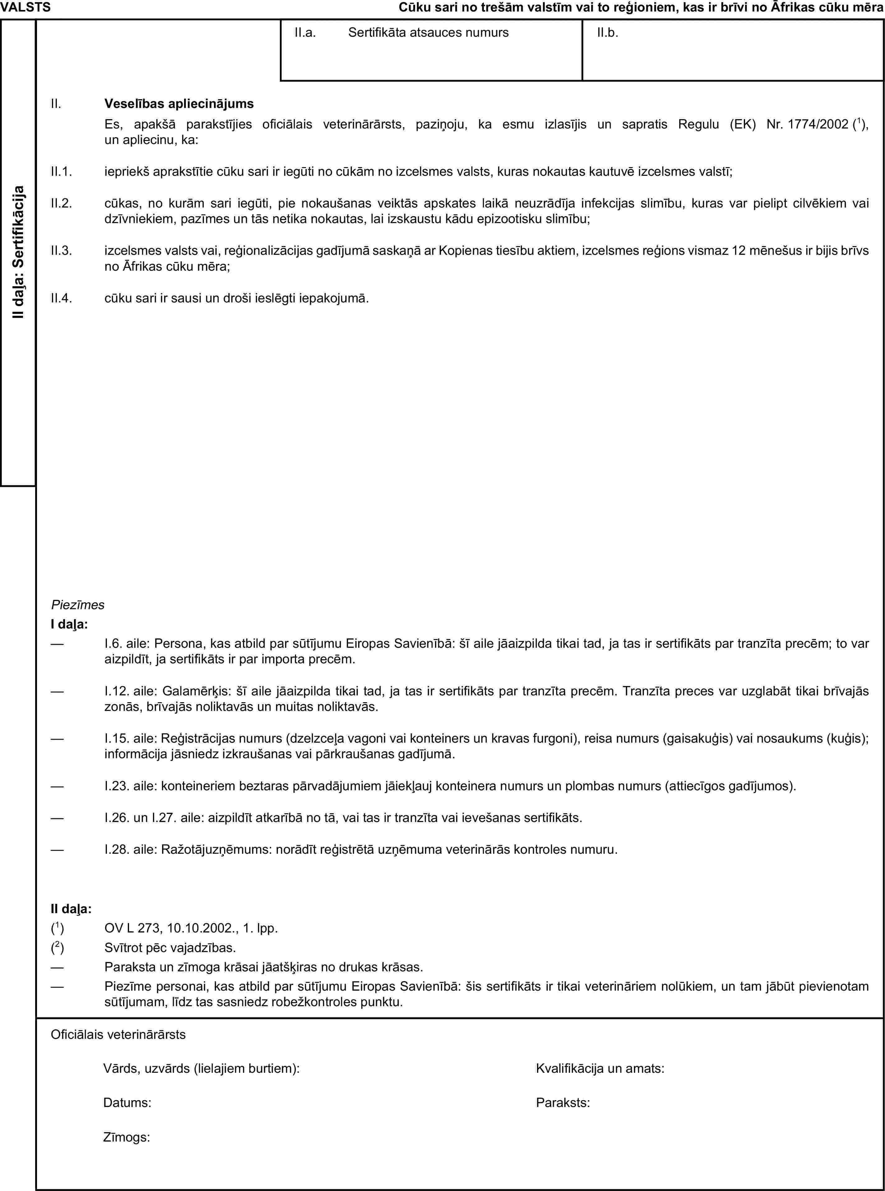 VALSTSCūku sari no trešām valstīm vai to reģioniem, kas ir brīvi no Āfrikas cūku mēraII daļa: SertifikācijaII.a. Sertifikāta atsauces numursII.b.II. Veselības apliecinājumsEs, apakšā parakstījies oficiālais veterinārārsts, paziņoju, ka esmu izlasījis un sapratis Regulu (EK) Nr. 1774/2002 (1), un apliecinu, ka:II.1. iepriekš aprakstītie cūku sari ir iegūti no cūkām no izcelsmes valsts, kuras nokautas kautuvē izcelsmes valstī;II.2. cūkas, no kurām sari iegūti, pie nokaušanas veiktās apskates laikā neuzrādīja infekcijas slimību, kuras var pielipt cilvēkiem vai dzīvniekiem, pazīmes un tās netika nokautas, lai izskaustu kādu epizootisku slimību;II.3. izcelsmes valsts vai, reģionalizācijas gadījumā saskaņā ar Kopienas tiesību aktiem, izcelsmes reģions vismaz 12 mēnešus ir bijis brīvs no Āfrikas cūku mēra;II.4. cūku sari ir sausi un droši ieslēgti iepakojumā.PiezīmesI daļa:— I.6. aile: Persona, kas atbild par sūtījumu Eiropas Savienībā: šī aile jāaizpilda tikai tad, ja tas ir sertifikāts par tranzīta precēm; to var aizpildīt, ja sertifikāts ir par importa precēm.— I.12. aile: Galamērķis: šī aile jāaizpilda tikai tad, ja tas ir sertifikāts par tranzīta precēm. Tranzīta preces var uzglabāt tikai brīvajās zonās, brīvajās noliktavās un muitas noliktavās.— I.15. aile: Reģistrācijas numurs (dzelzceļa vagoni vai konteiners un kravas furgoni), reisa numurs (gaisakuģis) vai nosaukums (kuģis); informācija jāsniedz izkraušanas vai pārkraušanas gadījumā.— I.23. aile: konteineriem beztaras pārvadājumiem jāiekļauj konteinera numurs un plombas numurs (attiecīgos gadījumos).— I.26. un I.27. aile: aizpildīt atkarībā no tā, vai tas ir tranzīta vai ievešanas sertifikāts.— I.28. aile: Ražotājuzņēmums: norādīt reģistrētā uzņēmuma veterinārās kontroles numuru.II daļa:(1) OV L 273, 10.10.2002., 1. lpp.(2) Svītrot pēc vajadzības.— Paraksta un zīmoga krāsai jāatšķiras no drukas krāsas.— Piezīme personai, kas atbild par sūtījumu Eiropas Savienībā: šis sertifikāts ir tikai veterināriem nolūkiem, un tam jābūt pievienotam sūtījumam, līdz tas sasniedz robežkontroles punktu.Oficiālais veterinārārstsVārds, uzvārds (lielajiem burtiem):Kvalifikācija un amats:Datums:Paraksts:Zīmogs: