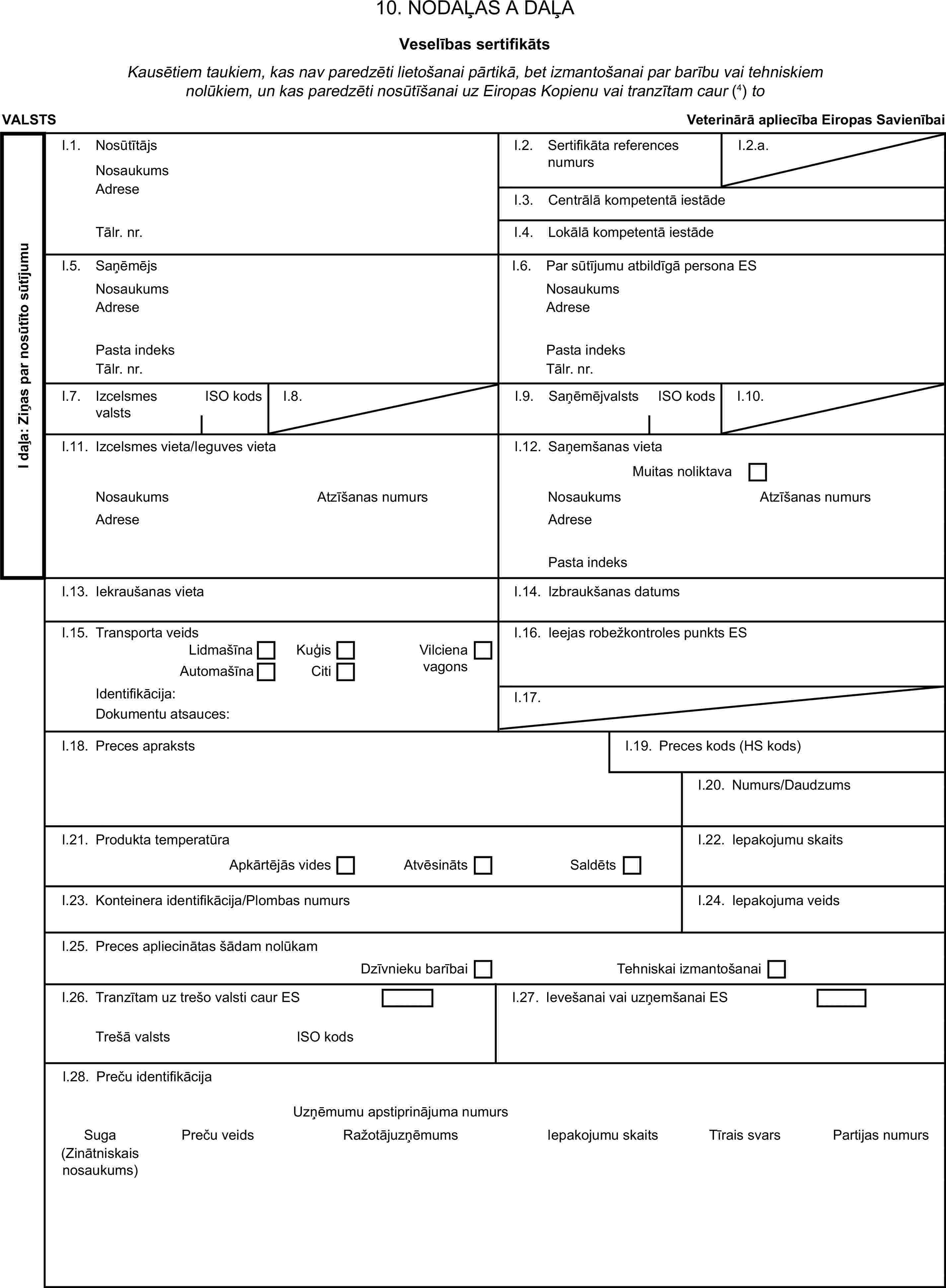 10. NODAĻAS A DAĻAVeselības sertifikātsKausētiem taukiem, kas nav paredzēti lietošanai pārtikā, bet izmantošanai par barību vai tehniskiem nolūkiem, un kas paredzēti nosūtīšanai uz Eiropas Kopienu vai tranzītam caur (4) toVALSTSVeterinārā apliecība Eiropas SavienībaiI daļa: Ziņas par nosūtīto sūtījumuI.1. NosūtītājsNosaukumsI.2. Sertifikāta references numursI.2.a.AdreseI.3. Centrālā kompetentā iestādeTālr. nr.I.4. Lokālā kompetentā iestādeI.5. SaņēmējsI.6. Par sūtījumu atbildīgā persona ESNosaukumsNosaukumsAdreseAdresePasta indeksPasta indeksTālr. nr.Tālr. nr.I.7. Izcelsmes valstsISO kodsI.8.I.9. SaņēmējvalstsISO kodsI.10.I.11. Izcelsmes vieta/Ieguves vietaI.12. Saņemšanas vietaMuitas noliktavaNosaukumsAtzīšanas numursNosaukumsAtzīšanas numursAdreseAdresePasta indeksI.13. Iekraušanas vietaI.14. Izbraukšanas datumsI.15. Transporta veidsI.16. Ieejas robežkontroles punkts ESLidmašīnaKuģisAutomašīnaCitiVilciena vagonsIdentifikācija:I.17.Dokumentu atsauces:I.18. Preces aprakstsI.19. Preces kods (HS kods)I.20. Numurs/DaudzumsI.21. Produkta temperatūraI.22. Iepakojumu skaitsApkārtējās videsAtvēsinātsSaldētsI.23. Konteinera identifikācija/Plombas numursI.24. Iepakojuma veidsI.25. Preces apliecinātas šādam nolūkamDzīvnieku barībaiTehniskai izmantošanaiI.26. Tranzītam uz trešo valsti caur ESI.27. Ievešanai vai uzņemšanai ESTrešā valstsISO kodsI.28. Preču identifikācijaUzņēmumu apstiprinājuma numursSugaPreču veidsRažotājuzņēmumsIepakojumu skaitsTīrais svarsPartijas numurs(Zinātniskais nosaukums)