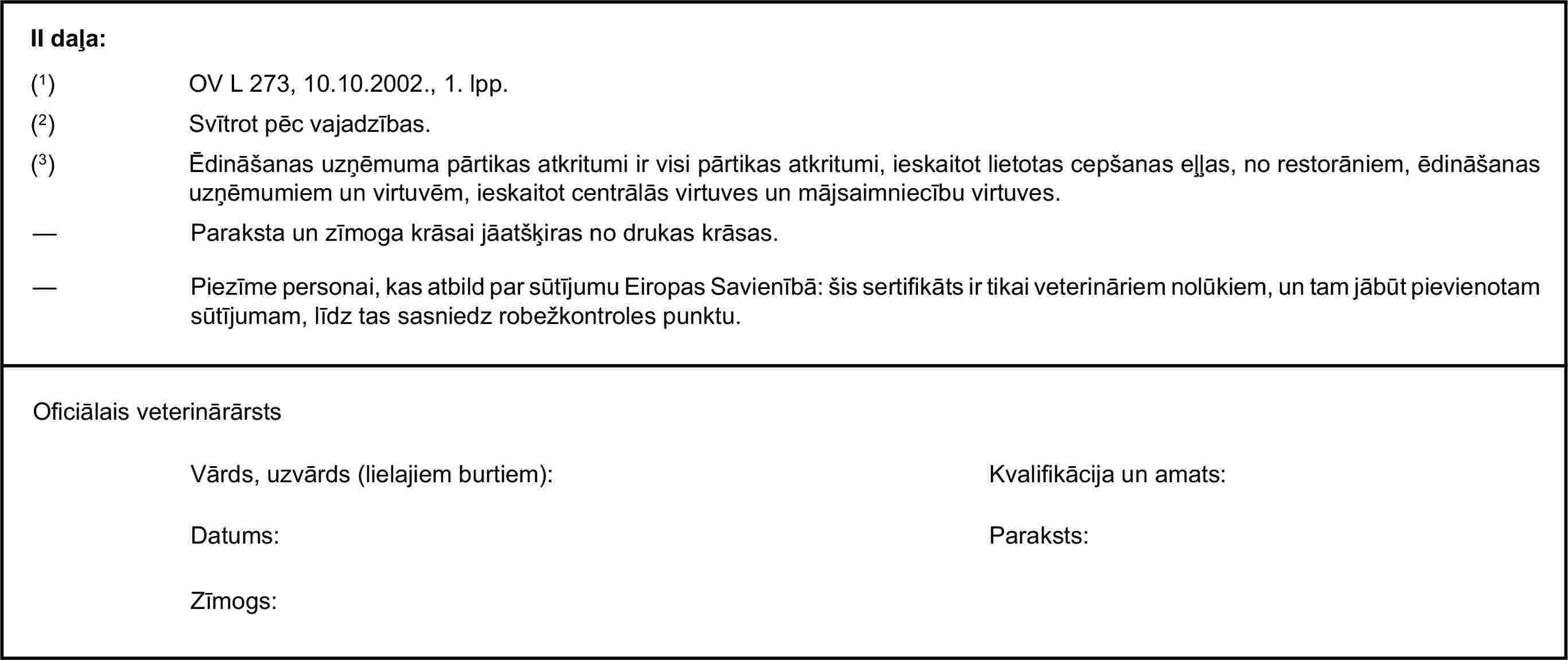 II daļa:(1) OV L 273, 10.10.2002., 1. lpp.(2) Svītrot pēc vajadzības.(3) Ēdināšanas uzņēmuma pārtikas atkritumi ir visi pārtikas atkritumi, ieskaitot lietotas cepšanas eļļas, no restorāniem, ēdināšanas uzņēmumiem un virtuvēm, ieskaitot centrālās virtuves un mājsaimniecību virtuves.— Paraksta un zīmoga krāsai jāatšķiras no drukas krāsas.— Piezīme personai, kas atbild par sūtījumu Eiropas Savienībā: šis sertifikāts ir tikai veterināriem nolūkiem, un tam jābūt pievienotam sūtījumam, līdz tas sasniedz robežkontroles punktu.Oficiālais veterinārārstsVārds, uzvārds (lielajiem burtiem):Kvalifikācija un amats:Datums:Paraksts:Zīmogs: